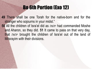 Bo 6th Portion (Exo 12)
49 There shall be one Torah for the native-born and for the
stranger who sojourns in your midst.”
50 All the children of Isra’el did as ‫יהוה‬ had commanded Moshe
and Aharon, so they did. 51 It came to pass on that very day,
that ‫יהוה‬ brought the children of Isra’el out of the land of
Mitsrayim with their divisions.
 