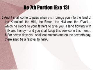 Bo 7th Portion (Exo 13)
5 And it shall come to pass when ‫יהוה‬ brings you into the land of
the Kena’ani, the Hitti, the Emori, the Hivi and the Y’vusi—
which he swore to your fathers to give you, a land flowing with
milk and honey—and you shall keep this service in this month:
6 For seven days you shall eat matzah and on the seventh day,
there shall be a festival to ‫.יהוה‬
 