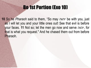 Bo 1st Portion (Exo 10)
10 So he Pharaoh said to them, “So may ‫יהוה‬ be with you, just
as I will let you and your little ones out! See that evil is before
your faces. 11 Not so; let the men go now and serve ‫,יהוה‬ for
that is what you request." And he chased them out from before
Pharaoh.
 