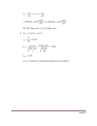 Page 20
tb tb
tb t
b
b
t tb
x t x t
n n
s s
µ +− ≤ ≤
8,473 8,473
2
209,444 2,479. 2
7
09,444 2
2
,479.
7
µ⇒ − ≤ ≤ + .
Vậy 2 2
205,36 / 213,44 /kg mm kg mmµ≤ ≤ .
d. 0 1: 0,4; : 0,4H p H p= ≠
0,1875
144
27
tbf= =
0
0 0
0,1875 0,4
5,025
(1 ) 0,4.0,6
144
tb
tn
f p
U
p p
n
− −
= = = −
−
(0,01) 2,58t =
| |tnU U> , bác bỏ 0H :tài liệu cho tỷ lệ quá cao so với thực tế.
 