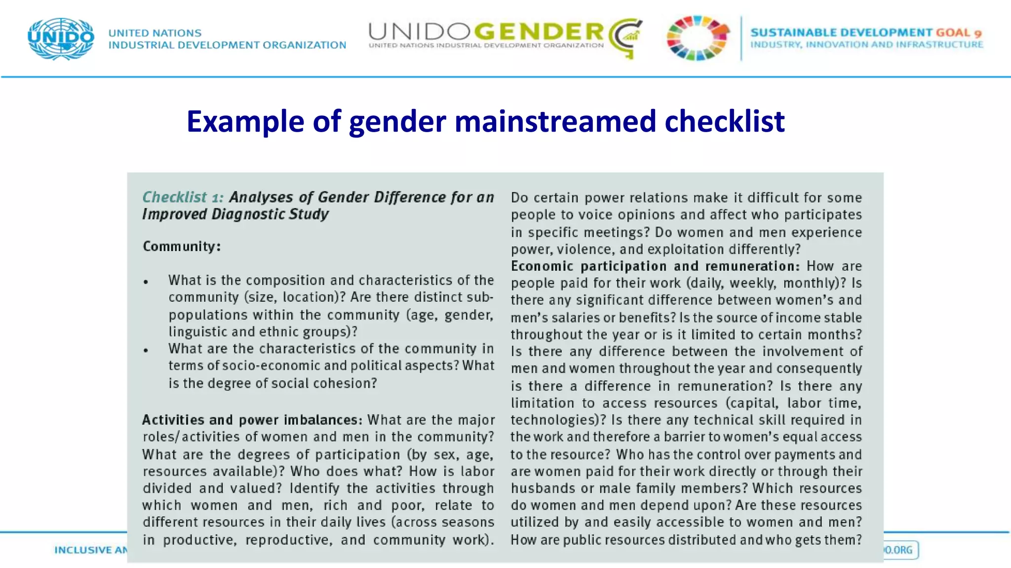 Example of gender mainstreamed checklist
 