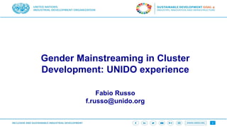 1
Gender Mainstreaming in Cluster
Development: UNIDO experience
Fabio Russo
f.russo@unido.org
 