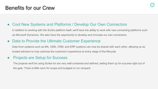 Benefits for our Crew
● Cool New Systems and Platforms / Develop Our Own Connectors
In addition to working with the Scribe platform itself, we’ll have the ability to work with new connecting platforms such
as Microsoft Dynamics. We also have the opportunity to develop and innovate our own connectors.
● Data to Provide the Ultimate Customer Experience
Data from systems such as MA, CMS, CRM, and ERP systems can now be shared with each other, allowing us as
trusted advisors to truly optimize the customer’s experience at every stage of the lifecycle.
● Projects are Setup for Success
The projects we’ll be using Scribe for are very well contained and defined, setting them up for success right out of
the gate. There is little room for scope and budgets to run rampant.
 