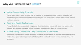 Why We Partnered with Scribe?
● Native Connectivity Shortfalls
Even in cases where a native connector may be available, for complex integrations, these are usually just not
powerful enough. In scenarios where advanced reporting and data manipulation is needed, a tool such as Scribe is
much more effective.
● Easy and Rapid Deployments
Through Scribe Online, we are able to integrate our clients’ applications exponentially faster than custom-coded
solutions. We can make changes in minutes, not weeks. Integration is a fact of life...so get good at it!
● Many Existing Connectors / Key Connectors in the Works
In addition to a large library of existing connectors, Scribe has recently teamed up with other enterprise application
vendors in our space to develop connectors for their platform. Additionally, we are working internally on our own
connectors.
 
