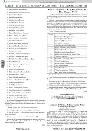 Documento descarregado pelopelo utilizador Adilson (10.73.103.139) em 27-02-2012 10:52:58.
                                                                             Documento descarregado utilizador Maria do Rosário (10.72.104.22) em 24-02-2012 14:47:49.
                                                                                © Todos os direitos reservados. A cópia ou distribuição não autorizada é proibida.



                  III SÉRIE — NO 38 «B. O.» DA REPÚBLICA DE CABO VERDE — 2 DE DEZEMBRO DE 2011                                                                           321
                    35 Jandira Helena Medina Évora                                                 Direcção-Geral dos Registos, Notariado
                    36 Jaquelina Rosário Gonçalves Pereira                                                  e Identiﬁcação Civil
                    37 Jassira Helena Varela                                                       Lista de classiﬁcativa ﬁnal dos candidatos Admitidos para o Concurso
                                                                                                 de acesso para preenchimento de 3 vagas nas categorias de Oﬁciais
                    38 Joana Baptista Ribeiro                                                    Conservador e Notário.
                    39 Joanita Ferreira Tavares                                                     Conforme a deliberação do júri publicava-se, a Lista de classiﬁcação
                                                                                                 ﬁnal dos candidatos admitidos no concurso de ingresso para preenchi-
                    40 João Luís Barros Correia                                                  mento de 3 (três) vagas para categoria de Oﬁciais Conservadores e No-
                    41 Jocileida Andrade Cabral                                                  tários, referência 6, escalão A, do quadro de pessoal oﬁcial Conservador
                                                                                                 e Notário da Direcção-Geral dos Registos, Notariado e Identiﬁcação
                    42 José Carlos Semedo Vieira                                                 Civil do Ministério da Justiça, publicado na III Série do Boletim Oﬁcial
                                                                                                 nº 32, de 21 de Outubro de 2011.
                    43 José Jorge Vieira Moreira
                                                                                                     Lista de candidatos admitidos
                    44 Joseane Marise Santos Maurício
                                                                                                    Número                                       Nomes
                    45 Kátia Cristina Lopes de Brito
                                                                                                         1         Marísia Helena Campinha Soares
                    46 Katia Helena dos Reis Almeida
                                                                                                         2         Ivanilda Mascarenhas Varela
                    47 Linisa Silva do Rosário                                                           3         Daniel David Mendes Soares
                    48 Lucília Maria da Luz dos Santos                                                   5         Maria Vieira Fernandes
                                                                                                         6         Dercelinda de Jesus Silva Martins
                    49 Ludmila Maria Lopes da Costa
                                                                                                         7         Ariette Iolanda Dos Santos Furtado
                    50 Manuela dos santos Fernandes
                                                                                                         8         Anderson Janice Moreno Barbosa
                    51 Manuela Neves Pires
                                                                                                         9         João Francisco Vaz Lopes Tavares
                    52 Maria da Conceição Páscoa Delgado
                                                                                                        10         Aniete Ailine Chantre Lima Barbosa Amado
                    53 Maria de Fátima Carvalho Alves                                                   12         Carlina M`ba Pereira
                    54 Maria de Fátima Clemente Batista de Pina                                         15         Manuel do Rosário Delgado Dias
                                                                                                        16         Álvaro Domingos Bento
1 411000 002089




                    55 Maria Rosário Vaz
                                                                                                        17         Marise de Jesus Ortet da Veiga
                    56 Marisia Helena Campinha Soares
                                                                                                        18         Carla Monteiro Varela
                    57 Melany Ferreira Ramos
                                                                                                        19         Clóvis Ramos Santos
                    58 Milazi Tavares dos Santos
                                                                                                        20         Gilson Antonio Moreno Cardoso
                    59 Miriam Natali Cruz Ferreira Medina                                               22         Kátia Soﬁa Correia Rocha Monteiro
                    60 Nádia Soﬁa Lima Ramos                                                         Data de realização das provas de conhecimento e das entrevistas:
                    61 Neila Samira Delgado Dongo                                                  Prova de conhecimento no dia 13 de Dezembro de 2011, pelas 09:00
                                                                                                 Horas.
                    62 Queila de lima Rosário Sança Martins
                                                                                                     Entrevistas no dia 19 de Dezembro de 2011, pelas 09:00 Horas
                    63 Rosana Miranda Monteiro
                                                                                                   Local a ser indicado, através do contacto directo da Direcção-Geral
                    64 Soeli Maria dos Santos                                                    dos Registos, Notariado e Identiﬁcação, com os candidatos.
                    65 Sónia Carla Gonçalves Andrade                                                Direcção Geral dos Registos, Notariado e Identiﬁcação, Praia 1 de Dezem-
                                                                                                 bro de 2011. – A Directora-Geral p/s Maria Albertina Tavares Duarte
                    66 Valeri Cardoso Lopes Pasquinha Dias
                                                                                                                                                                         (629)
                    67 Vanda Cristina Silva Gomes dos Santos

                    68 Verónica Silvânia Dias Cabral
                                                                                                                              –––––––o–––––––
                    69 Viacheslavia Benild Silva Vieira
                                                                                                         MINISTÉRIO DAS INFRAESTRUTURAS
                                                                                                               E ECONOMIA MARÍTIMA
                     Os candidatos pré-seleccionados deverão comparecer nas instalações
                  da Direcção Geral da Administração, situada na Avenida Cidade de                                                    –––––––
                  Funchal, Achada Santo António, Ministério da Justiça, nos seguintes
                  calendários:                                                                        Comissão de Alvarás de Empresas de Obras
                    I. Área de Direito, 12 de Dezembro, pelas 09:00 horas;
                                                                                                               Públicas e Particulares
                                                                                                                           DELIBERAÇÃO N° 080/2011
                    II. Área de psicologia, 14 de Dezembro, pelas 09:00 horas;
                                                                                                    Atendendo ao pedido da empresa portuguesa “CONSTRUTORA
                     III. Área de Sociologia e Assistente/Serviço Social, 16 de Dezembro,        UDRA, LDA”, com sede social na Rua Orfeão do Porto, 360 LJ 4,
                  pelas 09:00 horas.                                                             Porto – Portugal, representada pelo Sr. Joaquim Manuel dos Santos
                                                                                                 Morgado, residente em Portugal, a Comissão de Alvarás de Empresas
                    Deverão comparecer devidamente identiﬁcado com B.I.
                                                                                                 de Obras Públicas e Particulares (CAEOPP) deliberou, na sua sessão
                    Direcção de Serviço dos Recursos Humanos, do Ministério da Justiça,          ordinária de 28 de Outubro de 2011, conceder-lhe, ao abrigo do disposto
                  na Praia, aos 30 de Novembro de 2011. O Presidente de Júri, Dr. José           no n° 4 do artigo 4° do Decreto-Lei n° 45/2010, de 11 de Outubro, o
                  Tomás Soares de Sena Monteiro.                                                 alvará provisório para o exercício da actividade de empreiteiro ﬁcando
                                                                                                 inscrita nas seguintes especialidades e podendo executar obras até ao
                                                                                     (629)       valor das classes indicadas:


                                     https://kiosk.incv.cv                                                    F6198A65-9877-4C6F-BC34-610BCD6AE445
 