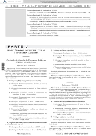 Documento descarregado pelo utilizador Felismino Thomás (10.73.102.134) em 23-02-2012 10:54:15.
                                                                                    Documento descarregado pelo utilizador Fernando (10.73.140.34) em 23-02-2012 12:14:39.
                                                                                    Documento descarregado pelo utilizador Julio Carlos (10.8.0.141) em 23-02-2012 12:13:07.
                                                                                                                            Adilson (10.73.103.139)                  11:18:33.
                                                                                        © Todos os direitos reservados. A cópia ou distribuição não autorizada é proibida.


                  24      II SÉRIE — NO 7 «B. O.» DA REPÚBLICA DE CABO VERDE — 3 DE FEVEREIRO DE 2012

                                                      Extracto Publicação de Sociedade nº 35/2012:
                                                         Certiﬁcando a constituição da sociedade “CEREJO – Materiais de Construção, Sociedade Unipessoal, Lda.”. . 26
                                                      Extracto Publicação de Sociedade nº 36/2012:
                                                         Certiﬁcando um registo de nomeação de órgãos sociais da sociedade comercial por quotas denominada
                                                            “BANCO INTERATLÂNTICO, SA.” .................................................................................................... 27
                                                         Conservatória dos Registos da Região de Primeira Classe de São Vicente:
                                                      Extracto Publicação de Sociedade nº 37/2012:
                                                            Certiﬁcando o registo de sociedade “RAÇÕES PRIMOR – Produção e Comercialização de Rações,
                                                             Limitada”. ............................................................................................................................................ 27
                                                         Conservatória dos Registos e Cartório Notarial da Região da Segunda Classe do Porto Novo:
                                                      Extracto Publicação de Sociedade nº 38/2012:
                                                         Certiﬁcando a constituição da associação “ESSOR”. ................................................................................ 27




                       PA RT E J
                    MINISTÉRIO DAS INFRAESTRUTURAS                                                               C- 5ª Categoria (Outros trabalhos)

                         E ECONOMIA MARÍTIMA                                                                          1ª Subcategoria (Demolições), na classe 1 (30.000 contos).

                                                                                                                      2ª Subcategoria (Movimentação de terras), na classe 1 (30.000
                                               –––––––                                                                      contos).

                   Comissão de Alvarás de Empresas de Obras                                                           9ª Subcategoria (Armaduras para betão armado) na classe 1
                                                                                                                            (30.000 contos).
                            Públicas e Particulares
1 471000 002089




                                                                                                                      10ª Subcategoria (Cofragens) na classe l (30.000 contos)
                                      DELIBERAÇÃO N° 087/2011
                                                                                                                      12ª Subcategoria (Andaimes e outras estruturas provisórias) na
                     A Comissão de Alvarás de Empresas de Obras Públicas e Particulares                                     classe 1 (30.000 contos)
                  (CAEOPP) deliberou na sua sessão ordinária de 25 de Novembro de
                  2011 conceder à empresa “QUALITÉCNICA, LDA” com sede social na                               A presente deliberação só se torna eﬁcaz com                                a emissão do com-
                  Cidade da Praia, e registo comercial n° 2107/060823 – Praia, represen-                     petente alvará.
                  tada pelo gerente, Nilton Filipe Gomes de Pina, residente na Cidade
                                                                                                                A Comissão de Alvarás de Empresas de Obras Públicas e Particu-
                  da Praia, novas subcategorias, na classe 1, que passarão a constar do
                                                                                                             lares, na Praia, aos 25 de Novembro de 2011. – A Presidente Maria
                  alvará modiﬁcado:
                                                                                                             Odete Silva Lima Dias.
                    A- 1ª Categoria (Edifícios e património construído):
                                                                                                                                                          –––––––
                       1ª Subcategoria (Estruturas e elementos de betão), na classe 1
                             (30.000 contos).                                                                                                 Deliberação n° 009/2012

                       3ª Subcategoria (Estruturas de madeira), na classe 1 (30.000                             A Comissão de Alvarás de Empresas de Obras Públicas e Particulares
                             contos).                                                                        (CAEOPP) deliberou, na sua sessão ordinária de 19 de Janeiro de 2012,
                                                                                                             conceder à empresa “DS – CONSTRUÇÕES, LDA”, com sede social em
                       4ª Subcategoria (Alvenarias, rebocos e assentamento de                                Palmarejo, Cidade da Praia, e registo comercial n° 2019520111202
                            cantarias), na classe 1 (30.000 contos).                                         – Praia, representada pelo sócio gerente, Emanuel Neves Duarte,
                                                                                                             residente em Palmarejo, Cidade da Praia, autorização para exercer a
                       5ª Subcategoria (Estuques, pinturas e outros revestimentos), na                       actividade de empreiteiro ﬁcando inscrita nas seguintes especialidades
                             classe 1 (30.000 contos).                                                       e podendo executar obras até ao valor da classe indicada:

                       6ª Subcategoria (Carpintarias), na classe 1 (30.000 contos).                              A- 1ª Categoria (Edifícios e património construído)

                       7ª Subcategoria (Trabalhos em perﬁs não estruturais), na classe                                1ª Subcategoria (Estruturas e elementos de betão) na classe 1
                             1 (30.000 contos).                                                                             (30.000 contos).

                       8ª Subcategoria (Canalizações e condutas em edifícios), na                                     4ª Subcategoria (Alvenarias, rebocos e assentamentos de
                             classe 1 (30.000 contos).                                                                     cantarias) na classe 1 (30.000 contos).

                                                                                                                      5ª Subcategoria (Estuques, pinturas e outros revestimentos) na
                        9ª Subcategoria (Instalações sem qualiﬁcação especíﬁca), na
                                                                                                                            classe 1 (30.000 contos)
                             classe 1 (30.000 contos).
                                                                                                                 B- 5ª Categoria (Outros trabalhos)
                        10ª Subcategoria (Restauro de bens imóveis histórico-artísticos),
                              na classe 1 (30.000 contos).                                                            1ª Subcategoria (Demolições) na classe 1 (30.000 contos)

                     B- 2ª Categoria (Vias de comunicação, obras de urbanização                                 A presente deliberação só se torna eﬁcaz com a emissão do compe-
                  e outras Infra-estruturas)                                                                 tente alvará.

                       8ª Subcategoria (Calcetamentos), na classe 1 (30.000 contos).                            A Comissão de Alvarás de Empresas de Obras Públicas e Particu-
                                                                                                             lares, na Praia, aos 25 de Novembro de 2011. – A Presidente Maria
                       9ª Subcategoria (Ajardinamentos), na classe 1 (30.000 contos).                        Odete Silva Lima Dias.


                                     https://kiosk.incv.cv                                                                   4EEE8172-5B0D-42F5-BE09-755FD91D0621
 