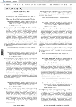 Documento descarregado pelo utilizador Felismino Thomás (10.73.102.134) em 23-02-2012 10:54:15.
                                                                             Documento descarregado pelo utilizador Fernando (10.73.140.34) em 23-02-2012 12:14:39.
                                                                             Documento descarregado pelo utilizador Julio Carlos (10.8.0.141) em 23-02-2012 12:13:07.
                                                                                                                     Adilson (10.73.103.139)                  11:18:33.
                                                                                 © Todos os direitos reservados. A cópia ou distribuição não autorizada é proibida.



                  II SÉRIE — NO 7 «B. O.» DA REPÚBLICA DE CABO VERDE — 3 DE FEVEREIRO DE 2012                                                                              123

                      PA RT E C
                                  CHEFIA DO GOVERNO                                                  É rectiﬁcado o despacho da Directora-Geral da Administração Públi-
                                                                                                  ca, por subdelegação de competência de S. Exª o Secretário de Estado
                                                                                                  da Administração Pública, publicado na II Série do Boletim Oﬁcial n°
                                                 –––––                                            39/2011, de 12 de Outubro.
                    SECRETARIA DE ESTADO DA ADMINISTRAÇÃO PÚBLICA
                                                                                                         (Visado pelo tribunal de Contas em 9 de Janeiro de 2012).
                     Direcção-Geral da Administração Pública                                                                             –––––
                        Extracto de Despacho nº 158/2012 – Da Directora-Geral da
                          Administração Pública, por subdelegação de competência de                       Extracto de Despacho nº 161/2012 – Da Directora-Geral da
                          S. Exª o Secretário de Estado da Administração Pública:                           Administração Pública, por subdelegação de competência de
                                                                                                            S. Exª o Secretário de Estado da Administração Pública:
                            De 23 de Novembro de 2011:
                                                                                                              De 5 de Dezembro de 2011:
                  Domingos Pereira Leal, primeiro subchefe, da Polícia Nacional –
                    desligado de serviço, para efeitos de aposentação, nos termos                 Maria Adelaide Andrade da Cruz Nascimento, assistente
                    do artigo 5°, n° 3, do Estatuto de Aposentação e da Pensão de                   administrativo, referência 6, escalão E, do quadro de pessoal do
                    Sobrevivência, aprovado pela Lei n° 61/III/89, de 30 de Dezembro,               Ministério das Relações Exteriores – desligada de serviço para
                    conjugado com o artigo 70º, alínea c), do Estatuto do pessoal                   efeitos de aposentação, nos termos do artigo 5º, nº 1, do Estatuto
                    policial aprovado pelo Decreto-Lei n° 8/2010, de 28 de Setembro,                de Aposentação e da Pensão de Sobrevivência, aprovado pela Lei
                    com direito a pensão anual de 1.058.844$00 (um milhão, cinquenta                nº 61/III/89, de 30 de Dezembro, com direito à pensão anual de
                    e oito mil, oitocentos e quarenta e quatro, escudos), sujeita a                 388.176$00 (trezentos e oitenta e oito mil cento e setenta e seis
                    rectiﬁcação, calculada de conformidade com o artigo 37° do Estatuto             escudos), sujeita à rectiﬁcação, calculada de conformidade com o
                    de Aposentação e da Pensão de Sobrevivência, correspondente a 34                artigo 37º do mesmo diploma, correspondente a 34 anos de serviço
                    anos de serviço prestado ao Estado, incluindo os aumentos legais.               prestado ao Estado, incluindo os aumentos legais.

                     É rectiﬁcado o despacho da Directora-Geral da Administração Públi-              Por despacho de 8 de Abril de 2010 do Director da Contabilidade
                  ca, por subdelegação de competência de S. Exª o Secretário de Estado            Pública, foi deferido o pedido de pagamento de quotas em atraso para
                  da Administração Pública, publicado no Boletim Oﬁcial n° 41/2011,               compensação de aposentação, referente ao período de 5 anos, 9 meses
                  de 26 de Outubro.                                                               e 25 dias.
                        (Visado pelo tribunal de Contas em 18 de Janeiro de 2012).                   O montante em dívida no valor de 94.413$00 (noventa e quatro mil
                                                                                                  quatrocentos e treze escudos), poderá ser amortizado em 60 prestações
                                                 –––––                                            mensais e consecutivas, sendo a primeira de 1.547$00 e as restantes
1 471000 002089




                                                                                                  de 1.574$00.
                        Extracto de Despacho nº 159/2012 – Da Directora-Geral da
                          Administração Pública, por subdelegação de competência de                      (Visado pelo tribunal de Contas em 18 de Janeiro de 2012).
                          S. Exª o Secretário de Estado da Administração Pública:
                            De 5 de Dezembro de 2011:                                                                                    –––––
                  Bartolomeu Correia Varela, professor do ensino básico principal,                        Extracto de Despacho nº 162/2012 – Da Directora-Geral da
                     referência 8, escalão D, do Ministério da Educação e Desporto                          Administração Pública, por subdelegação de competência de
                     – desligado de serviço para efeitos de aposentação, nos termos                         S. Exª o Secretário de Estado da Administração Pública:
                     do artigo 5° n° 3, do Estatuto de Aposentação e da Pensão de
                                                                                                              De 14 de Dezembro de 2011:
                     Sobrevivência, aprovado pela Lei n° 61/III/89, de 30 de Dezembro,
                     conjugado com o artigo 81° n° 2 do Decreto-Legislativo 2/2004, de            Avelino Cabral Pereira Furtado, escrivão de direito, referência 3,
                     29 de Março, com direito a pensão provisória anual de 1.435.848$00             escalão B, do quadro de pessoal do Tribunal da Comarca de 1ª
                     (um milhão, quatrocentos e trinta e cinco mil, oitocentos e quarenta           Classe da Praia – desligado de serviço para efeitos de aposentação,
                     e oito escudos), sujeita à rectiﬁcação, calculada de conformidade              nos termos do artigo 5º, nº 2 alínea c), do Estatuto de Aposentação
                     com o artigo 37° do Estatuto de Aposentação e da Pensão de                     e da Pensão de Sobrevivência, aprovado pela Lei nº 61III/89, de 30
                     Sobrevivência, correspondente a 32 anos de serviço prestado ao                 de Dezembro, com direito à pensão anual de 675.972$00 (seiscentos
                     Estado, incluindo os aumentos legais.                                          e setenta e cinco mil novecentos e setenta e dois escudos), sujeita à
                     É alterado o despacho de Despacho da Directora-Geral da Adminis-               rectiﬁcação, calculada de conformidade com o artigo 37º do mesmo
                  tração Pública, por subdelegação de competência de S. Exª o Secretário            diploma, correspondente a 17 anos e 4 meses de serviço prestado
                  de Estado da Administração Pública, publicado na II Série do Boletim              ao Estado, incluindo os aumentos legais.
                  Oﬁcial n° 22/2010, de 2 de Junho.                                                      (Visado pelo tribunal de Contas em 11 de Janeiro de 2012).

                                                 –––––                                                                                   –––––
                        Extracto de Despacho nº 160/2012 – Da Directora-Geral da
                          Administração Pública, por subdelegação de competência de                       Extracto de Despacho nº 163/2012 – Da Directora-Geral da
                          S. Exª o Secretário de Estado da Administração Pública:                           Administração Pública, por subdelegação de competência de
                                                                                                            S. Exª o Secretário de Estado da Administração Pública:
                            De 5 de Dezembro de 2011:
                                                                                                              De 5 de Dezembro de 2011:
                  Carlos António Fernandes, primeiro subchefe, referência 5, escalão B,
                     da Polícia Nacional – desligado de serviço, para efeitos de pré-             Manuel Bartolomeu Cabral, guarda-nocturno referência 1, escalão C,
                     aposentação, nos termos do n° 3 do artigo 5°, do Estatuto de                   da ex-Delegação de Santo Antão do Ministério das Infraestruturas
                     Aposentação e da Pensão de Sobrevivência, aprovado pela Lei n°                 e Transportes – desligado de serviço para efeitos de aposentação,
                     61/III/89, de 30 de Dezembro, conjugado com o artigo 65º e n° 7                nos termos do artigo 5º nº 2, alínea a) do Estatuto de Aposentação
                     do artigo 66° ambos do Decreto-Legislativo n° 8/2010, de 28 de                 e da Pensão de Sobrevivência, aprovado pela Lei nº 61/III/89, de 30
                     Setembro, com direito á pensão provisória anual de 828.228$00                  de Dezembro, com direito á pensão provisória anual de 216.288$00
                     (oitocentos e vinte e oito mil, duzentos e vinte e oito escudos),              (duzentos e dezasseis mil, duzentos e oitenta e oito escudos),
                     sujeita á rectiﬁcação, calculada de conformidade com o artigo                  sujeita à rectiﬁcação, calculada de conformidade com o artigo
                     37° do Estatuto de Aposentação e da Pensão de Sobrevivência,                   37º do Estatuto de Aposentação e da Pensão de Sobrevivência,
                     correspondente a 34 anos de serviço prestado ao Estado, incluindo              correspondente a 34 anos de serviço prestado ao Estado, incluindo
                     os aumentos legais.                                                            os aumentos legais.


                                     https://kiosk.incv.cv                                                     4EEE8172-5B0D-42F5-BE09-755FD91D0621
 