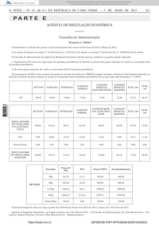 Documento descarregado pelo utilizador Adilson Varela (10.8.0.12) em 03-05-2013 08:59:11.
© Todos os direitos reservados. A cópia ou distribuição não autorizada é proibida.

II SÉRIE — NO 24 «B. O.» DA REPÚBLICA DE CABO VERDE — 3

DE MAIO DE 2013

431

PA RT E E
AGÊNCIA DE REGULAÇÃO ECONÓMICA
––––––
Conselho de Administração
Despacho n.º 02/2013
Considerando a evolução dos preços a nível internacional nos meses de Fevereiro de 2013 e Março de 2013;
E ao abrigo do disposto no artigo 11º do Decreto-Lei n.º 27/03 de 25 de Agosto e no artigo 7º do Decreto-Lei n.º 19/2009 de 22 de Junho;
O Conselho de Administração da Agência de Regulação Económica decide aprovar, conforme os quadros abaixo indicados:
1. O parâmetro CP (custos de importação dos produtos petrolíferos) da fórmula de cálculo dos preços máximos de venda ao consumidor ﬁnal
de produtos petrolíferos;
2. Os novos preços máximos de venda ao consumidor ﬁnal de produtos petrolíferos;
Os parâmetros CUGSL (custo unitário de gestão do sistema de logística) e MMUD (margem máxima unitária de distribuição) aplicados na
fórmula de cálculo do preço máximo de venda ao consumidor ﬁnal de produtos petrolíferos são os aprovados pelo Despacho n.º 11/2011.

BUTANO

1 689000 005433

PETROLEO

GASOLEO
NORMAL

GASOLEO
ESPECIAL
ELECTRICIDADE

GASOLEO
ESPECIAL
MARINHA

FUEL 380

FUEL
180

90,75

CP

GASOLINA

95,00

78,00

77,08

77,08

77,08

57,74

60,73

BUTANO

GASOLINA

PETROLEO

GASOLEO
NORMAL

GASOLEO ESPECIAL ELECTRICIDADE

GASOLEO
ESPECIAL
MARINHA

FUEL 380

FUEL
180

PREÇO MAXIMO
DE VENDA SEM
IVA E OUTRAS
TAXAS

156,04

124,43

98,31

101,94

96,22

94,09

67,40

75,02

IVA

3,90

18,66

14,75

15,29

14,43

0,00

10,11

11,25

Outras Taxas

0,00

7,00

0,00

7,00

0,00

0,00

0,00

0,00

PREÇO MAXIMO
DE VENDA ARREDONDADO

159,90

150,10

113,10

124,20

110,60

94,10

77,50

86,30

Garrafas

Preço S/
IVA

IVA

Preço C/IVA

Arredondamento

3Kg

444,72

11,11

455,83

456,00

6Kg

936,26

23,38

959,64

960,00

12,5Kg

1950,54

48,71

1999,25

1999,00

55Kg

8582,37

214,34

8796,71

8797,00

Granel (Kg)

156,04

3,90

159,94

159,90

BUTANO

O presente despacho entra em vigor a partir das 00:00 horas do dia 8 de Abril de 2013 e vigora até 7 de Junho de 2013.
Agência de Regulação Económica, na Cidade da Praia, aos 5 de Abril de 2013. – O Conselho de Administração, Dr. João Renato Lima – Presidente, António Francisco Tavares e Rito Manuel Évora – Administradores.

https://kiosk.incv.cv

62F5DCDE-F9FF-4FF6-BA36-ED0514C84E33

 