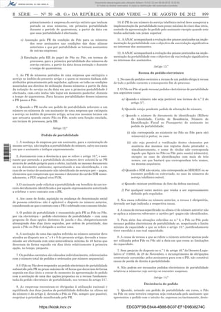 Documento descarregado pelo utilizador Adilson (10.8.0.12) em 06-08-2012 15:32:50.
                                                                                 © Todos os direitos reservados. A cópia ou distribuição não autorizada é proibida.



                  II SÉRIE — NO 50 «B. O.» DA REPÚBLICA DE CABO VERDE — 3 DE AGOSTO DE 2012                                                                           899
                               primariamente à empresa do serviço extinto que tenham                 10. O PR de um número do serviço telefónico móvel deve assegurar a
                               portado os seus números, em primeira portabilidade                 implementação da portabilidade num prazo máximo de cinco dias úteis,
                               durante o período de quarentena, a partir da data em               contado da apresentação do pedido pelo assinante excepto quando este
                               que essa portabilidade é efectuada;                                tenha solicitado um prazo superior.

                        e) Assunção pelo PR da condição de Pdo para os números                      11. A ANAC acompanhará a evolução dos prazos praticados na imple-
                              dos seus assinantes nas condições das duas alíneas                  mentação da portabilidade com o objectivo da sua redução signiﬁcativa
                              anteriores e que por portabilidade se tornam assinantes             no interesse dos assinantes.
                              de outras empresas;
                                                                                                    12. A ANAC acompanhará a evolução dos prazos praticados na imple-
                        f) Emulação pela ER do papel de Pdo ou Pde, em termos de                  mentação da portabilidade com o objectivo da sua redução signiﬁcativa
                              processos, para a primeira portabilidade dos números do             no interesse dos assinantes.
                              serviço extinto, a partir da data dessa extinção e durante
                                                                                                                                         Artigo 13.º
                              o tempo de quarentena.
                                                                                                                          Recusa do pedido electrónico
                     5. Ao PR de números portados de uma empresa que extinguiu o
                  serviço no âmbito do presente artigo e a quem os mesmos tinham sido                1. No caso de pedidos coerentes a recusa de um pedido obriga à recusa
                  atribuídos primariamente pelo regulador, aplicam -se todas as condições         de todo o pedido coerente e consequente ﬁm do processo.
                  associadas aos direitos de utilização desses números a partir da data
                  da extinção do serviço ou da data em que a primeira portabilidade é               2. O Pdo ou Pde só pode recusar pedidos electrónicos de portabilidade
                  efectuada, caso esta tenha tido lugar em momento posterior, durante             nos seguintes casos:
                  o tempo de quarentena. Para futuras portabilidades desses números
                  o PR passa a Pdo.                                                                       a) Quando o número não seja portável nos termos do n.º 2 do
                                                                                                                artigo 3.º;
                     6. Quando o PR recebe um pedido de portabilidade referente a um
                  número ou números de um assinante de uma empresa que extinguiu                          b) Quando esteja pendente pedido de alteração do número;
                  o serviço no âmbito do presente artigo, actua nos mesmos termos em                      c) Quando o número do documento de identiﬁcação (Bilhete
                  que actuaria quando existe Pdo ou Pde, sendo esta função emulada,                             de Identidade, Cartão de Residência, Número de
                  em termos de processos, pela ER.                                                              Identiﬁcação Fiscal ou Passaporte) do assinante no
                                                                                                                pedido de portabilidade;
                                                Artigo 12.º
                                                                                                               (i) não corresponda ao existente no Pdo ou Pde para o(s)
                                       Pedido de portabilidade                                                     número(s) a portar, ou caso

                    1. A mudança de empresa por um assinante, para a contratação do                            (ii) não seja possível a veriﬁcação destes elementos por
                  mesmo serviço, não implica a portabilidade do número, salvo nos casos                            ausência dos mesmos nos registos deste prestador e,
1 574000 002089




                  em que o assinante o indique expressamente.                                                      simultaneamente, o nome do titular não corresponda
                                                                                                                   àquele que ﬁgura no Pdo ou Pde para esse(s) número(s),
                     2. Juntamente com a denúncia a que se refere o artigo 10.º, o assi-                           excepto no caso de identiﬁcações com mais de três
                  nante que pretenda a portabilidade do número deve solicitá-la ao PR                              nomes, em que bastará que correspondam três nomes,
                  através de pedido próprio para o efeito, incluído no mesmo documento                             na mesma sequência;
                  ou em documento autónomo, apresentando a sua identiﬁcação, e em
                  caso de se tratar de assinante não identiﬁcado de serviços pré – pagos,                 d) Quando o SIM não exista, não corresponda ao MSISDN ou se
                  elementos que comprovam que mesmo é detentor do cartão SIM nome-                              encontre perdido ou extraviado, no caso de números do
                  adamente, o PIN original e/ou PUK.                                                            serviço telefónico móvel;

                     3. O assinante pode solicitar a portabilidade em benefício de um ter-                e) Quando existam problemas do foro da defesa nacional;
                  ceiro devidamente identiﬁcado e por aquele expressamente autorizado
                                                                                                          f) Por qualquer outro motivo que venha a ser expressamente
                  a celebrar o novo contrato com o PR.
                                                                                                                 deﬁnido pelo regulador.
                     4. Aos casos de fusão, aquisição ou mudança de denominação social              3. Nos casos referidos no número anterior, a recusa é obrigatória,
                  de pessoas colectivas não é aplicável o disposto no número anterior,            devendo ser logo indicada a respectiva causa.
                  considerando-se que o contrato com o PR é celebrado com o mesmo titular.
                                                                                                     4. A causa de recusa especiﬁcada na alínea c) do número anterior não
                    5. O pedido de portabilidade é transmitido pelo PR ao Pdo ou Pde,             se aplica a números referentes a cartões pré -pagos não identiﬁcados.
                  por via electrónica – pedido electrónico de portabilidade – com uma
                  proposta de duas opções distintas de janela e dia, obrigatoriamente                5. Para além das situações referidas no n.º 2, o Pdo ou Pde pode
                  abrangendo dois dias úteis seguidos, por ordem de prioridade, das               recusar pedidos electrónicos de portabilidade se, respeitando o limite
                  quais o Pdo ou Pde é obrigado a aceitar uma.                                    mínimo de capacidade a que se refere o artigo 15.º, justiﬁcadamente
                                                                                                  tiver excedido a sua real capacidade.
                     6. A aceitação de uma das opções referida no número anterior deve
                  atender ao disposto nos n.º s 8 e 9 do presente artigo, devendo a trans-           6. A causa de recusa a que se refere o número anterior apenas pode
                  missão ser efectuada com uma antecedência mínima de 48 horas que                ser utilizada pelos Pdo ou Pde até a data em que cessa as limitações
                  decorram de forma seguida em dias úteis relativamente à primeira                de capacidade.
                  opção, no tempo, proposta.
                                                                                                     7. Sem prejuízo do disposto no n.º 1 do artigo 46.º do Decreto-Legis-
                    7. Os pedidos coerentes são colocados individualmente, referenciados          lativo nº 7/2005, de 28 de Novembro, o incumprimento de obrigações
                  com o número total de pedidos e ordenados por número sequencial.                contratuais assumidas pelos assinantes para com o PD, não constitui
                                                                                                  causa de perda do direito à portabilidade.
                     8. O Pdo ou Pde deve responder ao pedido electrónico de portabilidade
                                                                                                     8. Não podem ser recusados pedidos electrónicos de portabilidade
                  submetido pelo PR no prazo máximo de 48 horas que decorram de forma
                                                                                                  relativos a números cujo serviço se encontre suspenso.
                  seguida em dias úteis a contar do momento da apresentação do pedido
                  com a aceitação de uma das opções propostas ou a recusa fundamen-                                                      Artigo 14.º
                  tada do pedido electrónico de portabilidade, nos termos do artigo 13.º.
                                                                                                                               Desistência do pedido
                     9. As empresas encontram-se obrigadas à utilização racional e
                  equilibrada das duas janelas de portabilidade deﬁnidas na alínea m)               1. Quando, estando um pedido de portabilidade em curso, o Pdo
                  do número 1 do artigo 2, devendo o Pdo ou Pde, sempre que possível,             ou Pde ou uma terceira empresa seja contactada pelo assinante que
                  respeitar a prioridade manifestada pelo PR.                                     apresentou o pedido com o intuito de, expressa ou tacitamente, desis-


                                      https://kiosk.incv.cv                                                   EDCD7F9B-E64A-4B88-BC07-EF1D9B38274C
 