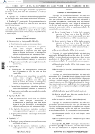 Documento descarregado pelo utilizador Adilson Varela (10.8.0.12) em 18-02-2013 16:21:27.
© Todos os direitos reservados. A cópia ou distribuição não autorizada é proibida.

156

I SÉRIE — NO 7 «B. O.» DA REPÚBLICA DE CABO VERDE — 4 DE FEVEREIRO DE 2013

6. Tipologia E1: construções destinadas equipamentos
de ensino básico, bem como dos seus anexos ao exercício
da função.
8. Tipologia EP: Construções destinadas equipamentos
de protecção civil e seus anexos ao exercício da função.
9. Tipologia EP: construções destinadas equipamentos de mercados e feiras bem como dos seus anexos ao
exercício da função.
10. Tipologia espaço lúdico-recreativo: construções
destinadas exclusivamente a espaços de lazer, praças,
mobiliários urbanos bem como verde de enquadramento
e manutenção.
Artigo 41°
Tipos de utilização interditos

1. São interditas as tipologias H1, H2 e He:
a) Construções de equipamentos comerciais;
b) Os estabelecimentos industriais ou agrícolas
assim
como
estações
destinadas
a
armazenagem e depósitos que não sejam
áreas de serviço do edifício, os entrepostos,
oﬁcinas, qualquer que seja a sua superfície;

1 655000 005433

c) Os depósitos de resíduos, materiais, sucata ou
outros, prejudiciais à higiene e ao ambiente; e
d) As garagens destinadas a reparação de veículos
automóveis.
2. Tipologia Hc:
a)

Construções de equipamentos comerciais
que ultrapassem os 25% do total da área
construída;

b) Os estabelecimentos industriais ou agrícolas
assim
como
estações
destinadas
a
armazenagem e depósitos que não sejam
áreas de serviço do edifício, os entrepostos,
oﬁcinas, qualquer que seja a sua superfície;
c) Os depósitos de resíduos, materiais, sucata ou
outros, prejudiciais à higiene e ao ambiente; e
d) As garagens destinadas a reparação de veículos
automóveis.
3. Tipologia E, E2 e ER:
a) Os estabelecimentos industriais ou agrícolas
assim
como
estações
destinadas
a
armazenagem e depósitos que não sejam
áreas de serviço do edifício, os entrepostos,
oﬁcinas, qualquer que seja a sua superfície;

Artigo 42°
Condições de implantação dos lotes

1. Tipologia H1: construções indicadas nos lotes dos
quarteirões Q12 a Q15, desta subzona, constituído por
lotes que têm áreas de 294.00 e 449.00 m2, (duzentos e
noventa e quatrocentos e quarenta e nove metros quadrados), respectivamente, com 2 pisos de volumetria,
rés-do-chão mais um piso com a opção de um piso em
mansarda ou recuado, e têm as seguintes condições de
implantação das construções:
a) Recuo frontal igual a 3.00m (três metros),
excepto os lotes com a área de 420.00m2
(quatrocentos e vinte metros quadrados) que
têm recuo frontal de 5.00m (cinco metros);
b) Recuo posterior igual a 3.00m (três metros),
excepto os lotes com a área de 420.00m2
(quatrocentos e vinte metros quadrados) que
têm recuo frontal de 5.00m (cinco metros); e
c) Recuo lateral igual a 3.00m (três metros).
2. Tipologia H2: construções indicadas nos lotes dos
quarteirões Q16 a Q-09 e Q10, e têm a área de 180.00m2
a 195 m2, (cento e oitenta a cento e noventa e cinco metros
quadrados) de volumetria 2, rés-do-chão mais um e têm
as seguintes condições de implantação das construções:
a) Recuo frontal igual a 2.50m (dois virgula cinco
metros); e
b) Recuo posterior igual a 2.50m (dois virgula cinco
metros).
3. Tipologia Hc: construções indicadas nos lotes dos
quarteirões Q02, Q05 e Q08 desta subzona, constituído
por lotes que têm áreas de 288.00 e 380.00m2 (duzentos
e oitenta e oito e trezentos e oitenta metros quadrados),
respectivamente, com 3 (três) pisos de volumetria, rés-dochão mais dois pisos com a opção de um piso em mansarda
ou recuado, e têm as seguintes condições de implantação
das construções:
a) Galeria frontal igual a 3.00m (três metros);
b) Galeria lateral, para lotes de esquina igual a
3.00m (três metros); e
c) Recuo posterior igual a 3.00m (três metros).

b) Os depósitos de resíduos, materiais, sucata ou
outros, prejudiciais à higiene e ao ambiente; e

4. Tipologia H3: construções indicadas nos lotes dos
quarteirões Q17constituidos por lotes que têm a área de
120.00m2, (cento e vinte metros quadrados), com volumetria de 2 (dois) pisos, rés-do-chão mais um e têm ainda
as seguintes condições de implantação das construções:

c) As garagens destinadas a reparação de veículos
automóveis;

a) Recuo frontal igual a 2.50m (dois virgula cinco
metros); e

4. Tipologia) LC:
a) Quaisquer construções excepto equipamentos e
mobiliário urbano; e
b) Os depósitos de resíduos, materiais, sucata ou
outros, prejudiciais à higiene e ao ambiente.
https://kiosk.incv.cv

b) Recuo posterior igual a 2.50m (dois virgula cinco
metros).
5. Tipologias E1, EP, EMF; construções indicadas nos
quarteirões Q11, Q18 e Q19 desta subzona, constituídas
por lotes que serão objecto de projectos de pormenor.
E8C8C089-B4A5-4E20-BBFD-3FB5C8F9CCB7

 
