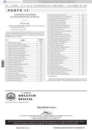 Documento descarregado pelo utilizador Adilson Varela (10.8.0.12) em 07-03-2013 09:55:00.
© Todos os direitos reservados. A cópia ou distribuição não autorizada é proibida.

228

II SÉRIE — NO 13 «B. O.» DA REPÚBLICA DE CABO VERDE — 4 DE MARÇO DE 2013

PA RT E I 1
CONSELHO SUPERIOR
DA MAGISTRATURA JUDICIAL
–––––
Secretaria
Extracto de deliberação nº 12/2013 – Do Conselho Superior
da Magistratura Judicial:
De 22 de Fevereiro de 2013:
Aos vinte e dois dias do mês Fevereiro de dois mil e treze, o Conselho
Superior da Magistratura Judicial reunido em sessão ordinária, homologou a lista de classiﬁcação ﬁnal dos candidatos do curso de oﬁcias
de diligências, que é seguinte:

1 667000 005433

Nº
1
2
3
4
5
6
7
8
9
10
11
12
13
14
15
16
17
18
19
20
21
22

NOME
Edna Giselle S. Lopes
Janice da Conceição Fernandes
Gerson Manuel S. L. Lima Monteiro
Kátia Soraia Pereira Baessa
Gilson de Jesus Neves Lopes
Verânio Patrick Correia Lima
Pedro Correia Lopes Barbosa
Nélida da Conceição Ramos Correia
Tereza de Jesus Lopes Brito
Iolanda Jandira Tavares Baessa
Eneida Assunção Tibúrcio
Orisa Almeida Varela
Emanuela Barbosa Lopes de Pina
Joaquim Pedro Gomes
Esperança Pereira Gomes
Helena Samira da Veiga
Sónia Patrícia S. Monteiro
Ivan Santos Silva
Elcy de Jesus Ribeiro Varela
Onildo Aguinaldo Correia Varela
Edson Varela Monteiro
Elizabeth dos Reis Costa

Média
Final
16,9
15,1
15
14,9
14,8
14,8
14,7
14,6
14,5
14,4
14,3
14,3
14,2
14,2
14,1
14,1
14,1
14
13,9
13,8
13,7
13,7

23
24
25
26
27
28
29
30
31
32
33
34
35
36
37
38
39
40
41
42
43
44
45
46
47
48
49
50
51
52
53
54
55
56

Floriano Jorge Lopes Leite
Nereida Patrícia de S. O. B. Monteiro
Danilson R. Figueiredo R. Évora
Elizabeth Freitas Correia
Gisela Tavares dos Santos
Gisabela Leal de Carvalho
Inélida Isabel Semedo Fernandes
Josiene Cíntia Barros Monteiro
Elizeu Pina B. Amado
Indira Patrícia S. Alves Nascimento
Janise Leal Mendes
Romina Maísa da Luz Fernandes
Valdira Vanessa Tavares F. Correia
Zuleica Cristina Fortes da Graça
Carla Maria Pina Rodrigues Pires
Mª de Fátima Vieira Moreno
Timóteo Ramos Semedo
Vladmir Lopes Soares
Emerson Djiskar Mendes Ramos
Luizandro Abreu dos Reis
Luís Gonçalves Nunes
José Pinto Silva
Ramiro Gil Morais
Elsa Emília Vieira Moniz
Evandro Jorge de Pina Tavares
Mário Isildo Furtado Vaz
Janne Alves Andrade
Mónica Helena Lopes
Adilson Gomes
Jandira Lopes Araújo
Mª da Graça Moreira Semedo
Paulo David Oliveira Henrique Alves
Amílcar António B. Évora
Leila Cimonia Semedo da Veiga

13,7
13,6
13,4
13,3
13,2
12,9
12,9
12,9
12,8
12,8
12,8
12,8
12,8
12,8
12,7
12,7
12,6
12,6
12,5
12,4
12,4
12,3
12,3
12,2
12,2
11,9
11,8
11,5
11,4
11,4
10,9
10,3
10,2
10,2

Está conforme
Secretaria do Conselho Superior da Magistratura Judicial, na Praia, aos
26 de Fevereiro de 2013. – O Secretário p/substituição, Joaquim Semedo

II SÉRIE

BOLETIM
O FI C I AL
Registo legal, nº 2/2001, de 21 de Dezembro de 2001

Endereço Electronico: www.incv.cv
Av. da Macaronésia,cidade da Praia - Achada Grande Frente, República Cabo Verde.
C.P. 113 • Tel. (238) 612145, 4150 • Fax 61 42 09
Email: kioske.incv@incv.cv / incv@incv.cv
I.N.C.V., S.A. informa que a transmissão de actos sujeitos a publicação na I e II Série do Boletim Oﬁcial devem
obedecer as normas constantes no artigo 28º e 29º do Decreto-Lei nº 8/2011, de 31 de Janeiro.

https://kiosk.incv.cv

E354EBA6-5605-4970-B823-F3C995E9881B

 