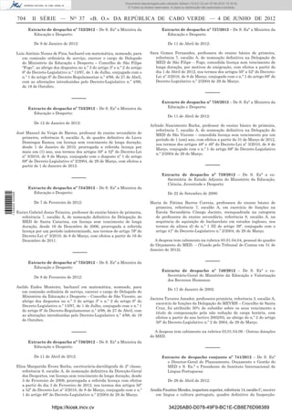 Documento descarregado pelo utilizador Adilson (10.8.0.12) em 07-06-2012 15:16:32.
                                                                                   © Todos os direitos reservados. A cópia ou distribuição não autorizada é proibida.


                  704      II SÉRIE — NO 37                  «B. O.» DA REPÚBLICA DE CABO VERDE — 4 DE JUNHO DE 2012
                        Extracto de despacho nº 732/2012 – De S. Exª a Ministra da                          Extracto de despacho nº 737/2012 – De S. Exª a Ministra da
                          Educação e Desporto:                                                                Educação e Desporto:

                            De 9 de Janeiro de 2012:                                                             De 11 de Abril de 2012:

                  Luís António Nunes de Pina, bacharel em matemática, nomeado, para                 Sara Gomes Fernandes, professora do ensino básico de primeira,
                     em comissão ordinária de serviço, exercer o cargo de Delegado                     referência 7, escalão A, de nomeação deﬁnitiva na Delegação do
                     do Ministério da Educação e Desporto – Concelho de São Filipe                     MED de São Filipe – Fogo, concedida licença sem vencimento de
                     “Fogo”, ao abrigo dos dispostos no n.º 3 do artigo 3º e n.º 2 do artigo           longa duração, por motivos de emigração, com efeitos a partir do
                     6º do Decreto-Legislativo n.º 13/97, de 1 de Julho, conjugado com o               dia 1 de Abril de 2012, nos termos dos artigos 50º a 52º do Decreto-
                     n.º 1 do artigo 6º do Decreto-Regulamentar n.º 4/98, de 27 de Abril,              Lei nº 3/2010, de 8 de Março, conjugado com o n.º 1 do artigo 68º do
                     com as alterações introduzidas pelo Decreto-Legislativo n.º 4/98,                 Decreto-Legislativo n.º 2/2004 de 29 de Março.
                     de 19 de Outubro.
                                                                                                                                            –––––
                                                  –––––
                                                                                                            Extracto de despacho nº 738/2012 – De S. Exª a Ministra da
                        Extracto de despacho nº 733/2012 – De S. Exª a Ministra da                            Educação e Desporto:
                          Educação e Desporto:
                                                                                                                 De 11 de Abril de 2012:
                            De 12 de Janeiro de 2012:
                                                                                                    Arlindo Nascimento Rocha, professor do ensino básico de primeira,
                                                                                                       referência 7, escalão A, de nomeação deﬁnitiva na Delegação do
                  José Manuel da Veiga de Barros, professor do ensino secundário de
                                                                                                       MED de São Vicente – concedida licença sem vencimento por um
                     primeira, referência 9, escalão A, do quadro deﬁnitivo do Liceu
                                                                                                       período de 1 (um) ano, com efeitos a partir de 31 de Março de 2012,
                     Domingos Ramos, em licença sem vencimento de longa duração,
                                                                                                       nos termos dos artigos 48º e 49º do Decreto-Lei nº 3/2010, de 8 de
                     desde 1 de Janeiro de 2010, prorrogada a referida licença por
                                                                                                       Março, conjugado com o n.º 1 do artigo 68º do Decreto-Legislativo
                     mais um (1) ano, nos termos dos artigos 50º a 52º do Decreto-Lei
                                                                                                       n.º 2/2004 de 29 de Março.
                     nº 3/2010, de 8 de Março, conjugado com o disposto nº 1 do artigo
                     68º de Decreto-Legislativo nº 2/2004, de 29 de Março, com efeitos a
                     partir de 1 de Janeiro de 2012.                                                                                        –––––
                                                                                                            Extracto de despacho nº 739/2012 – De S. Exª a ex-
                                                  –––––                                                       Secretária de Estado Adjunta do Ministério da Educação,
                                                                                                              Ciência, Juventude e Desporto:
                        Extracto de despacho nº 734/2012 – De S. Exª a Ministra da
                          Educação e Desporto:                                                                   De 22 de Setembro de 2000:
1 539000 002089




                            De 7 de Fevereiro de 2012:                                              Maria de Fátima Barros Correia, professora do ensino básico de
                                                                                                      primeira, referência 7, escalão A, em exercício de funções na
                  Eurico Gabriel Jesus Teixeira, professor do ensino básico de primeira,              Escola Secundária Cónego Jacinto, reenquadrada na categoria
                    referência 7, escalão A, de nomeação deﬁnitiva da Delegação do                    de professora do ensino secundário, referência 8, escalão A, na
                    MED de Santa Catarina, em licença sem vencimento de longa                         sequência de aquisição de bacharelato em estudos ingleses, nos
                    duração, desde 16 de Dezembro de 2006, prorrogada a referida                      termos da alínea d) do n.º 1 III do artigo 39º, conjugado com o
                    licença por um período indeterminado, nos termos do artigo 79º do                 artigo 41º do Decreto-Legislativo n.º 2/2004, de 29 de Março.
                    Decreto-Lei nº 3/2010, de 8 de Março, com efeitos a partir de 16 de
                    Dezembro de 2011.                                                                 A despesa tem cabimento na rubrica 03.01.04.04, pessoal do quadro
                                                                                                    do Orçamento do MED. – (Visado pelo Tribunal de Contas em 31 de
                                                                                                    Janeiro de 2012).
                                                   –––––
                        Extracto de despacho nº 735/2012 – De S. Exª a Ministra da                                                          –––––
                          Educação e Desporto:
                                                                                                            Extracto de despacho nº 740/2012 – De S. Exª o ex-
                            De 8 de Fevereiro de 2012:                                                        Secretário-Geral do Ministério da Educação e Valorização
                                                                                                              dos Recursos Humanos:
                  Anildo Eudes Monteiro, bacharel em matemática, nomeado, para
                                                                                                                 De 17 de Janeiro de 2002:
                     em comissão ordinária de serviço, exercer o cargo de Delegado do
                     Ministério da Educação e Desporto – Concelho de São Vicente, ao
                                                                                                    Jacinta Tavares Amador, professora primária, referência 3, escalão A,
                     abrigo dos dispostos no n.º 3 do artigo 3º e n.º 2 do artigo 6º do
                                                                                                       exercício de funções da Delegação do MEVRH – Concelho de Santa
                     Decreto-Legislativo n.º 13/97, de 1 de Julho, conjugado com o n.º 1
                                                                                                       Cruz, foi atribuído 30% de subsídio sobre os seus vencimento a
                     do artigo 6º do Decreto-Regulamentar n.º 4/98, de 27 de Abril, com
                                                                                                       titulo de compensação pela não redução de carga horária, com
                     as alterações introduzidas pelo Decreto-Legislativo n.º 4/98, de 19
                                                                                                       efeitos a partir do ano lectivo 2002/03, ao abrigo do n.º 2 do artigo
                     de Outubro.
                                                                                                       50º do Decreto-Legislativo n.º 2 de 2004, de 29 de Março.

                                                  –––––                                                A despesa tem cabimento na rubrica 03.01.04.09 - Outras dotações
                                                                                                    do MED.
                        Extracto de despacho nº 736/2012 – De S. Exª a Ministra da
                          Educação e Desporto:                                                                                              –––––
                            De 11 de Abril de 2012:                                                         Extracto de despacho conjunto nº 741/2012 – De S. Exª
                                                                                                              o Director-Geral de Planeamento, Orçamento e Gestão do
                  Elisa Margarida Évora Rocha, escriturária-dactilógrafa de 2ª classe,                        MED e S. Ex.ª o Presidente do Instituto Internacional de
                     referência 9, escalão A, de nomeação deﬁnitiva da Direcção-Geral                         Língua Portuguesa:
                     dos Desportos, em licença sem vencimento de longa duração, desde
                     3 de Fevereiro de 2009, prorrogada a referida licença com efeitos                           De 29 de Abril de 2012:
                     a partir do dia 3 de Fevereiro de 2012, nos termos dos artigos 50º
                     a 52º do Decreto-Lei nº 3/2010, de 8 de Março, conjugado com o n.º             Amália Faustino Mendes, inspectora superior, referência 14, escalão C, mestre
                     1 do artigo 68º do Decreto-Legislativo n.º 2/2004 de 29 de Março.                em língua e cultura português, quadro deﬁnitivo da Inspecção-


                                      https://kiosk.incv.cv                                                      34226AB0-D078-49F9-BC1E-CB8E76D98389
 