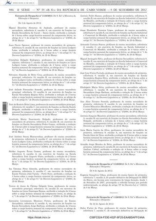 986 II SÉRIE — NO
55 «B. O.» DA REPÚBLICA DE CABO VERDE — 5 DE SETEMBRO DE 2012
Extracto de Despacho nº 1148/2012. De S. Exª a Ministra da
Educação e Desporto:
De 3 de Agosto de 2012:
Miguel Eleutério Abrantes de Andrade, professor do ensino
secundário, referência 8, escalão A, em exercício de funções na
Escola Secundária de Coculi – Santo Antão, atribuída a redução
de 4 horas sobre carga horária semanal da componente letiva, ao
abrigo do n.º 1 do artigo 51.º do Decreto-Legislativo n.º 2/2004, de
29 de Março.
Jean Pierre Spencer, professor do ensino secundário de primeira,
referência 9, escalão B, em exercício de funções no Liceu Ludgero
Lima, atribuída a redução de 4 horas sobre a carga horária
semanal da componente letiva, ao abrigo do n.º 1 do artigo 51.º do
Decreto-Legislativo n.º 2/2004, de 29 de Março.
Cristalina Delgado Rodrigues, professora do ensino secundário
adjunto, referência 7, escalão A, em exercício de funções no Liceu
Ludgero Lima, atribuída a redução de 2 horas sobre a carga
horária semanal da componente letiva, ao abrigo do n.º 1 do artigo
51.º do Decreto-Legislativo n.º 2/2004, de 29 de Março.
Silvestra Almeida de Brito Cruz, professora do ensino secundário
principal, referência 10, escalão B, em exercício de funções no
Liceu Ludgero Lima, atribuída a redução de 4 horas sobre a carga
horária semanal da componente letiva, ao abrigo do n.º 1 do artigo
51.º do Decreto-Legislativo n.º 2/2004, de 29 de Março.
José Arlindo Fernandes Semedo, professor do ensino secundário
principal, referência 10, escalão A, em exercício de funções na
Escola Secundária Regina Silva, atribuída a redução de 2 horas
sobre a carga horária semanal da componente letiva, ao abrigo do
n.º 1 do artigo 51.º do Decreto-Legislativo n.º 2/2004, de 29 de Março.
Nair do Rosário Brito Lima, professora do ensino secundário principal,
referência 10, escalão C, em exercício de funções na Escola Suzete
Delgado, atribuída a redução de 6 horas sobre a carga horária
semanal da componente letiva, ao abrigo do n.º 1 do artigo 51.º do
Decreto-Legislativo n.º 2/2004, de 29 de Março.
Arzelinda Maria Nascimento Delgado, professora do ensino
secundário de primeira, referência 9, escalão B, em exercício de
funções na Escola Secundária Pedro Gomes, atribuída a redução
de 4 horas sobre a carga horária semanal da componente letiva, ao
abrigo do n.º 1 do artigo 51.º do Decreto-Legislativo n.º 2/2004, de
29 de Março.
José António Sousa Mascarenhas, professor do ensino secundário
de primeira, referência 9, escalão C, em exercício de funções no
Liceu Ludgero Lima, atribuída a redução de 4 horas sobre a carga
horária semanal da componente letiva, ao abrigo do n.º 1 do artigo
51.º do Decreto-Legislativo n.º 2/2004, de 29 de Março.
Helder Augusto Évora Gomes, professor do ensino secundário,
referência 8, escalão A, em exercício de funções na Escola
Secundária José Augusto Pinto, atribuída a redução de 2 horas
sobre a carga horária semanal da componente letiva, ao abrigo
do n.º 1 do artigo 51.º do Decreto-Legislativo n.º 2/2004, de 29 de
Março.
Isa Tateana Pires Almeida, professora do ensino secundário de
primeira, referência 9, escalão C, em exercício de funções na
Escola Técnica João Varela – Porto Novo, atribuída a redução de
4 horas sobre a carga horária semanal da componente letiva, ao
abrigo do n.º 1 do artigo 51.º do Decreto-Legislativo n.º 2/2004, de
29 de Março.
Teresa de Jesus de Fátima Delgado Lima, professora do ensino
secundário principal, referência 10, escalão D, em exercício de
funções no Liceu Domingos Ramos, atribuída a redução de 8 horas
sobre a carga horária semanal da componente letiva, ao abrigo do
n.º 1 do artigo 51.º do Decreto-Legislativo n.º 2/2004, de 29 de Março.
Antonieta Livramento Monteiro Fortes, professora do Ensino
Secundário, referência 8, escalão A, em exercício de funções na
Escola Secundária Jorge Barbosa, atribuída a redução de 4 horas
sobre a carga horária semanal da componente letiva, ao abrigo do
n.º 1 do artigo 51.º do Decreto-Legislativo n.º 2/2004, de 29 de Março.
António Pedro Ramos, professor do ensino secundário, referência 8,
escalão B, em exercício de funções na Escola Industrial e Comercial
do Mindelo, atribuída a redução de 6 horas sobre a carga horária
semanal da componente letiva, ao abrigo do n.º 1 do artigo 51.º do
Decreto-Legislativo n.º 2/2004, de 29 de Março.
Jorge Humberto Ferreira Lopes, professor do ensino secundário,
referência 8, escalão E, em exercício de funções na Escola Industrial
e Comercial do Mindelo, atribuída a redução de 4 horas sobre a
carga horária semanal da componente letiva, ao abrigo do n.º 1 do
artigo 51.º do Decreto-Legislativo n.º 2/2004, de 29 de Março.
Armando Caetano Soares, professor do ensino secundário, referência
8, escalão C, em exercício de funções na Escola Industrial e
Comercial do Mindelo, atribuída a redução de 8 horas sobre a
carga horária semanal da componente letiva, ao abrigo do n.º 1 do
artigo 51.º do Decreto-Legislativo n.º 2/2004, de 29 de Março.
Miguel Arcângelo Silva, professor do Ensino Secundário, referência 8,
escalão E, em exercício de funções na Escola Industrial e Comercial
do Mindelo, atribuída a redução de 8 horas sobre a carga horária
semanal da componente letiva, ao abrigo do n.º 1 do artigo 51.º do
Decreto-Legislativo n.º 2/2004, de 29 de Março.
José Lino Vieira Furtado, professor do ensino secundário de primeira,
referência 9, escalão A, em exercício de funções na Escola
Secundária Regina Silva, atribuída a redução de 2 horas sobre a
carga horária semanal da componente letiva, ao abrigo do n.º 1 do
artigo 51.º do Decreto-Legislativo n.º 2/2004, de 29 de Março.
Elizângela Maria Silva, professora do ensino secundário adjunto,
referência 7, escalão B, em exercício de funções na Escola
Secundária Jorge Barbosa, atribuída a redução de 2 horas sobre
a carga horária semanal da componente letiva, ao abrigo do n.º 1
do artigo 51.º do Decreto-Legislativo n.º 2/2004, de 29 de Março.
Ana Alice Tavares Semedo, professora do ensino secundário de
primeira, referência 9, escalão A, em exercício de funções no
Centro Educativo Miraﬂores, atribuída a redução de 2 horas sobre
a carga horária semanal da componente letiva, ao abrigo do n.º 1
do artigo 51.º do Decreto-Legislativo n.º 2/2004, de 29 de Março.
António Joaquim Maurício, professor do ensino secundário, referência
8, escalão B, em exercício de funções na Escola Secundária Suzete
Delgado, atribuída a redução de 4 horas sobre a carga horária
semanal da componente letiva, ao abrigo do n.º 1 do artigo 51.º do
Decreto-Legislativo n.º 2/2004, de 29 de Março.
Auta Maria Garcia da Silva, professora do ensino secundário de
primeira, referência 9, escalão A, em exercício de funções na
Escola Amor de Deus, atribuída a redução de 2 horas sobre a carga
horária semanal da componente letiva, ao abrigo do n.º 1 do artigo
51.º do Decreto-Legislativo n.º 2/2004, de 29 de Março.
Arnaldo Jorge Mendes de Brito, professor do ensino secundário de
primeira, referência 9, escalão B, em exercício de funções no Liceu
Amílcar Cabral, atribuída a redução de 4 horas sobre a carga
horária semanal da componente letiva, ao abrigo do n.º 1 do artigo
51.º do Decreto-Legislativo n.º 2/2004, de 29 de Março.
–––––
Extracto de Despacho nº 1149/2012. De S. Exª a Ministra da
Educação e Desporto:
De 9 de Agosto de 2012:
Eugénia Gonçalves Gibau, professora do ensino básico de primeira,
referência 7, escalão A, do quadro deﬁnitivo da Delegação do MED
da Brava, em licença sem vencimento de longa duração, desde 1
de Setembro de 2007, prorrogada a referida licença por período
indeterminado, ao abrigo do artigo 79º do Decreto-Lei n.º 3/2010,
de 8 de Março.
–––––
Extracto de Despacho nº 1150/2012. De S. Exª a Ministra da
Educação e Desporto:
De 22 de Agosto de 2012:
Dulce Fortes de Pina, professora do ensino básico de primeira,
referência 7, escalão C, de nomeação deﬁnitiva na Delegação do
https://kiosk.incv.cv C58FC524-F53E-452F-8F25-EAABDAFFC4AA
Documento descarregado pelo utilizador Adilson (10.8.0.12) em 09-01-2013 15:24:42.
© Todos os direitos reservados. A cópia ou distribuição não autorizada é proibida.
1587000002089
 