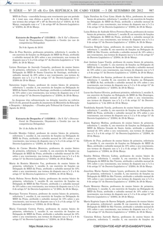 II SÉRIE — NO
55 «B. O.» DA REPÚBLICA DE CABO VERDE — 5 DE SETEMBRO DE 2012 987
MED de Praia – concedida licença sem vencimento por um período
de 1 (um) ano, com efeitos a partir de 1 de Setembro de 2012,
nos termos dos artigos 48º e 49º do Decreto-Lei nº 3/2010, de 8 de
Março, conjugado com o n.º 1 do artigo 68º do Decreto-Legislativo
n.º 2/2004, de 29 de Março.
–––––
Extracto do Despacho nº 1151/2012. – De S. Exª o Director-
Geral de Planeamento, Orçamento e Gestão (no uso de
competências Delegadas):
De 9 de Agosto de 2010:
Elsa de Pina Barreto, professora primária, referência 3, escalão A,
em exercício de funções na Delegação do MED da Praia, atribuído
o subsídio mensal de 20% sobre o seu vencimento, nos termos do
disposto nos n.ºs 2 a 6 do artigo 51º do Decreto-Legislativo n.º 2 de
2004, de 29 de Março.
Licínio Henrique de Azevedo Camacho, professor do ensino básico
de primeira, referência 7, escalão C, em exercício de funções na
Delegação do MED de Santa Catarina de Santiago, atribuído o
subsídio mensal de 20% sobre o seu vencimento, nos termos do
disposto nos n.ºs 2 a 6 do artigo 51º do Decreto-Legislativo n.º
2/2004 de 29 de Março.
Saturnino Lopes Gomes, professor do ensino básico de primeira,
referência 7, escalão A, em exercício de funções na Delegação do
MED de Santa Catarina de Santiago, atribuído o o subsídio mensal
de 10% sobre o seu vencimento, nos termos do disposto nos n.ºs 2
a 6 do artigo 51º do Decreto-Legislativo n.º 2/2004, de 29 de Março.
As despesas têm cabimentação na dotação inscrita na rubrica
03.01.01.02, pessoal do quadro do orçamento do Ministério da Educação
e Desporto – delegações. – (Visados pelo Tribunal de Contas aos 3 de
Agosto de 2012).
–––––
Extracto do Despacho nº 1152/2012. – De S. Exª o Director-
Geral de Planeamento, Orçamento e Gestão (no uso de
competências Delegadas):
De 15 de Julho de 2011:
Geraldo Mendes Cabral, professor do ensino básico de primeira,
referência 7, escalão A, em exercício de funções na Delegação do
MED da Praia, atribuído o subsídio mensal de 10% sobre o seu
vencimento, nos termos do disposto nos n.ºs 2 a 6 do artigo 51º do
Decreto-Legislativo n.º 2/2004, de 29 de Março.
Maria do Carmo Mendes Monteiro, professora do ensino básico
de primeira, referência 7, escalão A, em exercício de funções na
Delegação do MED da Praia, atribuído o subsídio mensal de 10%
sobre o seu vencimento, nos termos do disposto nos n.ºs 2 a 6 do
artigo 51º do Decreto-Legislativo n.º 2/2004, de 29 de Março.
Maria do Rosário Monteiro Vaz, professora do ensino básico de
primeira, referência 7, escalão A, em exercício de funções na
Delegação do MED da Praia, atribuído o subsídio mensal de 10%
sobre o seu vencimento, nos termos do disposto nos n.ºs 2 a 6 do
artigo 51º do Decreto-Legislativo n.º 2/2004, de 29 de Março.
Paula Helena Neves Rocha Inácio, professora do ensino básico de
primeira, referência 7, escalão B, em exercício de funções na
Delegação do MED de São Vicente, atribuído o o subsídio mensal
de 10% sobre o seu vencimento, nos termos do disposto nos n.ºs 2 a
6 do artigo 51º do Decreto-Legislativo n.º 2/ 2004, de 29 de Março.
Henrique Tavares Fonseca, professor do ensino básico de primeira,
referência 7, escalão A, em exercício de funções na Delegação do
MED da Praia, atribuído o subsídio mensal de 10% sobre o seu
vencimento, nos termos do disposto nos n.ºs 2 a 6 do artigo 51º do
Decreto-Legislativo n.º 2/2004, de 29 de Março.
Maria Conceição Correia Fortes, professora do ensino básico de
primeira, referência 7, escalão A, em exercício de funções na
Delegação do MED da Praia, atribuído o subsídio mensal de 10%
sobre o seu vencimento, nos termos do disposto nos n.ºs 2 a 6 do
artigo 51º do Decreto-Legislativo n.º 2/2004, de 29 de Março.
Lígia Natalina da Cruz Lima Abade da Silva, professora do ensino
básico de primeira, referência 7, escalão C, em exercício de funções
na Delegação do MED da Praia, atribuído o subsídio mensal de
10% sobre o seu vencimento, nos termos do disposto nos n.ºs 2 a
6 do artigo 51º do Decreto-Legislativo n.º 2/2004, de 29 de Março.
Luísa Helena de Andrade Silves Ferreira Barros, professora do ensino
básico de primeira, referência 7, escalão B, em exercício de funções
na Delegação do MED da Praia, atribuído o subsídio mensal de
10% sobre o seu vencimento, nos termos do disposto nos n.ºs 2 a
6 do artigo 51º do Decreto-Legislativo n.º 2/2004, de 29 de Março.
Cesarina Delgado Lima, professora do ensino básico de primeira,
referência 7, escalão B, em exercício de funções na Delegação do
MED de São Vicente, atribuído o subsídio mensal de 10% sobre o
seu vencimento, nos termos do disposto nos n.ºs 2 a 6 do artigo 51º
do Decreto-Legislativo n.º 2/2004, de 29 de Março.
José António Lopes Varela, professor do ensino básico de primeira,
referência 7, escalão C, em exercício de funções na Delegação do
MED de Santa Catarina de Santiago, atribuído o subsídio mensal
de 10% sobre o seu vencimento, nos termos do disposto nos n.ºs 2
a 6 do artigo 51º do Decreto-Legislativo n.º 2/2004, de 29 de Março.
Manuel Alberto dos Santos, professor do ensino básico de primeira,
referência 7, escalão B, em exercício de funções na Delegação
do MED do Sal, atribuído o subsídio mensal de 10% sobre o seu
vencimento, nos termos do disposto nos n.ºs 2 a 6 do artigo 51º do
Decreto-Legislativo n.º 2/2004, de 29 de Março.
Lucas dos Santos Oliveira, professor primário, referência 3, escalão A,
em exercício de funções na Delegação do MED de São Domingos,
atribuído o subsídio mensal de 10% sobre o seu vencimento,
nos termos do disposto nos n.ºs 2 a 6 do artigo 51º do Decreto-
Legislativo n.º 2 de 2004 de 29 de Março.
Teodolinda Semedo Varela, professora do ensino básico de primeira,
referência 7, escalão A, em exercício de funções na Delegação do
MED da Praia, atribuído o subsídio mensal de 10% sobre o seu
vencimento, nos termos do disposto nos n.ºs 2 a 6 do artigo 51º do
Decreto-Legislativo n.º 2/2004, de 29 de Março.
Joana Baptista Medina, professora do ensino básico de primeira,
referência 7, escalão A, em exercício de funções na Delegação do
MED da Ribeira Grande de Santo Antão, atribuído o subsídio
mensal de 10% sobre o seu vencimento, nos termos do disposto
nos n.ºs 2 a 6 do artigo 51º do Decreto-Legislativo n.º 2/2004, de
29 de Março.
Gilberto de Pina, professor do ensino básico de primeira, referência
7, escalão A, em exercício de funções na Delegação do MED do
Maio, atribuído o subsídio mensal de 10% sobre o seu vencimento,
nos termos do disposto nos n.ºs 2 a 6 do artigo 51º do Decreto-
Legislativo n.º 2/2004, de 29 de Março.
Sandra Helena Oliveira Lisboa, professora do ensino básico de
primeira, referência 7, escalão A, em exercício de funções na
Delegação do MED de São Vicente, atribuído o subsídio mensal de
10% sobre o seu vencimento, nos termos do disposto nos n.ºs 2 a
6 do artigo 51º do Decreto-Legislativo n.º 2/2004, de 29 de Março.
Juscelina Maria Santos Gomes Louro, professora do ensino básico
de primeira, referência 7, escalão A, em exercício de funções na
Delegação do MED de São Vicente, atribuído o subsídio mensal de
10% sobre o seu vencimento, nos termos do disposto nos n.ºs 2 a
6 do artigo 51º do Decreto-Legislativo n.º 2/2004, de 29 de Março.
Paula Monteiro Barros, professora do ensino básico de primeira,
referência 7, escalão A, em exercício de funções na Delegação do
MED da Praia, atribuído o subsídio mensal de 10% sobre o seu
vencimento, nos termos do disposto nos n.ºs 2 a 6 do artigo 51º do
Decreto-Legislativo n.º 2/2004, de 29 de Março.
Maria Eugénia Lopes de Barros Delgado, professora do ensino básico
de primeira, referência7, escalão B, em exercício de funções na
Delegação do MED de São Vicente, atribuído o subsídio mensal de
10% sobre o seu vencimento, nos termos do disposto nos n.ºs 2 a
6 do artigo 51º do Decreto-Legislativo n.º 2/2004, de 29 de Março.
Catarina Helena Azevedo Barros, professora do ensino básico de
primeira, referência 7, escalão A, em exercício de funções na
https://kiosk.incv.cv C58FC524-F53E-452F-8F25-EAABDAFFC4AA
Documento descarregado pelo utilizador Adilson (10.8.0.12) em 09-01-2013 15:24:42.
© Todos os direitos reservados. A cópia ou distribuição não autorizada é proibida.
1587000002089
 