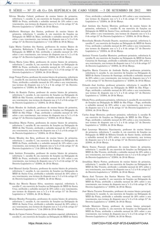 II SÉRIE — NO
55 «B. O.» DA REPÚBLICA DE CABO VERDE — 5 DE SETEMBRO DE 2012 989
Silvino Mendes Cabral, professor do ensino básico de primeira,
referência 7, escalão A, em exercício de funções na Delegação do
MED da Praia, atribuído o subsídio mensal de 10% sobre o seu
vencimento, nos termos do disposto nos n.ºs 2 a 6 do artigo 51º do
Decreto-Legislativo n.º 2/2004, de 29 de Março.
Adalberto Henrique dos Santos, professor do ensino básico de
primeira, referência 7, escalão A, em exercício de funções na
Delegação do MED do Maio, atribuído o subsídio mensal de 10%
sobre o seu vencimento, nos termos do disposto nos n.ºs 2 a 6 do
artigo 51º do Decreto-Legislativo n.º 2 de 2004 de 29 de Março.
Lígia Maria Cardoso dos Santos, professora do ensino Básico de
primeira, Referência 7, Escalão C, em exercício de funções na
Delegação do MED do Sal, atribuída o subsídio mensal de 10%
sobre o seu vencimento, nos termos do disposto nos n.ºs 2 a 6 do
artigo 51º do Decreto-Legislativo n.º 2/2004, de 29 de Março.
Eloisa Maria Lima Melo, professora do ensino básico de primeira,
referência 7, escalão A, em exercício de funções na Delegação do
MED da Praia, atribuído o subsídio mensal de 10% sobre o seu
vencimento, nos termos do disposto nos n.ºs 2 a 6 do artigo 51º do
Decreto-Legislativo n.º 2/2004, de 29 de Março.
Jorge Tomar Fortes, professor do ensino básico de primeira, referência
7, escalão B, em exercício de funções na Delegação do MED da Boa
Vista, atribuído o subsídio mensal de 10% sobre o seu vencimento,
nos termos do disposto nos n.ºs 2 a 6 do artigo 51º do Decreto-
Legislativo n.º 2/2004, de 29 de Março.
Pedro do Rosário Fortes, professor do ensino básico de primeira,
referência 7, escalão A, em exercício de funções na Delegação do
MED de São Vicente, atribuído o subsídio mensal de 10% sobre o
seu vencimento, nos termos do disposto nos n.ºs 2 a 6 do artigo 51º
do Decreto-Legislativo n.º 2/2004, de 29 de Março.
Eudo Mendes de Andrade, professor do ensino básico de primeira,
referência 7, escalão A, em exercício de funções na Delegação do
MED de São Filipe – Fogo, atribuído o subsídio mensal de 10%
sobre o seu vencimento, nos termos do disposto nos n.ºs 2 a 6 do
artigo 51º do Decreto-Legislativo n.º 2/2004, de 29 de Março.
Arnaldina Maria Fortes, professora do ensino básico de primeira,
referência 7, escalão B, em exercício de funções na Delegação do
MED de São Vicente, atribuído o subsídio mensal de 10% sobre o
seu vencimento, nos termos do disposto nos n.ºs 2 a 6 do artigo 51º
do Decreto-Legislativo n.º 2/2004, de 29 de Março.
Simão Mendes dos Reis, professor do ensino básico de primeira,
referência 7, escalão C, em exercício de funções na Delegação do
MED da Praia, atribuído o o subsídio mensal de 10% sobre o seu
vencimento, nos termos do disposto nos n.ºs 2 a 6 do artigo 51º do
Decreto-Legislativo n.º 2 de 2004 de 29 de Março.
João António Fernandes, professor do ensino básico de primeira,
referência 7, escalão B, em exercício de funções na Delegação do
MED da Praia, atribuído o subsídio mensal de 10% sobre o seu
vencimento, nos termos do disposto nos n.ºs 2 a 6 do artigo 51º do
Decreto-Legislativo n.º 2/2004, de 29 de Março.
José Manuel Araújo Tavares, professor do ensino básico de primeira,
referência 7, escalão A, em exercício de funções na Delegação do
MED de Santa Cruz, atribuída o subsídio mensal de 20% sobre o
seu vencimento, nos termos do disposto nos n.ºs 2 a 6 do artigo 51º
do Decreto-Legislativo n.º 2/2004, de 29 de Março.
Maria das Mercês Ramos Silva, monitora especial, referência 5,
escalão C, em exercício de funções na Delegação do MED de Santa
Cruz, atribuído o subsídio mensal de 20% sobre o seu vencimento,
nos termos do disposto nos n.ºs 2 a 6 do artigo 51º do Decreto-
Legislativo n.º 2/2004, de 29 de Março.
Mónica Mendes Fernandes, professora do ensino básico de primeira,
referência 7, escalão A, em exercício de funções na Delegação do
MED de Santa Cruz, atribuído o subsídio mensal de 20% sobre o
seu vencimento, nos termos do disposto nos n.ºs 2 a 6 do artigo 51º
do Decreto-Legislativo n.º 2 de 2004 de 29 de Março.
Maria do Carmo Correia Tavares Lopes, monitora especial, referência 5,
escalão C, em exercício de funções na Delegação do MED de Santa
Cruz, atribuído o subsídio mensal de 20% sobre o seu vencimento,
nos termos do disposto nos n.ºs 2 a 6 do artigo 51º do Decreto-
Legislativo n.º 2/2004, de 29 de Março.
José António dos Santos Moreira, professor do ensino básico de
primeira, referência 7, escalão B, em exercício de funções na
Delegação do MED de Santa Cruz, atribuído o subsídio mensal de
20% sobre o seu vencimento, nos termos do disposto nos n.ºs 2 a
6 do artigo 51º do Decreto-Legislativo n.º 2/2004, de 29 de Março.
Hercelinda Mendes Furtado Duarte, monitora especial, referência 5,
escalão C, em exercício de funções na Delegação do MED de Santa
Cruz, atribuído o subsídio mensal de 20% sobre o seu vencimento,
nos termos do disposto nos n.ºs 2 a 6 do artigo 51º do Decreto-
Legislativo n.º 2/2004, de 29 de Março.
António Vicente Landim Monteiro, professor primário, referência 6,
escalão B, em exercício de funções na Delegação do MED de Santa
Catarina de Santiago, atribuído o subsídio mensal de 20% sobre o
seu vencimento, nos termos do disposto nos n.ºs 2 a 6 do artigo 51º
do Decreto-Legislativo n.º 2/2004, de 29 de Março.
Angelita Maria Craveiro de Andrade Rocha, professora primária,
referência 3, escalão A, em exercício de funções na Delegação do
MED de Santa Catarina de Santiago, atribuído o subsídio mensal
de 20% sobre o seu vencimento, nos termos do disposto nos n.ºs 2
a 6 do artigo 51º do Decreto-Legislativo n.º 2/2004, de 29 de Março.
Orlando José Avelino, professor primário, referência 3, escalão B,
em exercício de funções na Delegação do MED de São Filipe –
Fogo, atribuído o subsídio mensal de 20% sobre o seu vencimento,
nos termos do disposto nos n.ºs 2 a 6 do artigo 51º do Decreto-
Legislativo n.º 2/2004, de 29 de Março.
Olinda Pires, professora primária, referência 3, escalão B, em exercício
de funções na Delegação do MED de São Filipe – Fogo, atribuído
o subsídio mensal de 20% sobre o seu vencimento, nos termos
do disposto nos n.ºs 2 a 6 do artigo 51º do Decreto-Legislativo n.º
2/2004, de 29 de Março.
Carlos Jorge Monteiro, professor primário, referência 3, escalão B,
em exercício de funções na Delegação do MED de São Filipe –
Fogo, atribuído o subsídio mensal de 20% sobre o seu vencimento,
nos termos do disposto nos n.ºs 2 a 6 do artigo 51º do Decreto-
Legislativo n.º 2/2004, de 29 de Março.
José Lourenço Monteiro Nascimento, professor do ensino básico
de primeira, referência 7, escalão A, em exercício de funções na
Delegação do MED de Ribeira Grande de Santo Antão, atribuído
o subsídio mensal de 20% sobre o seu vencimento, nos termos
do disposto nos n.ºs 2 a 6 do artigo 51º do Decreto-Legislativo n.º
2/2004, de 29 de Março.
Maria Soares Pascoal, professora do ensino básico de primeira,
referência 7, escalão B, em exercício de funções na Delegação do
MED de São Vicente, atribuído o subsídio mensal de 20% sobre o
seu vencimento, nos termos do disposto nos n.ºs 2 a 6 do artigo 51º
do Decreto-Legislativo n.º 2/2004, de 29 de Março.
Arnaldina Maria Fortes, professora do ensino básico de primeira,
referência 7, escalão B, em exercício de funções na Delegação do
MED de São Vicente, atribuído o subsídio mensal de 20% sobre o
seu vencimento, nos termos do disposto nos n.ºs 2 a 6 do artigo 51º
do Decreto-Legislativo n.º 2/2004, de 29 de Março.
Maria José Tavares dos Santos Moreno Vaz, monitora especial,
referência 5, escalão C, em exercício de funções na Delegação do
MED da Praia, atribuído o subsídio mensal de 20% sobre o seu
vencimento, nos termos do disposto nos n.ºs 2 a 6 do artigo 51º do
Decreto-Legislativo n.º 2/2004, de 29 de Março.
José Maria Tavares Fernandes, professor do ensino básico principal,
referência 8, escalão A, em exercício de funções na Delegação do
MED da Praia, atribuído o subsídio mensal de 20% sobre o seu
vencimento, nos termos do disposto nos n.ºs 2 a 6 do artigo 51º do
Decreto-Legislativo n.º 2/2004, de 29 de Março.
Arlindo Monteiro Nunes, professor do ensino básico principal,
referência 8, escalão C, em exercício de funções na Delegação do
MED da Praia, atribuída o subsídio mensal de 20% sobre o seu
vencimento, nos termos do disposto nos n.ºs 2 a 6 do artigo 51º do
Decreto-Legislativo n.º 2/2004, de 29 de Março.
https://kiosk.incv.cv C58FC524-F53E-452F-8F25-EAABDAFFC4AA
Documento descarregado pelo utilizador Adilson (10.8.0.12) em 09-01-2013 15:24:42.
© Todos os direitos reservados. A cópia ou distribuição não autorizada é proibida.
1587000002089
 