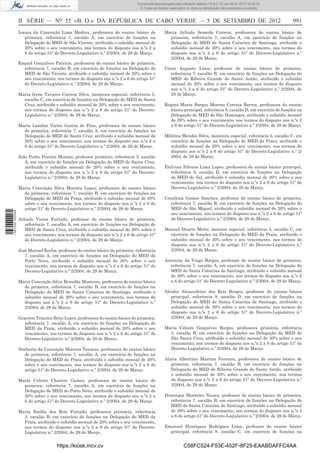 II SÉRIE — NO
55 «B. O.» DA REPÚBLICA DE CABO VERDE — 5 DE SETEMBRO DE 2012 991
Isaura da Conceição Lima Medina, professora do ensino básico de
primeira, referência 7, escalão A, em exercício de funções na
Delegação do MED de São Vicente, atribuído o subsídio mensal de
20% sobre o seu vencimento, nos termos do disposto nos n.ºs 2 a
6 do artigo 51º do Decreto-Legislativo n.º 2/2004, de 29 de Março.
Raquel Gonçalves Patrício, professora do ensino básico de primeira,
referência 7, escalão B, em exercício de funções na Delegação do
MED de São Vicente, atribuído o subsídio mensal de 20% sobre o
seu vencimento, nos termos do disposto nos n.ºs 2 a 6 do artigo 51º
do Decreto-Legislativo n.º 2/2004, de 29 de Março.
Maria Irene Tavares Correia Silva, monitora especial, referência 5,
escalão C, em exercício de funções na Delegação do MED de Santa
Cruz, atribuído o subsídio mensal de 20% sobre o seu vencimento,
nos termos do disposto nos n.ºs 2 a 6 do artigo 51º do Decreto-
Legislativo n.º 2/2004, de 29 de Março.
Maria Landim Vieira Garcia de Pina, professora do ensino básico
de primeira, referência 7, escalão A, em exercício de funções na
Delegação do MED de Santa Cruz, atribuído o subsídio mensal de
20% sobre o seu vencimento, nos termos do disposto nos n.ºs 2 a
6 do artigo 51º do Decreto-Legislativo n.º 2/2004, de 29 de Março.
João Pedro Pereira Moreno, professor primário, referência 3, escalão
A, em exercício de funções na Delegação do MED de Santa Cruz,
atribuído o subsídio mensal de 20% sobre o seu vencimento,
nos termos do disposto nos n.ºs 2 a 6 do artigo 51º do Decreto-
Legislativo n.º 2/2004, de 29 de Março.
Maria Conceição Silva Moreira Lopes, professora do ensino básico
de primeira, referência 7, escalão B, em exercício de funções na
Delegação do MED da Praia, atribuído o subsídio mensal de 20%
sobre o seu vencimento, nos termos do disposto nos n.ºs 2 a 6 do
artigo 51º do Decreto-Legislativo n.º 2/2004, de 29 de Março.
Arlindo Vieira Furtado, professor do ensino básico de primeira,
referência 7, escalão A, em exercício de funções na Delegação do
MED de Santa Cruz, atribuído o subsídio mensal de 20% sobre o
seu vencimento, nos termos do disposto nos n.ºs 2 a 6 do artigo 51º
do Decreto-Legislativo n.º 2/2004, de 29 de Março.
José Manuel Rocha, professor do ensino básico de primeira, referência
7, escalão A, em exercício de funções na Delegação do MED do
Porto Novo, atribuído o subsídio mensal de 20% sobre o seu
vencimento, nos termos do disposto nos n.ºs 2 a 6 do artigo 51º do
Decreto-Legislativo n.º 2/2004, de 29 de Março.
Maria Conceição Silva Brandão Monteiro, professora do ensino básico
de primeira, referência 7, escalão B, em exercício de funções na
Delegação do MED de Santa Catarina de Santiago, atribuído o
subsídio mensal de 20% sobre o seu vencimento, nos termos do
disposto nos n.ºs 2 a 6 do artigo 51º do Decreto-Legislativo n.º
2/2004, de 29 de Março.
Graciete Teixeira Brito Lopes, professora do ensino básico de primeira,
referência 7, escalão A, em exercício de funções na Delegação do
MED da Praia, atribuído o subsídio mensal de 20% sobre o seu
vencimento, nos termos do disposto nos n.ºs 2 a 6 do artigo 51º do
Decreto-Legislativo n.º 2/2004, de 29 de Março.
Norberta da Conceição Moreira Tavares, professora do ensino básico
de primeira, referência 7, escalão A, em exercício de funções na
Delegação do MED da Praia, atribuída o subsídio mensal de 20%
sobre o seu vencimento, nos termos do disposto nos n.ºs 2 a 6 do
artigo 51º do Decreto-Legislativo n.º 2/2004, de 29 de Março.
Maria Celeste Chantre Gomes, professora do ensino básico de
primeira, referência 7, escalão A, em exercício de funções na
Delegação do MED do Porto Novo, atribuído o subsídio mensal de
20% sobre o seu vencimento, nos termos do disposto nos n.ºs 2 a
6 do artigo 51º do Decreto-Legislativo n.º 2/2004, de 29 de Março.
Maria Emília dos Reis Furtado, professora primária, referência
3, escalão B, em exercício de funções na Delegação do MED da
Praia, atribuído o subsídio mensal de 20% sobre o seu vencimento,
nos termos do disposto nos n.ºs 2 a 6 do artigo 51º do Decreto-
Legislativo n.º 2/2004, de 29 de Março.
Maria Arlinda Semedo Correia, professora do ensino básico de
primeira, referência 7, escalão A, em exercício de funções na
Delegação do MED de Santa Catarina de Santiago, atribuído o
subsídio mensal de 20% sobre o seu vencimento, nos termos do
disposto nos n.ºs 2 a 6 do artigo 51º do Decreto-Legislativo n.º
2/2004, de 29 de Março.
César Augusto Lima, professor do ensino básico de primeira,
referência 7, escalão B, em exercício de funções na Delegação do
MED de Ribeira Grande de Santo Antão, atribuído o subsídio
mensal de 20% sobre o seu vencimento, nos termos do disposto
nos n.ºs 2 a 6 do artigo 51º do Decreto-Legislativo n.º 2/2004, de
29 de Março.
Regina Maria Borges Moreno Correia Barros, professora do ensino
básico principal, referência 8, escalão D, em exercício de funções na
Delegação do MED de São Domingos, atribuído o subsídio mensal
de 20% sobre o seu vencimento, nos termos do disposto nos n.ºs 2
a 6 do artigo 51º do Decreto-Legislativo n.º 2/2004, de 29 de Março.
Militina Mendes Silva, monitora especial, referência 5, escalão C, em
exercício de funções na Delegação do MED da Praia, atribuído o
subsídio mensal de 20% sobre o seu vencimento, nos termos do
disposto nos n.ºs 2 a 6 do artigo 51º do Decreto-Legislativo n.º 2/
2004, de 29 de Março.
Etelvina Silvana Lima Lopes, professora do ensino básico principal,
referência 8, escalão D, em exercício de funções na Delegação
do MED do Sal, atribuído o subsídio mensal de 20% sobre o seu
vencimento, nos termos do disposto nos n.ºs 2 a 6 do artigo 51º do
Decreto-Legislativo n.º 2/2004, de 29 de Março.
Cesaltina Gomes Sanches, professor do ensino básico de primeira,
referência 7, escalão B, em exercício de funções na Delegação do
MED de São Miguel, atribuído o subsídio mensal de 20% sobre o
seu vencimento, nos termos do disposto nos n.ºs 2 a 6 do artigo 51º
do Decreto-Legislativo n.º 2/2004, de 29 de Março.
Manuel Duarte Mette, monitor especial, referência 5, escalão C, em
exercício de funções na Delegação do MED da Praia, atribuído o
subsídio mensal de 30% sobre o seu vencimento, nos termos do
disposto nos n.ºs 2 a 6 do artigo 51º do Decreto-Legislativo n.º
2/2004, de 29 de Março.
Antonino da Veiga Borges, professor do ensino básico de primeira,
referência 7, escalão A, em exercício de funções na Delegação do
MED de Santa Catarina de Santiago, atribuído o subsídio mensal
de 30% sobre o seu vencimento, nos termos do disposto nos n.ºs 2
a 6 do artigo 51º do Decreto-Legislativo n.º 2/2004, de 29 de Março.
Alcides Alexandrino dos Reis Borges, professor do ensino básico
principal, referência 8, escalão D, em exercício de funções na
Delegação do MED de Santa Catarina de Santiago, atribuído o
subsídio mensal de 30% sobre o seu vencimento, nos termos do
disposto nos n.ºs 2 a 6 do artigo 51º do Decreto-Legislativo n.º
2/2004, de 29 de Março.
Maria Celeste Gonçalves Borges, professora primária, referência
3, escalão B, em exercício de funções na Delegação do MED de
São Santa Cruz, atribuído o subsídio mensal de 30% sobre o seu
vencimento, nos termos do disposto nos n.ºs 2 a 6 do artigo 51º do
Decreto-Legislativo n.º 2/2004, de 29 de Março.
Alzira Albertina Martins Ferreira, professora do ensino básico de
primeira, referência 7, escalão B, em exercício de funções na
Delegação do MED de Ribeira Grande de Santo Antão, atribuído
o subsídio mensal de 30% sobre o seu vencimento, nos termos
do disposto nos n.ºs 2 a 6 do artigo 51º do Decreto-Legislativo n.º
2/2004, de 29 de Março.
Domingos Monteiro Nunes, professor do ensino básico de primeira,
referência 7, escalão B, em exercício de funções na Delegação do
MED de Santa Catarina de Santiago, atribuído o subsídio mensal
de 30% sobre o seu vencimento, nos termos do disposto nos n.ºs 2
a 6 do artigo 51º do Decreto-Legislativo n.º 2/2004, de 29 de Março.
Emanuel Henriques Rodrigues Lima, professor do ensino básico
principal, referência 8, escalão C, em exercício de funções na
https://kiosk.incv.cv C58FC524-F53E-452F-8F25-EAABDAFFC4AA
Documento descarregado pelo utilizador Adilson (10.8.0.12) em 09-01-2013 15:24:42.
© Todos os direitos reservados. A cópia ou distribuição não autorizada é proibida.
1587000002089
 