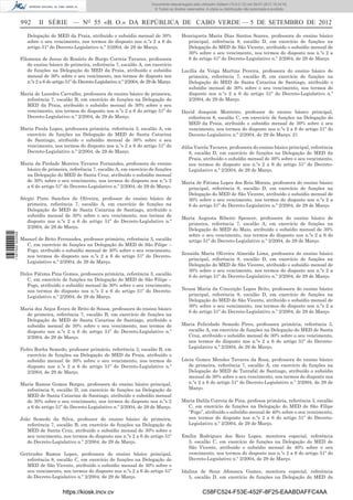 992 II SÉRIE — NO
55 «B. O.» DA REPÚBLICA DE CABO VERDE — 5 DE SETEMBRO DE 2012
Delegação do MED da Praia, atribuído o subsídio mensal de 30%
sobre o seu vencimento, nos termos do disposto nos n.ºs 2 a 6 do
artigo 51º do Decreto-Legislativo n.º 2/2004, de 29 de Março.
Filomena de Jesus do Rosário de Burgo Correia Tavares, professora
do ensino básico de primeira, referência 7, escalão A, em exercício
de funções na Delegação do MED da Praia, atribuído o subsídio
mensal de 30% sobre o seu vencimento, nos termos do disposto nos
n.ºs 2 a 6 do artigo 51º do Decreto-Legislativo n.º 2/2004, de 29 de Março.
Maria de Lourdes Carvalho, professora do ensino básico de primeira,
referência 7, escalão B, em exercício de funções na Delegação do
MED da Praia, atribuído o subsídio mensal de 30% sobre o seu
vencimento, nos termos do disposto nos n.ºs 2 a 6 do artigo 51º do
Decreto-Legislativo n.º 2/2004, de 29 de Março.
Maria Paula Lopes, professora primária, referência 3, escalão A, em
exercício de funções na Delegação do MED de Santa Catarina
de Santiago, atribuído o subsídio mensal de 30% sobre o seu
vencimento, nos termos do disposto nos n.ºs 2 a 6 do artigo 51º do
Decreto-Legislativo n.º 2/2004, de 29 de Março.
Maria da Piedade Moreira Tavares Fernandes, professora do ensino
básico de primeira, referência 7, escalão A, em exercício de funções
na Delegação do MED de Santa Cruz, atribuído o subsídio mensal
de 30% sobre o seu vencimento, nos termos do disposto nos n.ºs 2
a 6 do artigo 51º do Decreto-Legislativo n.º 2/2004, de 29 de Março.
Sérgio Pinto Sanches de Oliveira, professor do ensino básico de
primeira, referência 7, escalão A, em exercício de funções na
Delegação do MED de Santa Catarina de Santiago, atribuído o
subsídio mensal de 30% sobre o seu vencimento, nos termos do
disposto nos n.ºs 2 a 6 do artigo 51º do Decreto-Legislativo n.º
2/2004, de 29 de Março.
Manuel de Brito Fernandes, professor primário, referência 3, escalão
C, em exercício de funções na Delegação do MED de São Filipe –
Fogo, atribuído o subsídio mensal de 30% sobre o seu vencimento,
nos termos do disposto nos n.ºs 2 a 6 do artigo 51º do Decreto-
Legislativo n.º 2/2004, de 29 de Março.
Dulce Fátima Pina Gomes, professora primária, referência 3, escalão
C, em exercício de funções na Delegação do MED de São Filipe –
Fogo, atribuído o subsídio mensal de 30% sobre o seu vencimento,
nos termos do disposto nos n.ºs 2 a 6 do artigo 51º do Decreto-
Legislativo n.º 2/2004, de 29 de Março.
Maria dos Anjos Évora de Brito de Sousa, professora do ensino básico
de primeira, referência 7, escalão B, em exercício de funções na
Delegação do MED de Santa Catarina de Santiago, atribuído o
subsídio mensal de 30% sobre o seu vencimento, nos termos do
disposto nos n.ºs 2 a 6 do artigo 51º do Decreto-Legislativo n.º
2/2004, de 29 de Março.
Pedro Rocha Semedo, professor primário, referência 3, escalão B, em
exercício de funções na Delegação do MED da Praia, atribuído o
subsídio mensal de 30% sobre o seu vencimento, nos termos do
disposto nos n.ºs 2 a 6 do artigo 51º do Decreto-Legislativo n.º
2/2004, de 29 de Março.
Maria Ramos Gomes Borges, professora do ensino básico principal,
referência 8, escalão D, em exercício de funções na Delegação do
MED de Santa Catarina de Santiago, atribuído o subsídio mensal
de 30% sobre o seu vencimento, nos termos do disposto nos n.ºs 2
a 6 do artigo 51º do Decreto-Legislativo n.º 2/2004, de 29 de Março.
João Semedo da Silva, professor do ensino básico de primeira,
referência 7, escalão B, em exercício de funções na Delegação do
MED de Santa Cruz, atribuído o subsídio mensal de 30% sobre o
seu vencimento, nos termos do disposto nos n.ºs 2 a 6 do artigo 51º
do Decreto-Legislativo n.º 2/2004, de 29 de Março.
Gertrudes Ramos Lopes, professora do ensino básico principal,
referência 8, escalão C, em exercício de funções na Delegação do
MED de São Vicente, atribuído o subsídio mensal de 30% sobre o
seu vencimento, nos termos do disposto nos n.ºs 2 a 6 do artigo 51º
do Decreto-Legislativo n.º 2/2004, de 29 de Março.
Henriqueta Maria Dias Santos Soares, professora do ensino básico
principal, referência 8, escalão D, em exercício de funções na
Delegação do MED de São Vicente, atribuído o subsídio mensal de
30% sobre o seu vencimento, nos termos do disposto nos n.ºs 2 a
6 do artigo 51º do Decreto-Legislativo n.º 2/2004, de 29 de Março.
Lucília da Veiga Martins Pereira, professora do ensino básico de
primeira, referência 7, escalão B, em exercício de funções na
Delegação do MED de Santa Catarina de Santiago, atribuído o
subsídio mensal de 30% sobre o seu vencimento, nos termos do
disposto nos n.ºs 2 a 6 do artigo 51º do Decreto-Legislativo n.º
2/2004, de 29 de Março.
David Joaquim Monteiro, professor do ensino básico principal,
referência 8, escalão C, em exercício de funções na Delegação do
MED da Praia, atribuído o subsídio mensal de 30% sobre o seu
vencimento, nos termos do disposto nos n.ºs 2 a 6 do artigo 51º do
Decreto-Legislativo n.º 2/2004, de 29 de Março. 21
Júlia Varela Tavares, professora do ensino básico principal, referência
8, escalão D, em exercício de funções na Delegação do MED da
Praia, atribuído o subsídio mensal de 30% sobre o seu vencimento,
nos termos do disposto nos n.ºs 2 a 6 do artigo 51º do Decreto-
Legislativo n.º 2/2004, de 29 de Março.
Maria de Fátima Lopes dos Reis Morais, professora do ensino básico
principal, referência 8, escalão D, em exercício de funções na
Delegação do MED de São Vicente, atribuído o subsídio mensal de
30% sobre o seu vencimento, nos termos do disposto nos n.ºs 2 a
6 do artigo 51º do Decreto-Legislativo n.º 2/2004, de 29 de Março.
Maria Augusta Ribeiro Spencer, professora do ensino básico de
primeira, referência 7, escalão A, em exercício de funções na
Delegação do MED do Maio, atribuído o subsídio mensal de 30%
sobre o seu vencimento, nos termos do disposto nos n.ºs 2 a 6 do
artigo 51º do Decreto-Legislativo n.º 2/2004, de 29 de Março.
Zenaida Maria Oliveira Almeida Lima, professora do ensino básico
principal, referência 8, escalão D, em exercício de funções na
Delegação do MED de São Vicente, atribuído o subsídio mensal de
30% sobre o seu vencimento, nos termos do disposto nos n.ºs 2 a
6 do artigo 51º do Decreto-Legislativo n.º 2/2004, de 29 de Março.
Neusa Maria da Conceição Lopes Brito, professora do ensino básico
principal, referência 8, escalão D, em exercício de funções na
Delegação do MED de São Vicente, atribuído o subsídio mensal de
30% sobre o seu vencimento, nos termos do disposto nos n.ºs 2 a
6 do artigo 51º do Decreto-Legislativo n.º 2/2004, de 29 de Março.
Maria Felicidade Semedo Pires, professora primária, referência 3,
escalão A, em exercício de funções na Delegação do MED de Santa
Cruz, atribuído o subsídio mensal de 30% sobre o seu vencimento,
nos termos do disposto nos n.ºs 2 a 6 do artigo 51º do Decreto-
Legislativo n.º 2/2004, de 29 de Março.
Lúcia Gomes Mendes Tavares da Rosa, professora do ensino básico
de primeira, referência 7, escalão A, em exercício de funções na
Delegação do MED de Tarrafal de Santiago, atribuído o subsídio
mensal de 30% sobre o seu vencimento, nos termos do disposto nos
n.ºs 2 a 6 do artigo 51º do Decreto-Legislativo n.º 2/2004, de 29 de
Março.
Maria Dalila Correia de Pina, professa primária, referência 3, escalão
C, em exercício de funções na Delegação do MED de São Filipe
“Fogo”, atribuído o subsídio mensal de 40% sobre o seu vencimento,
nos termos do disposto nos n.ºs 2 a 6 do artigo 51º do Decreto-
Legislativo n.º 2/2004, de 29 de Março.
Emília Rodrigues dos Reis Lopes, monitora especial, referência
5, escalão C, em exercício de funções na Delegação do MED de
São Vicente, atribuído o subsídio mensal de 40% sobre o seu
vencimento, nos termos do disposto nos n.ºs 2 a 6 do artigo 51º do
Decreto-Legislativo n.º 2/2004, de 29 de Março.
Idalina de Sena Afonseca Gomes, monitora especial, referência
5, escalão D, em exercício de funções na Delegação do MED da
https://kiosk.incv.cv C58FC524-F53E-452F-8F25-EAABDAFFC4AA
Documento descarregado pelo utilizador Adilson (10.8.0.12) em 09-01-2013 15:24:42.
© Todos os direitos reservados. A cópia ou distribuição não autorizada é proibida.
1587000002089
 