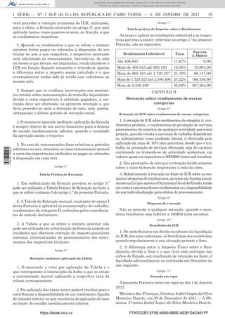 Documento descarregado pelo utilizador Felismino Thomás (10.73.102.134) em 23-02-2012 10:48:40.
                                                                   Documento descarregado pelo utilizador Maria de Lourdes (10.8.0.141) em 23-02-2012 11:09:59.
                                                                     Documento descarregado pelo utilizador Adilson (10.73.103.139) em 23-02-2012 12:05:13.
                                                                                                                                                      12:05:45.
                                                                         © Todos os direitos reservados. A cópia ou distribuição não autorizada é proibida.



                  I SÉRIE — NO 1 SUP. «B. O.» DA REPÚBLICA DE CABO VERDE — 6 DE JANEIRO DE 2012                                                                               19

                  verá proceder à retenção autónoma do IUR, utilizando,                                                         Artigo 7.º
                  para o efeito, a fórmula constante no artigo 3º, que será                         Tabela prática do Imposto sobre o Rendimento
                  aplicada tantas vezes quantos os anos, ou fracção, a que
                  os rendimentos respeitem.                                                  As taxas a aplicar ao rendimento colectável e as respec-
                                                                                          tivas parcelas a abater, referidas no artigo 3.º da presente
                     2. Quando os rendimentos a que se refere o número                    Portaria, são as seguintes:
                  anterior forem pagos ou colocados à disposição do seu
                                                                                                                                                                   Parcela
                  titular no ano a que respeitem, o respectivo montante                         Rendimento Colectável                            Taxa              a Abater
                  será adicionado às remunerações, havendo-as, do mês
                  ou meses a que devam ser imputadas, recalculando-se o                    Até 408.843                                         11,67%                    0,00
                  IUR em função daquele somatório e retendo-se apenas                      Mais de 408.843 até 860.163                         15,56%               15.904,00
                  a diferença entre o imposto assim calculado e o que                      Mais de 860.163 até 1.720.327 21,39%                                     66.147,00
                  eventualmente tenha sido já retido com referência ao
                                                                                           Mais de 1.720.327 até 2.580.490 27,22%                                  166.356,00
                  mesmo mês.
                                                                                           Mais de 2.580.490                                   35,00%              367.204,00
                    3. Sempre que se veriﬁque incorrecções nos montan-                                                     CAPITULO II
                  tes retidos sobre remunerações do trabalho dependente
                  devido a erros imputáveis à entidade pagadora, a cor-                            Retenção sobre rendimentos de outras
                  recção deve ser efectuada na primeira retenção a que                                          categorias
                  deva proceder-se após a detecção do erro, sem, porém,                                                         Artigo 8.º
                  ultrapassar o último período de retenção anual.                            Retenção do IUR sobre rendimentos de outras categorias

                    4. O montante apurado mediante aplicação da fórmula                     1. A retenção do IUR sobre rendimentos da categoria A, ren-
                  é sempre objecto de um acerto ﬁnanceiro para a dezena                   dimentos prediais, e rendimentos de prestação de serviços
                  de escudo imediatamente inferior, quando o resultado                    provenientes do exercício de qualquer actividade por conta
                  da operação assim o requeira                                            própria, que não revista a natureza de trabalho dependente
                                                                                          ou independente como proﬁssão liberal, é efectuada pela
                     5. No caso de remunerações ﬁxas relativas a períodos                 aplicação da taxa de 10% (dez porcento), desde que o tra-
                  inferiores ao mês, considera-se como remuneração mensal                 balho ou prestação de serviços efectuada seja de carácter
1 458000 002089




                  a soma das importâncias atribuídas ou pagas ou colocadas                continuado ou tratando-se de actividade acidentais, em
                  à disposição em cada mês.                                               valores iguais ou superiores a 5000$00 (cinco mil escudos).
                                                                                            2. Nas prestações de serviços a retenção incide somente
                                           Artigo 5.º                                     sobre o valor facturado respeitante à mão-de-obra.
                                  Tabela Prática de Retenção                                3. Relativamente à retenção na fonte do IUR sobre as res-
                                                                                          tantes categorias de rendimentos, as taxas são ﬁxadas anual-
                    1. Em substituição da fórmula prevista no artigo 3.º                  mente na Lei que aprova o Orçamento Geral do Estado, tendo
                  pode ser utilizada a Tabela Prática de Retenção na fonte a              em conta a natureza desses rendimentos ou a impossibilidade
                  que se refere o número 3 do artigo 1.º da presente Portaria.            da sua individualização para efeitos de processamento.
                                                                                                                                Artigo 9.º
                    2. A Tabela de Retenção mensal, constante do anexo I                                               Dispensa de retenção
                  desta Portaria é aplicável às remunerações do trabalho,
                  rendimentos da categoria D, auferidas pelos contribuin-                   Não se procede a qualquer retenção, quando o mon-
                  tes do método declarativo.                                              tante resultante seja inferior a 100$00 (cem escudos).
                                                                                                                               Artigo 10.º
                    3. A Tabela a que se refere o número anterior não                                                    Reembolso do IUR
                  pode ser utilizada em substituição da fórmula quando as
                  entidades que efectuem retenção do imposto possuírem                      1. Os contribuintes em dívida resultante da liquidação
                  sistemas informatizados de processamento dos venci-                     do IUR, dos anos anteriores, só beneﬁciam dos reembolsos
                  mentos dos respectivos titulares.                                       quando regularizarem a sua situação perante o ﬁsco.
                                                                                             2. A diferença entre o Imposto Único sobre o Ren-
                                           Artigo 6.º                                     dimento devido a ﬁnal e o que tiver sido entregue nos
                                                                                          cofres do Estado, em resultando de retenção na fonte, é
                            Retenção mediante aplicação da Tabela
                                                                                          liquidada adicionalmente ou restituída até Setembro do
                                                                                          ano seguinte.
                    1. O montante a reter por aplicação da Tabela é o
                  que corresponder à intersecção da linha a que se situar                                                      Artigo 11.º
                  a remuneração mensal aplicando a respectiva taxa da                                                    Entrada em vigor
                  coluna correspondente.                                                    A presente Portaria entra em vigor no dia 1 de Janeiro
                                                                                          2012.
                    2. Da aplicação das taxas nunca poderá resultar para o
                  contribuinte a disponibilidade de um rendimento líquido                   Ministra das Finanças, Cristina Isabel Lopes da Silva
                  de imposto inferior ao que resultaria da aplicação da taxa              Monteiro Duarte, em 30 de Dezembro de 2011. – A Mi-
                  ao limite do escalão imediatamente inferior.                            nistra, Cristina Isabel Lopes da Silva Monteiro Duarte.

                                  https://kiosk.incv.cv                                               F7A7CCB7-2F8E-4095-9B6E-AEB1D4C461FF
 