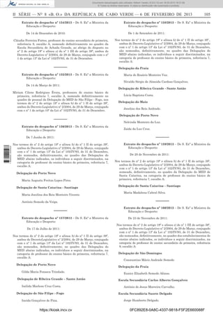 Documento descarregado pelo utilizador Adilson Varela (10.8.0.12) em 18-02-2013 16:21:59.
© Todos os direitos reservados. A cópia ou distribuição não autorizada é proibida.

II SÉRIE — NO 8 «B. O.» DA REPÚBLICA DE CABO VERDE — 6 DE FEVEREIRO DE 2013
Extrato do despacho nº 154/2013 – De S. Exª a Ministra da
Educação e Desporto:
De 14 de Dezembro de 2010:
Cláudia Ferreira Fortes, professor do ensino secundário de primeira,
referência 9, escalão A, nomeado deﬁnitivamente no quadro da
Escola Secundária de Achada Grande, ao abrigo do disposto no
nº 2 do artigo 19º e alínea e) do nº 1 III do artigo 39º, ambos do
Decreto-Legislativo nº 2/2004, de 29 de Março, conjugado com o nº
1 do artigo 13º da Lei nº 102/IV/93, de 31 de Dezembro.

––––––
Extrato do despacho nº 155/2013 – De S. Exª a Ministra da
Educação e Desporto:
De 14 de Março de 2011:
Miriam Cilene Rodrigues Évora, professora do ensino básico de
primeira, referência 7, escalão A, nomeado deﬁnitivamente no
quadro de pessoal da Delegação do MED de São Filipe - Fogo, nos
termos do nº 2 do artigo 19º e alínea b) do nº 1 II do artigo 39º,
ambos do Decreto-Legislativo nº 2/2004, de 29 de Março, conjugado
com o nº 1 do artigo 10º da Lei nº 102/IV/93, de 31 de Dezembro.

––––––
Extrato do despacho nº 156/2013 – De S. Exª a Ministra da
Educação e Desporto:

Extrato do despacho nº 158/2013 – De S. Exª a Ministra da
Educação e Desporto:
De 1 de Setembro de 2011:
Nos termos do nº 2 do artigo 19º e alínea b) do nº 1 II do artigo 39º.,
ambos do Decreto-Legislativo nº 2/2004, de 29 de Março, conjugado
com o nº 1 do artigo 13º da Lei nº 102/IV/93, de 31 de Dezembro,
são nomeados, deﬁnitivamente, no quadro das Delegações do
MED abaixo indicadas, os indivíduos a seguir discriminados, na
categoria de professor do ensino básico de primeira, referência 7,
escalão A:
Delegação da Praia
Maria do Rosário Monteiro Vaz.
Nivaldo Sérgio de Almeida Cardoso Gonçalves.
Delegação de Ribeira Grande - Santo Antão
Lúcia Baptista Costa.
Delegação do Maio
Jocelino dos Reis Andrade.
Delegação de Porto Novo
Nelcinda Monteiro da Luz.
Zaida da Luz Cruz.

––––––

1 656000 005433

De 7 Junho de 2011:
Nos termos do nº 2 do artigo 19º e alínea b) do nº 1 II do artigo 39º,
ambos do Decreto-Legislativo nº 2/2004, de 29 de Março, conjugado
com o nº 1 do artigo 13º da Lei nº 102/IV/93, de 31 de Dezembro,
são nomeados, deﬁnitivamente, no quadro das Delegações do
MED abaixo indicadas, os indivíduos a seguir discriminados, na
categoria de professor do ensino básico de primeira, referência 7,
escalão A:
Delegação do Porto Novo
Maria Augusta Freitas Lopes Pires.
Delegação de Santa Catarina - Santiago
Maria Jocelina dos Reis Monteiro Vicente.

Extrato do despacho nº 159/2013 – De S. Exª a Ministra da
Educação e Desporto:
De 20 de Novembro de 2011:
Nos termos do nº 2 do artigo 19º e alínea b) do nº 1 II do artigo 39º,
ambos do Decreto-Legislativo nº 2/2004, de 29 de Março, conjugado
com o nº 1 do artigo 13º da Lei nº 102/IV/93, de 31 de Dezembro,
nomeado, deﬁnitivamente, no quadro da Delegação do MED de
Santa Catarina, na categoria de professor do ensino básico de
primeira, referência 7, escalão A:
Delegação de Santa Catarina – Santiago
Maria Madalena Cabral Silva.

––––––

António Semedo da Veiga.

––––––
Extrato do despacho nº 157/2013 – De S. Exª a Ministra da
Educação e Desporto:
De 17 de Julho de 2011:
Nos termos do nº 2 do artigo 19º e alínea b) do nº 1 II do artigo 39º,
ambos do DecretoLegislativo nº 2/2004, de 29 de Março, conjugado
com o nº 1 do artigo 13º da Lei nº 102/IV/93, de 31 de Dezembro,
são nomeados, deﬁnitivamente, no quadro das Delegações do
MED abaixo indicadas, os indivíduos a seguir discriminados, na
categoria de professor do ensino básico de primeira, referência 7,
escalão A:
Delegação de Porto Novo
Gilda Maria Fonseca Trindade.
Delegação de Ribeira Grande – Santo Antão
Inélida Marlene Cruz Costa.
Delegação de São Filipe - Fogo
Ineida Gonçalves de Pina.

https://kiosk.incv.cv

105

Extrato do despacho nº 160/2013 – De S. Exª a Ministra da
Educação e Desporto:
De 23 de Novembro de 2011:
Nos termos do nº 2 do artigo 19º e alínea e) do nº 1 III do artigo 39º,
ambos do Decreto-Legislativo nº 2/2004, de 29 de Março, conjugado
com o nº 1 do artigo 13º da Lei nº 102/IV/93, de 31 de Dezembro,
são nomeados, deﬁnitivamente, no quadro dos estabelecimentos de
ensino abaixo indicados, os indivíduos a seguir discriminados, na
categoria de professor do ensino secundário de primeira, referência
9, escalão A:
Delegação de São Domingos
Constantino Mário Andrade Semedo
Delegação da Praia
Eunice Elisabeth Semedo Afonso.
Escola Secundária Carlos Alberto Gonçalves
António de Jesus Morreira Carvalho.
Escola Secundária Suzete Delgado
Jorge Humberto Delgado.

0FC892E8-0A8C-4337-9818-F5F2E660088F

 