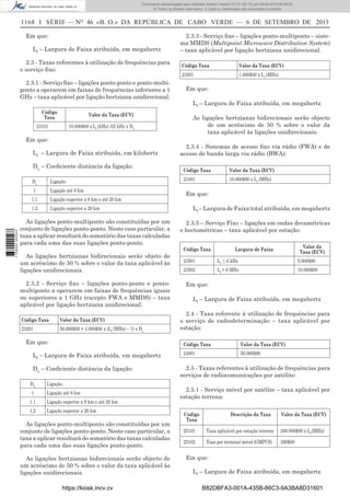 Documento descarregado pelo utilizador Adilson Varela (10.73.102.72) em 09-09-2013 09:39:52.
© Todos os direitos reservados. A cópia ou distribuição não autorizada é proibida.

1168 I SÉRIE — NO 46 «B. O.» DA REPÚBLICA DE CABO VERDE — 6 DE SETEMBRO DE 2013
Em que:
Lf – Largura de Faixa atribuída, em megahertz

2.3.3 - Serviço ﬁxo – ligações ponto-multiponto – sistema MMDS (Multipoint Microwave Distribution System)
– taxa aplicável por ligação hertziana unidirecional:

2.3 - Taxas referentes à utilização de frequências para
o serviço ﬁxo:

Código Taxa

Valor da Taxa (ECV)

23301

1.000$00 x Lf (MHz)

2.3.1 - Serviço ﬁxo – ligações ponto-ponto e ponto-multiponto a operarem em faixas de frequências inferiores a 1
GHz – taxa aplicável por ligação hertziana unidirecional:

Em que:

Código
Taxa

Valor da Taxa (ECV)

23101

10.000$00 x Lf (kHz) /25 kHz x DL

Em que:
Lf – Largura de Faixa atribuída, em kilohertz
DL – Coeﬁciente distância da ligação:
DL

Ligação:

1

Ligação até 8 km
Ligação superior a 8 km e até 20 km

1.2

1 738000 005433

1.1

Ligação superior a 20 km

As ligações ponto-multiponto são constituídas por um
conjunto de ligações ponto-ponto. Neste caso particular, a
taxa a aplicar resultará do somatório das taxas calculadas
para cada uma das suas ligações ponto-ponto.
As ligações hertzianas bidirecionais serão objeto de
um acréscimo de 50 % sobre o valor da taxa aplicável às
ligações unidirecionais.
2.3.2 - Serviço ﬁxo – ligações ponto-ponto e pontomultiponto a operarem em faixas de frequências iguais
ou superiores a 1 GHz (excepto FWA e MMDS) – taxa
aplicável por ligação hertziana unidirecional:
Código Taxa

Valor da Taxa (ECV)

23201

50.000$00 + 4.000$00 x (Lf (MHz) – 1) x DL

Em que:

Lf – Largura de Faixa atribuída, em megahertz
As ligações hertzianas bidirecionais serão objecto
de um acréscimo de 50 % sobre o valor da
taxa aplicável às ligações unidirecionais.
2.3.4 - Sistemas de acesso ﬁxo via rádio (FWA) e de
acesso de banda larga via rádio (BWA):
Código Taxa

Valor da Taxa (ECV)

23401

10.000$00 x Lf (MHz)

Em que:
Lf – Largura de Faixa total atribuída, em megahertz
2.3.5 – Serviço Fixo – ligações em ondas decamétricas
e hectométricas – taxa aplicável por estação:
Código Taxa

Valor da
Taxa (ECV)

Largura de Faixa

23501

Lf ≤ 6 kHz

5.000$00

23502

Lf > 6 MHz

10.000$00

Em que:
Lf – Largura de Faixa atribuída, em megahertz
2.4 - Taxa referente à utilização de frequências para
o serviço de radiodeterminação – taxa aplicável por
estação:
Código Taxa

Lf – Largura de Faixa atribuída, em megahertz
DL – Coeﬁciente distância da ligação:
DL

Ligação:

1

Ligação até 8 km

1.1

Ligação superior a 8 km e até 20 km

1.2

Ligação superior a 20 km

As ligações ponto-multiponto são constituídas por um
conjunto de ligações ponto-ponto. Neste caso particular, a
taxa a aplicar resultará do somatório das taxas calculadas
para cada uma das suas ligações ponto-ponto.
As ligações hertzianas bidirecionais serão objecto de
um acréscimo de 50 % sobre o valor da taxa aplicável às
ligações unidirecionais.
https://kiosk.incv.cv

Valor da Taxa (ECV)

24001

50.000$00

2.5 - Taxas referentes à utilização de frequências para
serviços de radiocomunicações por satélite:
2.5.1 - Serviço móvel por satélite – taxa aplicável por
estação terrena:
Código
Taxa

Descrição da Taxa

Valor da Taxa (ECV)

25101

Taxa aplicável por estação terrena

200.000$00 x Lf (MHz)

25102

Taxa por terminal móvel (GMPCS)

300$00

Em que:
Lf – Largura de Faixa atribuída, em megahertz
B82DBFA3-001A-435B-86C3-9A3BA8D31601

 