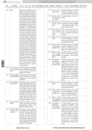 Documento descarregado pelo utilizador Adilson Varela (10.8.0.12) em 18-02-2013 16:22:19.
© Todos os direitos reservados. A cópia ou distribuição não autorizada é proibida.

198

1 657000 005433

131

I SÉRIE — NO 8 «B. O.» DA REPÚBLICA DE CABO VERDE — 8 DE FEVEREIRO DE 2013
Kiko

De tecido de algodão, camuﬂado ou verde, com copas e
abas; copa forma por três peças, duas laterais, unidas entre si pelos bordos anteriores
e posteriores, com custuras
quase perpendiculares as respectivas bases, e uma supeior,
vincada ao centro por costura
longitudinal e cosida aos bordos superioes das duas peças
laterais; os comprimentos
das três peças são os correspondentes à medida do boné,
as duas peças laterais tem
de altura 0,050m à frente,
0,110m à meio e 0,050m atrás
e apeça superior médio, na
sua maxima largura, 0,080m;
a orla da copa é reforçada interiormente por uma tira do
mesmo tecido, com 0,020m de
largura que, aos lados, entre
as abas, serve de bainha a
dois elásticos aí existentes
para proporcionarem completo ajuste do boné à cabeça. as
abas são duas: uma anterior,
redonda, entretelada e servindo de pala, com 0,070m
de desenvolvimento maximo
para frente; outra posterior
tapa-nuca com duas pontas
que se salientam 0.100m a
0,110m, para baixo a partir
da orla da copa

132

Luvas de pelica Confeccionadas em pelica
pretas (Par)
preta; frente com quatro nervuras pespontadas. Abotoa a
um botão de mola em preto;
ou De pelica, para as mãos
e de vaqueta, para o canhão;
um botão de pressão em metal
cromado e uma ﬁvela de friso
cromado; nas palmas das
mãos, a pelica é preta e nas
costas das mãos, branca; a
vaqueta do canhão é branca

138

Luvas de rede Confeccionadas em rede de
de metal para metal.
corte (Par)

139

Meias brancas Confeccionadas em malha
de cano curto lisa branca de 50% Algodão
(Par)
- 50% Poliester. Meia perna
com elástico forrado.

140

Meias feminina cor da pele,
social lisa
(Par)

141

Meias pretas Confeccionadas em malha
(Par)
lisa de 50% Algodão - 50% Poliester, em Preto; meia-perna,
com elástico forrado.

142

Meias pretas Confeccionadas em malha
compridas de lisa de 50% Algodão - 50% Poalgodão (Par) liester, em Preto; perna comprida, com elástico forrado.

143

Meias verdeolivo, compridas de algodão
(Par)

Confeccionadas em malha
lisa de 100% Algodão; perna comprida, com elástico
forrado.

144

Passadeiras
camuﬂadas
com insígnias
de posto (Par)

Confeccionadas em tecido
sarjado 50% Algodão - 50%
Poliester na cor umbre
4495/ Pantone Guide 1000,
220grs/m. Entretelada e com
forro de base sobre a costura
em 100% Algodão cor umbre,
90grs/m, padrão camuflado
nas cores e tons de castanhos
ou de verde. A simbologia
hierárquica é em bordado
mecânico em ﬁo misto na cor
preta.

145

Meias pretas Confeccionadas em malha
(Par)
lisa de 50% Algodão - 50% Poliester, em Preto; meia-perna,
com elástico forrado.

146

Meias pretas Confeccionadas em malha
compridas de lisa de 50% Algodão - 50% Poalgodão (Par) liester, em Preto; perna comprida, com elástico forrado.

147

Meias verde- Confeccionadas em malha
olivo, compridas lisa de 100% Algodão; perna
de algodão (Par) comprida, com elástico forrado.

148

Passadeiras
camuﬂadas
com insígnias
de posto (Par)

Luvas de borra- Confeccionadas em borracha;
cha, pretas (Par) frente com quatro nervuras
pespontadas. Com canhão
comprido

134

Luvas de lã, Confeccionadas em lã e ﬁbra
pretas (Par)
sintética. Ajustam ao pulso
por mola de pressão em branco.

Luvas bran- Confeccionadas em algodão
cas de algodão branco e ﬁbra sintética. Ajus(Par)
tam ao pulso por mola de
pressão em branco.

133

137

135

Luvas de couro Confeccionadas em couro;
(Par)
frente com quatro nervuras
pespontadas. Abotoa a um
botão de mola em preto

136

Luvas de cabe- Em napa vacum, pretas;
dal para moto- cano longo; meio elástico nos
punhos; fechada por vélcro
ciclistas
no cano; na altura do dorso
da mão, são aplicadas no
lado externo cinco nervuras
acolchoadas; reforço no lado
externo dos dedos, palma da
mão e polegar; tudo no mesmo
material e cor da luva
https://kiosk.incv.cv

Tipo meia-calça, não desfiável, 100% poliamida ou
lycra, cor da beje, lisa de feitio
corrente

Confeccionadas em tecido
sarjado 50% Algodão - 50%
Poliester na cor umbre
4495/ Pantone Guide 1000,
220grs/m. Entretelada e com
forro de base sobre a costura
em 100% Algodão cor umbre,
90grs/m, padrão camuflado
nas cores e tos de castanhos
ou de verde. A simbologia
hierárquica é em bordado
mecânico em ﬁo misto na cor
preta.

97CC4129-D39E-404F-8795-95434A5C8C08

 