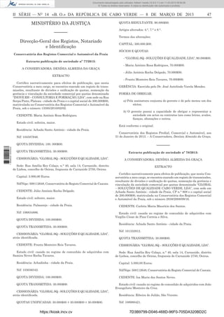 Documento descarregado pelo utilizador Adilson Varela (10.8.0.11) em 11-03-2013 09:59:26.
© Todos os direitos reservados. A cópia ou distribuição não autorizada é proibida.

II SÉRIE — NO 14 «B. O.» DA REPÚBLICA DE CABO VERDE — 8 DE MARÇO DE 2013

MINISTÉRIO DA JUSTIÇA
––––––
Direcção-Geral dos Registos, Notariado
e Identiﬁcação
Conservatória dos Registos Comercial e Automóvel da Praia
Extracto publicação de sociedade nº 77/2013:
A CONSERVADORA: DENÍSIA ALMEIDA DA GRAÇA
EXTRACTO
Certiﬁco narrativamente para efeitos de publicação, que nesta
Conservatória a meu cargo, se encontra exarado um registo de transmissões, resultante de divisões e uniﬁcação de quotas, nomeação da
gerência e vinculação da sociedade comercial por quotas denominada
“INOVE RH – CONSULTORIA E FORMAÇÃO, LDA”, com sede na Rua
Serpa Pinto, Plateau - cidade da Praia e o capital social de 300.000$00,
matriculada na Conservatória dos Registos Comercial e Automóvel da
Praia, sob o número 13595/2010/02/02.
CEDENTE: Maria António Rosa Rodrigues.
Estado civil: solteira, maior.
Residência: Achada Santo António - cidade da Praia.
Nif: 104587946.

QUOTA RESULTANTE: 90.000$00.
Artigos alterados: 4.°, 7.° e 8.°.
Termos das alterações:
CAPITAL: 300.000.$00.
SÓCIOS E QUOTAS:
- “GLOBAL SQ - SOLUÇÕES E QUALIDADE, LDA”, 90.000$00.
- Maria António Rosa Rodrigues, 70.000$00.
- Júlio António Rocha Delgado, 70.000$00.
- Frantz Monteiro Reis Tavares, 70.000$00.
GERÊNCIA: Exercida pelo Dr. José Autelindo Varela Mendes.
FORMA DE OBRIGAR:
a) Pela assinatura conjunta do gerente e de pelo menos um dos
sócios;
b) O gerente possui a capacidade de obrigar e representar a
sociedade em actos ou contratos tais como letras, avales,
ﬁanças, abonações e outros.
Está conforme o original.
Conservatória dos Registos Predial, Comercial e Automóvel, aos
31 de Janeiro de 2013. – A Conservadora, Denísia Almeida da Graça.

––––––

1 668000 005433

QUOTA DIVIDIDA: 100. 000$00.
QUOTA TRANSMITIDA: 30.000$00.
CESSIONÁRIA: “GLOBAL SQ – SOLUÇÕES E QUALIDADE, LDA”.

Extracto publicação de sociedade nº 78/2013:
A CONSERVADORA: DENÍSIA ALMEIDA DA GRAÇA

Sede: Rua Amélia Rey Colaço, n.° 40, sala 14, Carnaxide, distrito
de Lisboa, concelho de Oeiras, freguesia de Carnaxide 2750, Oeiras.
Capital: 5.000,00 Euros.
Nif/Nipc: 508112648, Conservatória do Registo Comercial de Cascais.
CEDENTE: Júlio António Rocha Delgado.
Estado civil: solteiro, maior.
Residência: Palmarejo - cidade da Praia.
Nif: 106834886.
QUOTA DIVIDIDA: 100.000$00.
QUOTA TRANSMITIDA: 30.000$00.
CESSIONÁRIA: “GLOBAL SQ – SOLUÇÕES E QUALIDADE, LDA”,
atrás identiﬁcada.
CEDENTE: Frantz Monteiro Reis Tavares.
Estado civil: casado no regime de comunhão de adquiridos com
Samira Neves Rocha Tavares.

47

EXTRACTO
Certiﬁco narrativamente para efeitos de publicação, que nesta Conservatória a meu cargo, se encontra exarado um registo de transmissões,
resultante de divisões e uniﬁcação de quotas, nomeação da gerência e
vinculação da sociedade comercial por quotas denominada “GLOBAL
– SOLUÇÕES DE QUALIDADE CABO VERDE, LDA”, com sede em
Achada Santo António - cidade da Praia, CP n.° 808 e o capital social
de 200.000$00, matriculada na Conservatória dos Registos Comercial
e Automóvel da Praia, sob o número 2838/2008/09/16.
CEDENTE: Carlota Maria Maurício dos Santos.
Estado civil: casada no regime de comunhão de adquiridos com
Virgílio César de Pina Correia e Silva.
Residência: Achada Santo António - cidade da Praia.
Nif: 101332912.
QUOTA TRANSMITIDA: 30.000$00.
CESSIONÁRIA: “GLOBAL SQ – SOLUÇÕES E QUALIDADE, LDA”.
Sede: Rua Amélia Rey Colaço, n.° 40, sala 14, Carnaxide, distrito
de Lisboa, concelho de Oeiras, freguesia de Carnaxide 2750, Oeiras.

Residência: Achadinha - cidade da Praia.

Capital: 5.000,00 Euros.

Nif: 103036342.

Nif/Nipc: 508112648, Conservatória do Registo Comercial de Cascais.

QUOTA DIVIDIDA: 100.000$00.

CEDENTE: Isa Maria dos Santos Neves.

QUOTA TRANSMITIDA: 30.000$00.
CESSIONÁRIA: “GLOBAL SQ - SOLUÇÕES E QUALIDADE, LDA”,
atrás identiﬁcada.
QUOTAS UNIFICADAS: 30.000$00 + 30.000$00 + 30.000$00.

https://kiosk.incv.cv

Estado civil: casada no regime de comunhão de adquiridos com João
Evangelista Monteiro da Cruz.
Residência: Ribeira de Julião, São Vicente.
Nif: 108980421.

7D3B9799-D046-468D-96F0-705DA320BD2C

 