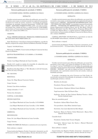 Documento descarregado pelo utilizador Adilson Varela (10.8.0.11) em 11-03-2013 09:59:26.
© Todos os direitos reservados. A cópia ou distribuição não autorizada é proibida.

50

II SÉRIE — NO 14 «B. O.» DA REPÚBLICA DE CABO VERDE — 8 DE MARÇO DE 2013
Extracto publicação de sociedade nº 83/2013:

Extracto publicação de sociedade nº 84/2013:

A CONSERVADORA: DENÍSIA ALMEIDA DA GRAÇA

A CONSERVADORA: DENÍSIA ALMEIDA DA GRAÇA

EXTRACTO

EXTRACTO

Certiﬁco narrativamente para efeitos de publicação, que nesta Conservatória a meu cargo, se encontra exarado um registo de transmissão,
resultante de cessões de quotas, renúncia e recondução da gerência,
vinculação da sociedade comercial denominada “CAFÉS DE CABO
VERDE – INDÚSTRIA TORRECFATORA, LDA”, com sede em Achada Grande Trás, Cidade da Praia e o capital social de 15.000.000$00,
matriculada na Conservatória dos Registos Comercial e Automóvel da
Praia, sob o número 651/1998/11/12.

Certiﬁco narrativamente para efeitos de publicação, que nesta Conservatória a meu cargo, se encontra exarado um registo de afectação do
capital social à “SIBAFIL – SOCIEDADE DE EMPREITADAS, LDA”
– SUCURSAL DE CABO VERDE”, da sociedade comercial denominada
“SIBAFIL – SOCIEDADE DE EMPREITADAS, LDA”, com sede no
Parque Empresarial da Ribeira Brava, lote 32- Boa Morte, Distrito:
Madeira (Funchal), Concelho: Ribeira Brava, Freguesia: Ribeira Brava 9350 104, Ribeira Brava e o capital social de 14.963,94,00 Euros,
matriculada na Conservatória do Registo Comercial de Ribeira Brava,
sob o número 502808071.

CEDENTE:
Titular: “SWEETS AND SUGAR – PRODUÇÃO, COMERCIALIZAÇÃO
DE AÇÚCAR E SEUS DERIVADOS, SA”
Sede: Plataforma 6 - Zona Franca Industrial da Madeira, concelho de
Machico, freguesia do caniçal, Distrito da Madeira (Funchal), Portugal.
Capital: 748.500,00 Euros.

CAPITAL AFECTADO: 230.000,00 Euros, equivalente ao valor de
25.306.950$00 caboverdianos, realizado em dinheiro.
Está conforme o original.
Conservatória dos Registos Predial, Comercial e Automóvel, aos 28
de Fevereiro de 2013. – A Conservadora, Denísia Almeida da Graça.

––––––

Matricula: 511066287, Conservatória do Registo Comercial da Zona
Franca da Madeira.
QUOTAS TRANSMITIDAS: 9.375.000$00 e 3.750.000$00.

Extracto publicação de sociedade nº 85/2013:
A CONSERVADORA: DENÍSIA ALMEIDA DA GRAÇA

CESSIONÁRIO:

EXTRACTO

1 668000 005433

Titular: Luís Miguel Machado da Costa Carvalho.
Estado civil: casado no regime de comunhão de adquiridos com
Camila Manuel de Oliveira Guedes Carvalho.
Residência: Rua Egas Moniz, n.° 961, Moradia 3, 4410-427 Arcozelo,
Vila Nova de Gaia, Portugal.
Nif: 192316559.
RENÚNCIA:
Nome: Dr. Filipe Manuel Guerreiro Cabrita.

Certiﬁco narrativamente para efeitos de publicação, que nesta Conservatória a meu cargo e nos termos do disposto na alínea b) do nº 1
do artigo 9.°, da Lei nº 25/VI/2003, de 21 de Julho, foi constituída uma
associação sem ﬁns lucrativos denominada “ASSOCIAÇÃO CULTURAL
ENIGMA – ENIGMA”, com sede na cidade da Praia, de duração indeterminada, com o património inicial de dez mil escudos, tendo por
ﬁnalidade principal:
A inserção e divulgação das artes Circenses em Cabo Verde, desenvolvendo iniciativas diversiﬁcadas de promoção no âmbito dessa
manifestação artística e cultural.
Membros da direcção:

Cargo: Gerente.
Período: Com efeitos imediatos.
Artigos alterados: 4.° e 6.°.
Termos das alterações:
CAPITAL: 15.000.000$00.
SÓCIOS E QUOTAS:

Presidente: Hernani Duarte Dias.
Vice-presidente: Stéphanie Débora Castro Modesto.
Vogal-tesoureiro: Edar Gil Duarte Dias.
Suplentes: Jéssica de Pina Lubrano Barbosa Vicente e Ailton
Patrick Andrade Lopes.
Mesa da assembleia geral:

- Luís Miguel Machado da Costa Carvalho, 9.375.000$00.

Presidente: Adilson Mário Duarte Dias.

- Luís Miguel Machado da Costa Carvalho, 3.750. 000$00.

Vice-presidente: Alisa Milan Andrade Lopes.

- Luís Miguel Machado da Costa Carvalho, 1.875. 000$00.

Secretária: Ana Laura Querido dos Reis Borges.
Suplentes: Maria de Fátima Cabral Montrond e Mayra Silva
Almeida Santos Ramos.

GERÊNCIA:
RECONDUÇÃO:
Nome: Dr. Luís Miguel Machado da Costa Carvalho.
Cargo: Gerente.
FORMA DE OBRIGAR: Mediante a assinatura de um só gerente.
Está conforme o original.
Conservatória dos Registos Predial, Comercial e Automóvel, aos 28
de Fevereiro de 2013. – A Conservadora, Denísia Almeida da Graça.

https://kiosk.incv.cv

Conselho ﬁscal:
Presidente: Zuleika Soﬁa Tavares Delgado.
Secretários: Aderson Lopes dos Santos e Manuel Montrond
Barros Alves.
Está conforme o original.
Conservatória dos Registos Predial, Comercial e Automóvel, aos
4 de Março de 2013. – A Conservadora, Denísia Almeida da Graça.

7D3B9799-D046-468D-96F0-705DA320BD2C

 