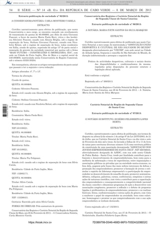 Documento descarregado pelo utilizador Adilson Varela (10.8.0.11) em 11-03-2013 09:59:26.
© Todos os direitos reservados. A cópia ou distribuição não autorizada é proibida.

54

II SÉRIE — NO 14 «B. O.» DA REPÚBLICA DE CABO VERDE — 8 DE MARÇO DE 2013
Extracto publicação de sociedade nº 95/2013:

A CONSERVADORA/NOTÁRIA: CARLA MONTEIRO VARELA

Conservatória dos Registos e Cartório Notarial da Região
de Segunda Classe de Santa Catarina

EXTRACTO

Extracto publicação de sociedade nº 96/2013:

Certiﬁco narrativamente para efeitos de publicação, que nesta
Conservatória a meu cargo, se encontra exarado um averbamento
de transmissão de quotas de 80.000$00, por óbito do sócio Giovanni
Panconi, a favor da meeira Maria Paola Ricci, viúva e dos herdeiros Silvestre Panconi, casado com Alessia Briglia, sob o regime de
separação de bens, Stefano Giovanni Panconi, casado com Nicoletta Beloni, sob o regime de separação de bens, todos residentes
em Itália, cessão de quotas, supressão do artigo 13º do pacto social e
nomeação do gerente da sociedade comercial por quotas sob a ﬁrma
“MAIO FUTURO – CONSTRUÇÕES E IMOBILIÁRIA, IDA”, com
sede na Cidade do Porto Inglês, Ilha do Maio e o capital social de
240.000$00, matriculada nesta Conservatória do Registo Comercial,
sob o número 03/20130204.

A NOTÁRIA: MARIA IVETE SANTOS DA SILVA MARQUES

Em consequência, alteram os artigos correspondentes do pacto social
que passam a ter a seguinte e nova redacção:
Artigos alterados: 4º, 7º e 13º.
Termos da alteração.
Cessão de quotas.

EXTRACTO
Certiﬁco narrativamente para efeitos de publicação que neste Cartório Notarial, a meu cargo, foi matriculada a “ASSOCIAÇÃO UNIÃO
DESPORTIVA E CULTURAL DE SÃO SALVADOR DO MUNDO”
designada abreviadamente por “UDCSM”, com sede social na Cidade
de Achada Igreja, freguesia e concelho de São Salvador do Mundo, de
duração indeterminada e persegue o seguinte ﬁm:
Prática de actividades desportivas, culturais e sociais dentro
das disponibilidades e condicionalismos da mesma,
regulados pelas disposições do presente estatuto e
legislação oﬁcial aplicada.
Está conforme o original.
Registada sob o nº 269/2013.

QUOTA: 80.000$00.
Cedente: Silvestre Panconi.
Estado civil: casado com Alessia Briglia, sob o regime de separação
de bens.

1 668000 005433

Cedente: Stefano Giovanni Panconi.
Estado civil: casado com Nicoletta Beloni, sob o regime de separação
de bens.
Residência: Itália.
Cessionária: Maria Paola Ricci.
Estado civil: viúva.
Residência: Itália.

Conservatória dos Registos e Cartório Notarial da Região de Segunda
Classe de Santa Catarina, aos 26 de Fevereiro de 2013. – A Notária,
Maria Ivete Santos da Silva Marques

––––––
Cartório Notarial da Região de Segunda Classe
de Santa Cruz
Extracto publicação de sociedade nº 97/2013:
O NOTÁRIO SUBSTITUTO: EUSÉBIO FELISBERTO LOPES
HORTA
EXTRACTO

NIF:161539521.
QUOTA: 80.000$00
Titular: Maria Paola Ricci.
Estado civil: viúva.
Residência: Itália.
NIF 161539521.
QUOTA: 80.000$00.
Titular: Maria Pia Folignani.
Estado civil: casada sob o regime de separação de bens com Sílvio
Catola.
Residência: Cidade do Porto Inglês, Maio.
NIF: 152682171.
QUOTA: 80.000$00.
Titular: Sílvio Catola.
Estado civil: casado sob o regime de separação de bens com Maria
Pia Folignani.
Residência: Cidade do Porto Inglês, Maio.
NIF: 153286431.
Gerência: Exercida pelo sócio Sílvio Catola.
FORMA DE OBRIGAR: Pela assinatura do gerente.
Conservatória dos Registos e Cartório Notarial da Região de Segunda
Classe do Maio, aos 20 de Fevereiro de 2013. – A Conservadora-Notária,
Carla Monteiro Varela.

https://kiosk.incv.cv

Certiﬁco, narrativamente e para efeitos de publicação, nos termos do
disposto na alínea b) do número 1 do artigo 9° da Lei 25/VI/2003, de 21
de Julho, que no Cartório Notarial de Santa Cruz e no dia vinte e sete
de Fevereiro de dois mil e treze, foi lavrada a folhas de 10 a 11 do livro
de notas para escrituras diversas número 31/A uma escritura pública
de constituição de uma associação denominada “ASSOCIAÇÃO DOS
JOVENS EMPREENDEDORES DE SANTA CRUZ”, NIF 566766035,
abreviadamente designada de AJESC, com sua sede nesta Cidade
de Pedra Badejo - Santa Cruz, tendo por ﬁnalidade contribuir para o
fomento e desenvolvimento do empreendedorismo, bem como para a
melhoria de informação e troca de experiências, entre organizações e
associações públicas ou privadas que na sociedade santa-cruzense, ou
fora dela, pugnem pela busca dos mais nobres interesses da defesa e
promoção dos empreendedores; promover a formação de jovens e estimular o espirito de liderança empresarial e a participação do empreendedor no desenvolvimento do conselho do país; promover seminários,
debates, colóquios, palestras, cursos, conferencias, simpósios e outras
ações de natureza cientíﬁca, com vista a contribuir para a capacitação
dos empreendedores e consequentemente a competitividade nacional
da classe; conceber e dinamizar programas de ação a desenvolver com
associações congéneres, promover a reﬂexão e o debate de propostas
ligadas á problemática do empreendedorismo; promover e ou realizar
festivais, feiras, confraternizações e outras ações do género, com vista
a enaltecer o papel do empreendedor na sociedade, bem como valorizar, homenagear e premiar os que comprovadamente com a sua ação
empreendedora se tenham destacado.
Conta registada sob o nº 132/2013.
Cartório Notarial de Santa Cruz, aos 27 de Fevereiro de 2013. – O
Notário/subs. Eusébio Felisberto Lopes Horta.

7D3B9799-D046-468D-96F0-705DA320BD2C

 