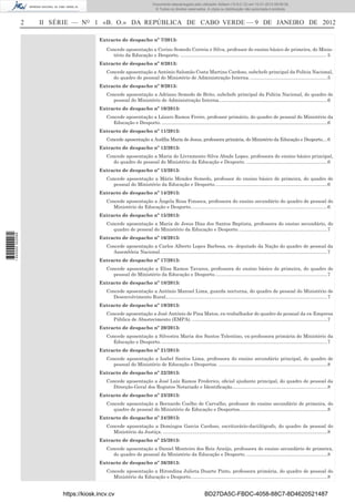 2 II SÉRIE — NO
1 «B. O.» DA REPÚBLICA DE CABO VERDE — 9 DE JANEIRO DE 2012
Extracto de despacho nº 7/2013:
Concede aposentação a Cerino Semedo Correia e Silva, professor do ensino básico de primeira, do Minis-
tério da Educação e Desporto. .............................................................................................................. 5
Extracto de despacho nº 8/2013:
Concede aposentação a António Salomão Costa Martins Cardoso, subchefe principal da Polícia Nacional,
do quadro de pessoal do Ministério de Administração Interna. ..........................................................5
Extracto de despacho nº 9/2013:
Concede aposentação a Adriano Semedo de Brito, subchefe principal da Polícia Nacional, do quadro de
pessoal do Ministério de Administração Interna..................................................................................6
Extracto de despacho nº 10/2013:
Concede aposentação a Lázaro Ramos Freire, professor primário, do quadro de pessoal do Ministério da
Educação e Desporto. .............................................................................................................................6
Extracto de despacho nº 11/2013:
Concede aposentação a Audília Maria de Jesus, professora primária, do Ministério da Educação e Desporto....6
Extracto de despacho nº 12/2013:
Concede aposentação a Maria do Livramento Silva Abade Lopes, professora do ensino básico principal,
do quadro de pessoal do Ministério da Educação e Desporto. .............................................................6
Extracto de despacho nº 13/2013:
Concede aposentação a Mário Mendes Semedo, professor do ensino básico de primeira, do quadro de
pessoal do Ministério da Educação e Desporto.....................................................................................6
Extracto de despacho nº 14/2013:
Concede aposentação a Ângela Rosa Fonseca, professora do ensino secundário do quadro de pessoal do
Ministério da Educação e Desporto.......................................................................................................6
Extracto de despacho nº 15/2013:
Concede aposentação a Maria de Jesus Dias dos Santos Baptista, professora do ensino secundário, do
quadro de pessoal do Ministério da Educação e Desporto. ..................................................................7
Extracto de despacho nº 16/2013:
Concede aposentação a Carlos Alberto Lopes Barbosa, ex- deputado da Nação do quadro de pessoal da
Assembleia Nacional..............................................................................................................................7
Extracto de despacho nº 17/2013:
Concede aposentação a Elisa Ramos Tavares, professora do ensino básico de primeira, do quadro de
pessoal do Ministério da Educação e Desporto.....................................................................................7
Extracto de despacho nº 18/2013:
Concede aposentação a António Manuel Lima, guarda nocturna, do quadro de pessoal do Ministério de
Desenvolvimento Rural..........................................................................................................................7
Extracto de despacho nº 19/2013:
Concede aposentação a José António de Pina Matos, ex-trabalhador do quadro de pessoal da ex-Empresa
Pública de Abastecimento (EMPA). ......................................................................................................7
Extracto de despacho nº 20/2013:
Concede aposentação a Silvestra Maria dos Santos Tolentino, ex-professora primária do Ministério da
Educação e Desporto. .............................................................................................................................7
Extracto de despacho nº 21/2013:
Concede aposentação a Isabel Santos Lima, professora do ensino secundário principal, do quadro de
pessoal do Ministério de Educação e Desportos. ..................................................................................8
Extracto de despacho nº 22/2013:
Concede aposentação a José Luíz Ramos Frederico, oﬁcial ajudante principal, do quadro de pessoal da
Direcção-Geral dos Registos Notariado e Identiﬁcação........................................................................8
Extracto de despacho nº 23/2013:
Concede aposentação a Bernardo Coelho de Carvalho, professor do ensino secundário de primeira, do
quadro de pessoal do Ministério de Educação e Desportos..................................................................8
Extracto de despacho nº 24/2013:
Concede aposentação a Domingos Garcia Cardoso, escriturário-dactilógrafo, do quadro de pessoal do
Ministério da Justiça. ............................................................................................................................8
Extracto de despacho nº 25/2013:
Concede aposentação a Daniel Monteiro dos Reis Araújo, professora do ensino secundário de primeira,
do quadro de pessoal da Ministério da Educação e Desporto. .............................................................8
Extracto de despacho nº 26/2013:
Concede aposentação a Hirondina Julieta Duarte Pinto, professora primária, do quadro de pessoal do
Ministério da Educação e Desporto.......................................................................................................8
https://kiosk.incv.cv BD27DA5C-FBDC-4058-88C7-8D4620521487
Documento descarregado pelo utilizador Adilson (10.8.0.12) em 10-01-2013 09:09:39.
© Todos os direitos reservados. A cópia ou distribuição não autorizada é proibida.
1640000002089
 
