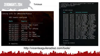 Tinfoleak
http://vicenteaguileradiaz.com/tools/
 