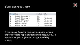 Устанавливаем ключ
В это время браузер сам запрашивает favicon,
ответ которого перенаправляет на поддомены, с
каждым запросом убирая по одному байту
ключа.
 