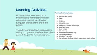 Learning Activities
All the activities were based on a
Photocopiable worksheet which then
culminated into their own English
Language Booklet at the end of the
project.
The activites ranged from colouring in to
cutting out, glue onto cardboard and play a
game. Filling in the number diagrams.
 