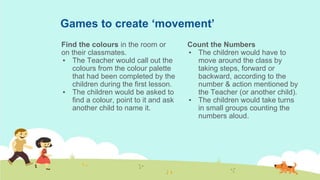 Games to create ‘movement’
Count the Numbers
▪ The children would have to
move around the class by
taking steps, forward or
backward, according to the
number & action mentioned by
the Teacher (or another child).
▪ The children would take turns
in small groups counting the
numbers aloud.
Find the colours in the room or
on their classmates.
▪ The Teacher would call out the
colours from the colour palette
that had been completed by the
children during the first lesson.
▪ The children would be asked to
find a colour, point to it and ask
another child to name it.
 