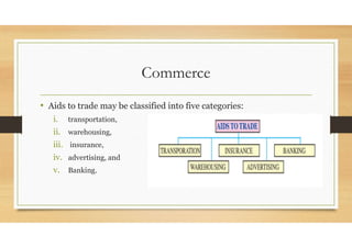 Commerce
• Aids to trade may be classified into five categories:
i. transportation,
ii. warehousing,
iii. insurance,
iv. advertising, and
v. Banking.
 