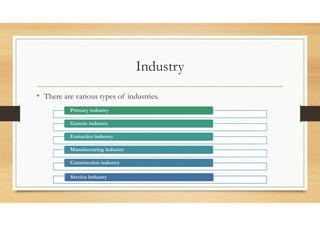 Industry
• There are various types of industries.
Primary industry
Genetic industry
Extractive industry
Manufacturing industry
Construction industry
Service industry
 