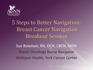 5 Steps to Better Navigation: Breast Cancer Navigation Breakout Session  Sue Bowman, RN, OCN, CBCN, MSW Breast Oncology Nurse Navigator Wellspan Health, York Cancer Center 