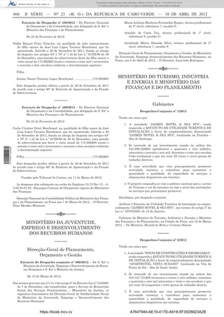 Documento descarregado pelo utilizador Adilson (10.8.0.12) em 11-04-2012 09:19:33.
                                                                                                         © Todos os direitos reservados. A cópia ou distribuição não autorizada é proibida.


                  466       II SÉRIE — NO 23                               «B. O.» DA REPÚBLICA DE CABO VERDE — 10 DE ABRL DE 2012
                         Extracto de Despacho nº 498/2012 – Do Director Nacional                                                  Maria Antónia Monteiro Fernandes Borges, técnica proﬁssional
                           do Orçamento e da Contabilidade, por delegação de S. Exª a                                               de 2° nível, referência 7, escalão F;
                           Ministra das Finanças e do Planeamento:
                                                                                                                                  Arnaldo da Costa Vaz, técnico proﬁssional de 1° nível,
                              De 23 de Fevereiro de 2012:                                                                            referência 8, escalão G;

                  Nádia Raquel Pinto Teixeira, na qualidade de mãe representante                                                  Arciolinda Maria Almeida Silva, técnica proﬁssional de 2°
                    do ﬁlho menor de José Luis Lopes Tavares Benchimol, que foi                                                      nível, referência 7, escalão F;
                    aposentado, falecido a 30 de Setembro de 2011, ﬁxada ao abrigo
                    do disposto nos artigos 64º e 70º nº 1 d) da Lei n.º 61/III/89 de 30                                    Direcção-Geral de Planeamento, Orçamento e Gestão, do Ministério
                    de Dezembro, uma pensão de sobrevivência favor da ﬁlha menor o                                        da Juventude, Emprego desenvolvimento dos Recursos Humanos, na
                    valor anual de 175.992$00 (cento e setenta e cinco mil e novecentos                                   Praia, aos 2 de Abril de 2012. – O Director, Laurindo Rodrigues.
                    e noventa e dois escudos) conforme a discriminação seguinte:
                                                                                                                                                         –––––o§o–––––
                    Filha:

                    Janine Naomi Teixeira Lopes Benchimol ......................175.992$00
                                                                                                                            MINISTÉRIO DO TURISMO, INDÚSTRIA
                                                                                                                               E ENERGIA E MINISTÉRIO DAS
                     Este despacho produz efeitos a partir de 30 de Setembro de 2011
                  de acordo com o artigo 80º do Estatuto de Aposentação e da Pensão                                           FINANÇAS E DO PLANEAMENTO
                  de Sobrevivência.
                                                                                                                                                                   –––––
                                                           –––––––
                                                                                                                                                              Gabinetes
                         Extracto de Despacho nº 499/2012 – Do Director Nacional
                           do Orçamento e da Contabilidade, por delegação de S. Exª a                                                             Despachos-Conjunto nº 1/2012
                           Ministra das Finanças e do Planeamento:
                                                                                                                             Tendo em conta que:
                              De 23 de Fevereiro de 2012:
                                                                                                                                  1. A sociedade “JASMIN HOTEL & SEA SPA”, tendo
                  Carla Cristina Ortet Benchimol, na qualidade de ﬁlha maior de José                                                 requerido o ESTATUTO DE UTILIDADE TURÍSTICA DE
                     Luis Lopes Tavares Benchimol, que foi aposentado, falecido a 30                                                 INSTALAÇÃO a favor do empreendimento denominado
                     de Setembro de 2011, ﬁxada ao abrigo do disposto nos artigos 64º                                                “JASMIN HOTEL & SEA SPA”, localizada na Prainha –
                     e 70º nº 1 d) da Lei n.º 61/III/89 de 30 de Dezembro, uma pensão                                                ilha de Santiago;
                     de sobrevivência seu favor o valor anual de 175.992$00 (cento e
                     setenta e cinco mil e novecentos e noventa e dois escudos) conforme                                          2. Se tratando de um investimento orçado na ordem dos
1 514000 002089




                     a discriminação seguinte:                                                                                       543.896.226$00 (quinhentos e quarenta e três milhões,
                                                                                                                                     oitocentos e noventa e seis mil, duzentos e vinte seis escudos
                    Filha .................................................................................175.992$00                Cabo-verdianos) o que irá criar 29 (vinte e nove) postos de
                                                                                                                                     trabalho directos;
                     Este despacho produz efeitos a partir de 30 de Setembro de 2011
                  de acordo com o artigo 80º do Estatuto de Aposentação e da Pensão                                               3. É uma actividade que visa principalmente promover
                  de Sobrevivência.                                                                                                  actividade turística e contribuir para aumentar a
                                                                                                                                     quantidade e qualidade, da capacidade de serviços e
                        Visados pelo Tribunal de Contas, em 11 de Março de 2012.                                                     alojamentos disponíveis aos turistas;

                     As despesas têm cabimento na verba da Orgânica 10.12 Div.15 – cl.                                            4. O projecto enquadra-se com a política nacional para o sector
                  3.05.03.01.02 - Encargos Comuns do Orçamento vigente do Ministério                                                 do Turismo e vai de encontro ao tipo e nível das instalações
                  das Finanças.                                                                                                      ou serviços que procuramos promover.

                     Direcção Nacional da Contabilidade Pública do Ministério das Finan-                                     Decidimos, por despacho conjunto:
                  ças e do Planeamento, na Praia aos 7 de Março de 2012. – O Director,
                                                                                                                            Atribuir o Estatuto de Utilidade Turística de Instalação ao empre-
                  Elias Mendes Monteiro.
                                                                                                                          endimento “JASMIN HOTEL & SEA SPA”, nos termos do artigo 5º da
                                                                                                                          Lei n.º 55/VI/2005, de 10 de Janeiro.
                                                  –––––o§o–––––
                                                                                                                            Gabinete do Ministro do Turismo, Indústria e Energia e Ministra
                          MINISTÉRIO DA JUVENTUDE,                                                                        das Finanças e do Planeamento, na Cidade da Praia, aos 16 de Março
                                                                                                                          2012. – Os Ministro, Humberto Brito e Cristina Duarte.
                         EMPREGO E DESENVOLVIMENTO
                           DOS RECURSOS HUMANOS                                                                                                                    –––––
                                                           –––––––                                                                                Despachos-Conjunto nº 2/2012

                                                                                                                             Tendo em conta que:
                               Direcção-Geral de Planeamento,
                                                                                                                                  1. A sociedade “SPENCER CONSTRUÇÕES E IMOBILIÁRIA”,
                                     Orçamento e Gestão                                                                               tendo requerido o ESTATUTO DE UTILIDADE TURÍSTICA
                                                                                                                                      DE INSTALAÇÃO a favor do empreendimento denominado
                        Extracto de Despacho conjunto nº 500/2012: – De S. Exª a
                                                                                                                                      “APARTHOTEL VISTA OCEANO”, localizada na Vila de
                         Ministra da Juventude, Emprego e Desenvolvimento de Recur-
                                                                                                                                      Ponta do Sol – ilha de Santo Antão;
                         sos Humanos e S. Exª o Ministro da Justiça:
                                                                                                                                  2. Se tratando de um investimento orçado na ordem dos
                               De 15 de Março de 2012:                                                                               333.347.721$00 (trezentos e trinta e três milhões, trezentos
                                                                                                                                     e quarenta e sete mil setecentos e vinte e um escudos), o que
                  Nos termos previsto nos n°s 3 e 4 do artigo 5° do Decreto-Lei n° 54/2009,
                                                                                                                                     irá criar 53 (cinquenta e três) postos de trabalho directo;
                    de 7 de Dezembro, são transferidos, para o Serviço de Reinserção
                    Social dos Serviços Penitenciários – Ministério da Justiça, os                                                3. É uma actividade que visa principalmente promover
                    seguintes funcionários da Direcção-Geral de Solidariedade Social                                                 actividade turística e contribuir para aumentar a
                    do Ministério da Juventude, Emprego e Desenvolvimento dos                                                        quantidade e qualidade, da capacidade de serviços e
                    Recursos Humanos:                                                                                                alojamentos disponíveis aos turistas;


                                            https://kiosk.incv.cv                                                                       A7647940-AE19-417D-A918-5F35D8823A2B
 
