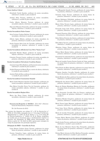 Documento descarregado pelo utilizador Adilson (10.8.0.12) em 11-04-2012 09:19:33.
                                                                                © Todos os direitos reservados. A cópia ou distribuição não autorizada é proibida.



                  II SÉRIE — NO 23                «B. O.» DA REPÚBLICA DE CABO VERDE — 10 DE ABRIL DE 2012                                                           469
                    Liceu Amílcar Cabral                                                                 Ana Margarida Semedo Tavares, professora do ensino básico
                                                                                                           de primeira, referência 7, escalão A, para escalão B.
                        Ermelindo Varela Sanches, professor do ensino secundário,
                          referência 8, escalão A, para escalão B.                                       Victorina Lopes Tavares, professora do ensino básico de
                                                                                                            primeira, referência 7, escalão A, para escalão B.
                        António Silva Tavares, professor do ensino secundário,
                          referência 8, escalão B, para escalão C.                                       Renato Rodrigues Felicidade, professor do ensino básico de
                                                                                                           primeira, referência 7, escalão A, para escalão B.
                        Carlos Alberto Monteiro Tavares, professor do ensino
                          secundário adjunto, referência 7, escalão A, para escalão B.                   Maria Celina Tavares Lopes, professora do ensino básico de
                                                                                                           primeira, referência 7, escalão A, para escalão B.
                        Elga Liné Monteiro Fernandes, professor do ensino secundário
                           adjunto, referência 7, escalão A, para escalão B.                             Fernando Jorge Lobo Vieira, professor do ensino básico de
                                                                                                            primeira, referência 7, escalão A, para escalão B.
                    Escola Secundária Pedro Gomes
                                                                                                         Emanuel Francisco Silva Oliveira, professor do ensino básico
                        Jeiza Luciene Cardoso Barbosa Tavares, professora do ensino                        de primeira, referência 7, escalão A, para escalão B.
                           secundário, referência 8, escalão A, para escalão B.
                                                                                                         Dulce Helena Ferreira dos Santos, professora do ensino básico
                        Alberto Agúes Ribeiro, professor do ensino secundário de
                                                                                                           de primeira, referência 7, escalão A, para escalão B.
                           primeira, referência 9, escalão A, para escalão B.
                                                                                                         Edna Maria Tavares, professora do ensino básico de primeira,
                        Paula Cristina Silva Leite de Carvalho, professora do ensino
                                                                                                           referência 7, escalão A, para escalão B.
                          secundário de primeira, referência 9, escalão A, para
                          escalão B.                                                                     Albertina Gomes Nunes, professora do ensino básico de
                                                                                                            primeira, referência 7, escalão A, para escalão B.
                    Escola Secundária Alfredo da Cruz Silva “Santa Cruz”
                                                                                                         Helena Maria Ramos Lisboa, professora do ensino básico de
                        Aguinaldo Mendes Borges, professor do ensino secundário
                                                                                                           primeira, referência 7, escalão A, para escalão B.
                          adjunto, referência 7, escalão A, para escalão B.

                        Celestino Tavares Correia, professor do ensino secundário de                     Ermelinda Vaz Almeida Pereira, professora do ensino básico de
                           primeira, referência 9, escalão A, para escalão B.                              primeira, referência 7, escalão A, para escalão B.

                    Escola Secundária Polivalente Cesaltina Ramos                                        Maria de Lourdes Correia Pereira Varela da Veiga, professora
                                                                                                           do ensino básico de primeira, referência 7, escalão A, para
                        Amarisia Lopes Brito Barbosa, professora do ensino secundário,                     escalão B.
1 514000 002089




                          referência 8, escalão B, para escalão C.
                                                                                                         Nilza Duarte de Brito Almeida, professora do ensino básico de
                        Alcídia Filomena de Morais Évora, mestre de oﬁcina, referência                      primeira, referência 7, escalão B, para escalão C.
                           6, escalão E, para escalão F.
                                                                                                         Filomena Sanches Carvalho Semedo, professora do ensino
                        António Pedro da Rosa, professor do ensino primário, referência                     básico de primeira, referência 7, escalão B, para escalão C.
                          4, escalão E, para escalão F.
                                                                                                         Simão Mendes dos Reis, professor do ensino básico de primeira,
                    Escola Secundária Constantino Semedo                                                    referência 7, escalão B, para escalão C.

                        Maria Isabel Monteiro Sanches Lopes Sanches, professora do                       Heldigarda dos Santos Brito, professora do ensino básico de
                          ensino secundário, referência 8, escalão B, para escalão C.                      primeira, referência 7, escalão B, para escalão C.

                        Elsa Maria Carvalho Neves Vaz da Conceição, professor do                         Maria de Fátima Mendonça Moreno de Carvalho, professora
                           ensino secundário adjunto, referência 7, escalão A, para                        do ensino básico de primeira, referência 7, escalão B, para
                           escalão B.                                                                      escalão C.

                    Escola Secundária Regina Silva                                                       Maria Fernanda Carvalho Silva da Fonseca, professora do
                                                                                                           ensino básico de primeira, referência 7, escalão B, para
                        Maria das Dores Gomes Andrade, professora do ensino                                escalão C.
                          secundário, referência 8, escalão A, para escalão B.
                                                                                                         Madalena Mendes Gonçalves, professora do ensino básico de
                                                 –––––                                                     primeira, referência 7, escalão B, para escalão C.

                        Extracto de Despacho nº 504/2012 – De S. Exª o Director-                         Maria Teresa Lopes Marques, professora do ensino básico de
                          Geral de Planeamento, Orçamento e Gestão:                                        primeira, referência 7, escalão B, para escalão C.

                            De 3 de Fevereiro de 2012:                                                   Ivone Lima Neves Oliveira, professora do ensino básico de
                                                                                                            primeira, referência 7, escalão B, para escalão C.
                  Nos termos dos dispostos nos artigos 21º e 22º do Decreto-Lei n.º
                    86/92, de 16 de Julho, conjugado com o n.º 1 do artigo 3º do Decreto-                Maria de Lourdes Fernandes, professora do ensino básico de
                    Regulamentar n.º 13/93, de 30 de Agosto e o n.º 2 do artigo 26º                        primeira, referência 7, escalão B, para escalão C.
                    do Decreto-Legislativo n.º 2/2004, de 29 de Março, progridem
                    do escalão que se encontram para o imediatamente superior os                         Luciene Maria Moreira Lima Ribeiro, professora do ensino
                    docentes das Delegações do MED abaixo discriminadas, com                               básico de primeira, referência 7, escalão B, para escalão C.
                    efeitos a partir de 1 de Abril de 2005, apenas para contagem do
                    tempo de progressão e/ou promoção seguintes.                                         Josefa Araújo Tavares, professora do ensino básico de primeira,
                                                                                                            referência 7, escalão C, para escalão D.
                    Delegação do MED – Concelho da Praia
                                                                                                         Maria da Luz Monteiro Soares Dias Fernandes, professora
                        Luísa Helena Cardoso Freire Tavares, professora do ensino                          do ensino básico de primeira, referência 7, escalão C, para
                           básico de primeira, referência 7, escalão A, para escalão B.                    escalão D.

                        Vicenta Gonçalves Lopes, professora do ensino básico de                          Fátima Maria Antunes da Silva Barbosa Fernandes, monitora
                           primeira, referência 7, escalão A, para escalão B.                               infantil, referência 2, escalão C, para escalão D.


                                     https://kiosk.incv.cv                                                     A7647940-AE19-417D-A918-5F35D8823A2B
 