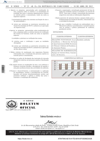 Documento descarregado pelo utilizador Adilson (10.8.0.12) em 11-04-2012 09:19:33.
                                                                                     © Todos os direitos reservados. A cópia ou distribuição não autorizada é proibida.


                  482       II SÉRIE — NO 23                            «B. O.» DA REPÚBLICA DE CABO VERDE — 10 DE ABRL DE 2012
                         ▪ Aprecia as propostas, apresentadas pelo coordenador de                             ▪ Garante a organização e actualização permanente da base de
                               área, propostas sobre os critérios e as metodologias de                              dados das entidades sujeitas à jurisdição e ao controlo do
                               avaliação dos actos e contratos administrativos sujeitos                             TCCV, bem como a criação e manutenção dos processos
                               ao controlo prévio e concomitante, tendo em conta os                                 respectivos com todas as informações disponíveis;
                               seguintes aspectos:
                                                                                                              ▪ Emite pareceres de natureza técnica e prepara dados para a
                              i) priorização da análise dos contratos em função do risco e                          fundamentação da tomada de decisões, relacionados com
                                  da materialidade e                                                                a actividade da direcção;

                              ii) outras que entretanto se mostrarem necessárias em                           ▪ Garante que o trabalho é realizado em conformidade com o
                                  função da estratégia do TCCV e submete-as à aprovação                             Manual de auditoria e procedimentos e cumulativamente
                                  do respectivo Juiz;                                                               com as normas e prática proﬁssional de auditoria,
                                                                                                                    geralmente aceites.
                         ▪ Aprecia as propostas, apresentadas pelos coordenadores de
                                área, propostas sobre os critérios internos de veriﬁcação                ENVOLVENTE
                                das Contas de Gerência, tendo em conta os seguintes
                                aspectos:
                                                                                                                 CLIENTES INTERNOS                             CLIENTES EXTERNOS
                              i) entidades a priorizar na veriﬁcação das contas,
                                                                                                       RELAÇÕES FUNCIONAIS Juizes Entidades auditadas
                              ii) critérios para a veriﬁcação e quais as entidades                     Conselheiros, o Director dos Serviços
                                  abrangidas,
                                                                                                       de Apoio Instrumental (DAI), Secretaria
                              iii) outras que entretanto se mostrarem necessárias em                   do Tribunal e Gabinete do Presidente e
                                  função da estratégia do TCCV e submetê-las à aprovação               de Assessoria Técnica.
                                  do Juiz afecto à área;
                                                                                                       RELAÇÕES DE SUBORDINAÇÃO
                         ▪ Deﬁne critérios de coordenação com organismos Estatais                      Equipas de Controlo Prévio, Concomi-
                              relacionados com a tramitação dos processos sujeitos ao
                              controlo prévio e concomitante;                                          tante e da Sucessiva.

                         ▪ Coordena as acções de divulgação das instruções de execução                                            COMPETÊNCIAS CRÍTICAS
                               obrigatória relativas aos processos sujeitos à ﬁscalização
                               prévia;

                         ▪ Dá suporte técnico ao coordenador de área e aos auditores e
1 514000 002089




                               esclarece eventuais dúvidas e divergências de opinião e
                               zela pela excelência técnica das actividades de auditoria;

                         ▪ Promove o desenvolvimento, a sistematização e a aplicação
                               de metodologias, normas e procedimentos de controlo,
                               baseados em normas internacionalmente aceites, que
                               permitam melhorar e agilizar a análise dos actos e
                               contratos e a realização das auditorias;




                                                     II SÉRIE

                                               BOLETIM
                                               O F IC IAL
                  Registo legal, nº 2/2001, de 21 de Dezembro de 2001




                                                                                Endereço Electronico: www.incv.cv


                                                 Av. da Macaronésia,cidade da Praia - Achada Grande Frente, República Cabo Verde.
                                                                 C.P. 113 • Tel. (238) 612145, 4150 • Fax 61 42 09
                                                                     Email: kioske.incv@incv.cv / incv@incv.cv

                        I.N.C.V., S.A. informa que a transmissão de actos sujeitos a publicação na I e II Série do Boletim Oﬁcial devem
                                obedecer as normas constantes no artigo 28º e 29º do Decreto-Lei nº 8/2011, de 31 de Janeiro.


                                          https://kiosk.incv.cv                                                     A7647940-AE19-417D-A918-5F35D8823A2B
 