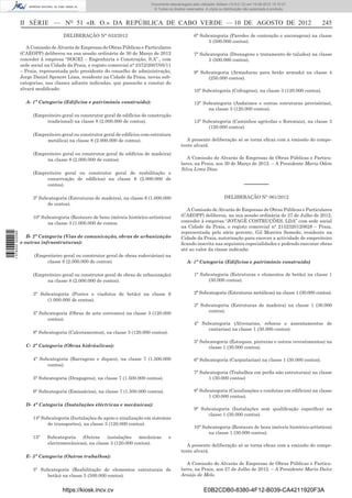 Documento descarregado pelo utilizador Adilson (10.8.0.12) em 10-08-2012 15:10:27.
                                                                               © Todos os direitos reservados. A cópia ou distribuição não autorizada é proibida.



                  II SÉRIE — NO 51 «B. O.» DA REPÚBLICA DE CABO VERDE — 10 DE AGOSTO DE 2012                                                                          245
                                      DELIBERAÇÃO N° 033/2012                                           6ª Subcategoria (Paredes de contenção e ancoragens) na classe
                                                                                                              5 (500.000 contos).
                     A Comissão de Alvarás de Empresas de Obras Públicas e Particulares
                  (CAEOPP) deliberou na sua sessão ordinária de 30 de Março de 2012                     7ª Subcategoria (Drenagens e tratamento de taludes) na classe
                  conceder à empresa “SOGEI – Engenharia e Construção, S.A”., com                             5 (500.000 contos).
                  sede social na Cidade da Praia, e registo comercial n° 2372/2007/05/11
                  – Praia, representada pelo presidente do conselho de administração,                   9ª Subcategoria (Armaduras para betão armado) na classe 4
                  Jorge Daniel Spencer Lima, residente na Cidade da Praia, novas sub-                         (250.000 contos).
                  categorias, nas classes adiante indicadas, que passarão a constar do
                  alvará modiﬁcado:                                                                     10ª Subcategoria (Cofragens), na classe 3 (120.000 contos).

                    A- 1ª Categoria (Edifícios e património construído):                                12ª Subcategoria (Andaimes e outras estruturas provisórias),
                                                                                                              na classe 3 (120.000 contos).
                       (Empreiteiro geral ou construtor geral de edifícios de construção
                            tradicional) na classe 8 (2.000.000 de contos).                             13ª Subcategoria (Caminhos agrícolas e ﬂorestais), na classe 3
                                                                                                              (120.000 contos).
                       (Empreiteiro geral ou construtor geral de edifícios com estrutura
                            metálica) na classe 8 (2.000.000 de contos).                           A presente deliberação só se torna eﬁcaz com a emissão do compe-
                                                                                                tente alvará.
                       (Empreiteiro geral ou construtor geral de edifícios de madeira)
                            na classe 8 (2.000.000 de contos).                                     A Comissão de Alvarás de Empresas de Obras Públicas e Particu-
                                                                                                lares, na Praia, aos 30 de Março de 2012. – A Presidente Maria Odete
                                                                                                Silva Lima Dias.
                       (Empreiteiro geral ou construtor geral de reabilitação e
                            conservação de edifícios) na classe 8 (2.000.000 de
                            contos).                                                                                                  –––––––
                       3ª Subcategoria (Estruturas de madeira), na classe 6 (1.000.000                                    DELIBERAÇÃO N° 061/2012
                             de contos).
                                                                                                   A Comissão de Alvarás de Empresas de Obras Públicas e Particulares
                       10ª Subcategoria (Restauro de bens imóveis histórico-artísticos)         (CAEOPP) deliberou, na sua sessão ordinária de 27 de Julho de 2012,
                             na classe 3 (1.000.000 de contos.                                  conceder à empresa “JOTAGÊ COSTRUÇÕES, LDA” com sede social
                                                                                                na Cidade da Praia, e registo comercial n° 2152320120628 – Praia,
                                                                                                representada pelo sócio gerente, Gil Moreira Semedo, residente na
1 578000 002089




                     B- 2ª Categoria (Vias de comunicação, obras de urbanização                 Cidade da Praia, autorização para exercer a actividade de empreiteiro
                  e outras infraestruturas):                                                    ﬁcando inscrita nas seguintes especialidades e podendo executar obras
                                                                                                até ao valor da classe indicada:
                        (Empreiteiro geral ou construtor geral de obras rodoviárias) na
                             classe 8 (2.000.000 de contos).                                       A- 1ª Categoria (Edifícios e património construído)

                       (Empreiteiro geral ou construtor geral de obras de urbanização)                  1ª Subcategoria (Estruturas e elementos de betão) na classe 1
                            na classe 8 (2.000.000 de contos).                                                (30.000 contos).

                       3ª Subcategoria (Pontes e viadutos de betão) na classe 6                         2ª Subcategoria (Estruturas metálicas) na classe 1 (30.000 contos).
                             (1.000.000 de contos).
                                                                                                        3ª Subcategoria (Estruturas de madeira) na classe 1 (30.000
                       5ª Subcategoria (Obras de arte correntes) na classe 3 (120.000                         contos).
                             contos).
                                                                                                        4ª Subcategoria (Alvenarias, rebocos e assentamentos de
                                                                                                             cantarias) na classe 1 (30.000 contos).
                       8ª Subcategoria (Calcetamentos), na classe 3 (120.000 contos).
                                                                                                        5ª Subcategoria (Estuques, pinturas e outros revestimentos) na
                    C- 3ª Categoria (Obras hidráulicas):                                                      classe 1 (30.000 contos).

                       4ª Subcategoria (Barragens e diques), na classe 7 (1.500.000                     6ª Subcategoria (Carpintarias) na classe 1 (30.000 contos).
                             contos).
                                                                                                        7ª Subcategoria (Trabalhos em perﬁs não estruturais) na classe
                       5ª Subcategoria (Dragagens), na classe 7 (1.500.000 contos).                           1 (30.000 contos)

                       6ª Subcategoria (Emissários), na classe 7 (1.500.000 contos).                    8ª Subcategoria (Canalizações e condutas em edifícios) na classe
                                                                                                              1 (30.000 contos).
                    D- 4ª Categoria (Instalações eléctricas e mecânicas):
                                                                                                        9ª Subcategoria (Instalações sem qualiﬁcação especíﬁca) na
                                                                                                              classe 1 (30.000 contos).
                       14ª Subcategoria (Instalações de apoio e sinalização em sistemas
                             de transportes), na classe 3 (120.000 contos).
                                                                                                        10ª Subcategoria (Restauro de bens imóveis histórico-artísticos)
                                                                                                              na classe 1 (30.000 contos).
                       15ª    Subcategoria   (Outras     instalações    mecânicas       e
                              electromecânicas), na classe 3 (120.000 contos).                     A presente deliberação só se torna eﬁcaz com a emissão do compe-
                                                                                                tente alvará.
                    E- 5ª Categoria (Outros trabalhos):
                                                                                                   A Comissão de Alvarás de Empresas de Obras Públicas e Particu-
                       5ª Subcategoria (Reabilitação de elementos estruturais de                lares, na Praia, aos 27 de Julho de 2012. – A Presidente Maria Dulce
                             betão) na classe 5 (500.000 contos).                               Araújo de Melo.


                                     https://kiosk.incv.cv                                                    E0B2CDB0-8380-4F12-B039-CA4211920F3A
 