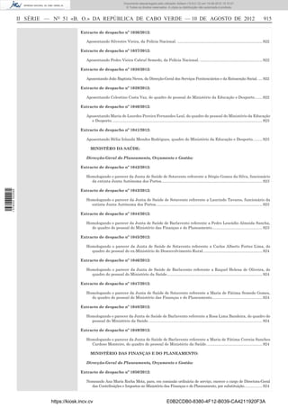 Documento descarregado pelo utilizador Adilson (10.8.0.12) em 10-08-2012 15:10:27.
                                                                             © Todos os direitos reservados. A cópia ou distribuição não autorizada é proibida.



                  II SÉRIE — NO 51 «B. O.» DA REPÚBLICA DE CABO VERDE — 10 DE AGOSTO DE 2012                                                                                                        915

                                          Extracto de despacho nº 1036/2012:

                                             Aposentando Silvestre Vieira, da Polícia Nacional. ............................................................................... 922

                                          Extracto de despacho nº 1037/2012:

                                             Aposentando Pedro Vieira Cabral Semedo, da Polícia Nacional. .......................................................... 922

                                          Extracto de despacho nº 1038/2012:

                                             Aposentando João Baptista Neves, da Direcção-Geral dos Serviços Penitenciários e da Reinserção Social. .... 922

                                          Extracto de despacho nº 1039/2012:

                                             Aposentando Celestino Costa Vaz, do quadro de pessoal do Ministério da Educação e Desporto. ...... 922

                                          Extracto de despacho nº 1040/2012:

                                             Aposentando Maria de Lourdes Pereira Fernandes Leal, do quadro de pessoal do Ministério da Educação
                                               e Desporto. ........................................................................................................................................... 923

                                          Extracto de despacho nº 1041/2012:

                                             Aposentando Hélia Iolanda Mendes Rodrigues, quadro do Ministério da Educação e Desporto......... 923

                                                MINISTÉRO DA SAÚDE:

                                             Direcção-Geral do Planeamento, Orçamento e Gestão:

                                          Extracto de despacho nº 1042/2012:

                                             Homologando o parecer da Junta de Saúde de Sotavento referente a Sérgio Gomes da Silva, funcionário
                                               da extinta Junta Autónoma dos Portos.............................................................................................. 923

                                          Extracto de despacho nº 1043/2012:
1 578000 002089




                                             Homologando o parecer da Junta de Saúde de Sotavento referente a Laurindo Tavares, funcionário da
                                               extinta Junta Autónoma dos Portos. .................................................................................................. 923

                                          Extracto de despacho nº 1044/2012:

                                             Homologando o parecer da Junta de Saúde de Barlavento referente a Pedro Leocádio Almeida Sancha,
                                               do quadro do pessoal do Ministério das Finanças e do Planeamento............................................... 923

                                          Extracto de despacho nº 1045/2012:

                                             Homologando o parecer da Junta de Saúde de Sotavento referente a Carlos Alberto Fortes Lima, do
                                               quadro do pessoal do ex-Ministério do Desenvolvimento Rural. ...................................................... 924

                                          Extracto de despacho nº 1046/2012:

                                             Homologando o parecer da Junta de Saúde de Barlavento referente a Raquel Helena de Oliveira, do
                                               quadro do pessoal do Ministério da Saúde......................................................................................... 924

                                          Extracto de despacho nº 1047/2012:

                                             Homologando o parecer da Junta de Saúde de Sotavento referente a Maria de Fátima Semedo Gomes,
                                               do quadro do pessoal do Ministério das Finanças e do Planeamento............................................... 924

                                          Extracto de despacho nº 1048/2012:

                                             Homologando o parecer da Junta de Saúde de Barlavento referente a Rosa Lima Bandeira, do quadro do
                                               pessoal do Ministério da Saúde. ......................................................................................................... 924

                                          Extracto de despacho nº 1049/2012:

                                             Homologando o parecer da Junta de Saúde de Barlavento referente a Maria de Fátima Correia Sanches
                                               Cardoso Monteiro, do quadro do pessoal do Ministério da Saúde. ................................................... 924

                                                MINISTÉRIO DAS FINANÇAS E DO PLANEAMENTO:

                                             Direcção-Geral do Planeamento, Orçamento e Gestão:

                                          Extracto de despacho nº 1050/2012:

                                             Nomeando Ana Maria Rocha Mota, para, em comissão ordinária de serviço, exercer o cargo de Directora-Geral
                                               das Contribuições e Impostos no Ministério das Finanças e do Planeamento, por substituição. ................ 924



                            https://kiosk.incv.cv                                                                E0B2CDB0-8380-4F12-B039-CA4211920F3A
 