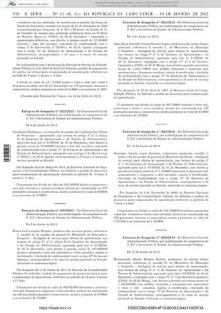Documento descarregado pelo utilizador Adilson (10.8.0.12) em 10-08-2012 15:10:27.
                                                                                 © Todos os direitos reservados. A cópia ou distribuição não autorizada é proibida.


                  920     II SÉRIE — NO 51 «B. O.» DA REPÚBLICA DE CABO VERDE — 10 DE AGOSTO DE 2012
                     o exercício da sua proﬁssão, de acordo com a opinião da Junta de                     Extracto de despacho nº 1024/2012 – Da Directora-Geral da
                     Saúde de Sotavento, emitido em sessão de 24 de Setembro de 2009                        Administração Pública, por subdelegação de competência de
                     e homologada por despacho de S. Exª o Ministro da Saúde de 11                          S. Exª o Secretário de Estado da Administração Pública:
                     de Outubro do mesmo ano, conforme publicação feita na II Série
                     do Boletim Oﬁcial nº 37/2011 de 28 de Setembro – concedida a                              De 8 de Junho de 2012:
                     aposentação deﬁnitiva, com direito, à pensão anual de 72.000$00
                     (setenta e dois mil escudos), calculada de conformidade com o                Júlia Rosa Almeida Gomes Duarte Lopes, professora do ensino básico
                     artigo 1º do Decreto-Lei nº 28/2011, de 22 de Agosto, conjugado                 principal, referência 8, escalão C, do Ministério da Educação
                     com o artigo 37º do Estatuto de Aposentação e da Pensão de                      e Desporto – desligada de serviço para efeitos de aposentação,
                     Sobrevivência, correspondente a 10 anos e 4 meses de serviço                    nos termos do artigo 5º nº 3, do Estatuto de Aposentação e da
                     prestado ao Estado.                                                             Pensão de Sobrevivência, aprovado pela Lei nº 61/III/89, de
                                                                                                     30 de Dezembro, conjugado com o artigo 81º nº 2 do Decreto-
                     De conformidade com a declaração da Direcção de Serviço da Contabi-             Legislativo 2/2004, de 29 de Março, com direito a pensão provisória
                  lidade Pública de 8 de Abril de 2010, foi deferido o pedido de pagamento           anual de 1.240.416$00 (um milhão, duzentos e quarenta mil,
                  de quotas em atraso para compensação de aposentação, referente ao                  quatrocentos e dezasseis escudos), sujeita à rectiﬁcação, calculada
                  período de 9 anos, 5 meses e 18 dias.                                              de conformidade com o artigo 37º do Estatuto de Aposentação e
                                                                                                     da Pensão de Sobrevivência, correspondente a 32 anos de serviço
                     A dívida no valor de 127.117$00 (cento e vinte e sete mil, cento e              prestado ao Estado, incluindo os aumentos legais.
                  dezassete escudos), deverá ser descontado em 270 prestações mensais e
                  consecutivas, sendo a primeira no valor de 418$00 e as restantes 471$00.           Por despacho de 23 de Abril de 1997, do Director-Geral da Conta-
                                                                                                  bilidade Pública, foi deferido o pedido de descontos para compensação
                        (Visados pelo Tribunal de Contas, em 18 de Julho de 2012).                de aposentação.

                                                 –––––                                               O montante em dívida no valor de 89.739$00 (oitenta e nove mil,
                                                                                                  setecentos e trinta e nove escudos), deverá ser amortizada em 120
                        Extracto de despacho nº 1022/2012 – Da Directora-Geral da                 prestações mensais e consecutivas, sendo a primeira no valor de 810$00
                          Administração Pública, por subdelegação de competência de               e as restantes de 767$00.
                          S. Exª o Secretário de Estado da Administração Pública:

                            De 8 de Junho de 2012:                                                                                         –––––
                  Gaudêncio Rodrigues, ex-estivador do quadro da Capitania dos Portos                     Extracto de despacho nº 1025/2012 – Da Directora-Geral da
                    de Sotavento – aposentado, nos termos do artigo 5º nº 2, alínea                         Administração Pública, por subdelegação de competência de
                    b) do Estatuto de Aposentação e da Pensão de Sobrevivência,                             S. Exª o Secretário de Estado da Administração Pública:
                    aprovado pela Lei nº 61/III/89, de 30 de Dezembro, com direito á
                    pensão anual de 72.000$00 (setenta e dois mil escudos), calculada                          De 12 de Junho de 2012:
1 578000 002089




                    de conformidade com o artigo 37º do Estatuto de Aposentação e da
                    Pensão de Sobrevivência, conjugado com o artigo 1º do Decreto-Lei             Henrique Varela Lopes Semedo, enfermeiro graduado, escalão I,
                    nº 28/2011, de 22 de Agosto, correspondente a 15 anos e 3 meses de              índice 145, do quadro de pessoal do Ministério da Saúde – desligado
                    serviço prestado ao Estado.                                                     de serviço para efeitos de aposentação, nos termos do artigo 5º
                                                                                                    nº 1, do Estatuto de Aposentação e da Pensão de Sobrevivência,
                    Por despacho de 6 de Março de 2012, do Director Nacional do Orça-               aprovado pela Lei nº 61/III/89, de 30 de Dezembro, com direito a
                  mento e da Contabilidade Pública, foi deferido o pedido de descontos              pensão provisória anual de 817.452$00 (oitocentos e dezassete mil,
                  para compensação de aposentação referente ao período de 15 anos, 6                quatrocentos e cinquenta e dois escudos), sujeita à rectiﬁcação,
                  meses e 11 dias.                                                                  calculada de conformidade com o artigo 37º do Estatuto de
                                                                                                    Aposentação e da Pensão de Sobrevivência, correspondente a 34
                     O montante em dívida no valor de 156.380$00 (cento e cinquenta e               anos de serviço prestado ao Estado, incluindo os aumentos legais.
                  seis mil, trezentos e oitenta escudos), deverá ser amortizada em 270
                  prestações mensais e consecutivas, sendo a primeira no valor de 629$00              Por despacho de 8 de Novembro de 2006, do Director Nacional
                  e as restantes de 579$00.                                                       do Orçamento e da Contabilidade Pública, foi deferido o pedido de
                                                                                                  descontos para compensação de aposentação referente ao período de
                                                 –––––                                            7 anos e 4 dias.

                        Extracto de despacho nº 1023/2012 – Da Directora-Geral da                    O montante em dívida no valor de 346.328$00 (trezentos e quarenta
                          Administração Pública, por subdelegação de competência de               e seis mil, trezentos e vinte e oito escudos), deverá ser amortizada em
                          S. Exª o Secretário de Estado da Administração Pública:                 270 prestações mensais e consecutivas, sendo a primeira no valor de
                                                                                                  1.201$00 e as restantes de 1.283$00.
                            De 8 de Junho de 2012:

                  Maria da Conceição Mendes, ajudante dos serviços gerais, referência                                                      –––––
                    1, escalão A, do quadro de pessoal do Ministério da Educação e
                    Desporto – desligada de serviço para efeitos de aposentação, nos                      Extracto de despacho nº 1026/2012 – Da Directora-Geral da
                    termos do artigo 5º, nº 2, alínea b) do Estatuto de Aposentação                         Administração Pública, por subdelegação de competência de
                    e da Pensão de Sobrevivência, aprovado pela Lei nº 61/III/89,                           S. Exª o Secretário de Estado da Administração Pública:
                    de 30 de Dezembro, com direito à pensão anual de 167.820$00
                    (cento e sessenta e sete mil oitocentos e vinte escudos), sujeita à                        De 12 de Junho de 2012:
                    rectiﬁcação, calculada de conformidade com o artigo 37º do mesmo
                    diploma, correspondente a 34 anos de serviço prestado ao Estado,              Hormezinda Moeda Medina Barros, professora do ensino básico
                    incluindo os aumentos legais.                                                   principal, referência 8, escalão D, do Ministério da Educação
                                                                                                    e Desporto – desligada de serviço para efeitos de aposentação,
                     Por despacho de 15 de Junho de 2011 do Director da Contabilidade               nos termos do artigo 5º nº 3, do Estatuto de Aposentação e da
                  Pública, foi deferido o pedido de pagamento de quotas em atraso para              Pensão de Sobrevivência, aprovado pela Lei nº 61/III/89, de 30 de
                  compensação de aposentação, referente ao período de 28 anos, 9 meses              Dezembro, conjugado com o artigo 81º nº 2 do Decreto-Legislativo
                  e 13 dias.                                                                        2/2004, de 29 de Março, com direito a pensão provisória anual de
                                                                                                    1.355.928$00 (um milhão, trezentos e cinquenta mil, novecentos
                     O montante em dívida no valor de 289.853$00 (duzentos e oitenta e              e vinte e oito escudos), sujeita à rectiﬁcação, calculada de
                  nove mil oitocentos e cinquenta e três escudos), poderá ser amortizado            conformidade com o artigo 37º do Estatuto de Aposentação e da
                  em 400 prestações mensais e consecutivas, sendo a primeira de 578$00              Pensão de Sobrevivência, correspondente a 32 anos de serviço
                  e as restantes de 725$00.                                                         prestado ao Estado, incluindo os aumentos legais.


                                      https://kiosk.incv.cv                                                     E0B2CDB0-8380-4F12-B039-CA4211920F3A
 
