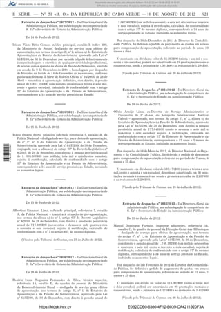 Documento descarregado pelo utilizador Adilson (10.8.0.12) em 10-08-2012 15:10:27.
                                                                                 © Todos os direitos reservados. A cópia ou distribuição não autorizada é proibida.



                  II SÉRIE — NO 51 «B. O.» DA REPÚBLICA DE CABO VERDE — 10 DE AGOSTO DE 2012                                                                          921
                        Extracto de despacho nº 1027/2012 – Da Directora-Geral da                     1.067.892$00 (um milhão e sessenta e sete mil oitocentos e noventa
                          Administração Pública, por subdelegação de competência de                   e dois escudos), sujeita à rectiﬁcação, calculada de conformidade
                          S. Exª o Secretário de Estado da Administração Pública:                     com o artigo 37º do mesmo diploma, correspondente a 34 anos de
                                                                                                      serviço prestado ao Estado, incluindo os aumentos legais.
                            De 14 de Junho de 2012:
                                                                                                    Por despacho de 30 de Dezembro de 2011 do Director da Contabili-
                  Irineu Fileto Brito Gomes, médico principal, escalão I, índice 200,             dade Pública, foi deferido o pedido de pagamento de quotas em atraso
                      da Ministério da Saúde, desligado de serviço para efeitos de                para compensação de aposentação, referente ao período de anos, 10
                      aposentação, nos termos do artigo 5º, nº 2, alínea a) do Estatuto de        meses e dias.
                      Aposentação e da Pensão de Sobrevivência, aprovado pela Lei nº
                      61/III/89, de 30 de Dezembro, por ter sido julgado deﬁnitivamente             O montante em dívida no valor de 31.063$00 (trinta e um mil e ses-
                      incapacitado para o exercício de qualquer actividade proﬁssional,           senta e três escudos), poderá ser amortizado em 24 prestações mensais e
                      de acordo com a opinião da Junta de Saúde de Sotavento, emitido             consecutivas, sendo a primeira de 1.301$00 e as restantes de 1.294$00.
                      em sessão de 9 de Dezembro de 2004 e homologada por despacho
                      do Ministro da Saúde de 14 de Dezembro do mesmo ano, conforme                       (Visado pelo Tribunal de Contas, em 26 de Julho de 2012).
                      publicação feita na II Série do Boletim Oﬁcial nº 16/2006, de 26 de
                      Abril – concedida a aposentação deﬁnitiva, com direito, à pensão
                      anual de 1.837.104$00 (um milhão, oitocentos e trinta e sete mil,
                                                                                                                                           –––––
                      cento e quatro escudos), calculada de conformidade com o artigo
                      37º do Estatuto de Aposentação e da Pensão de Sobrevivência,                        Extracto de despacho nº 1031/2012 – Da Directora-Geral da
                      correspondente a 34 anos de serviço prestado ao Estado.                               Administração Pública, por subdelegação de competência de
                                                                                                            S. Exª o Secretário de Estado da Administração Pública:

                                                 –––––                                                         De 19 de Junho de 2012:

                        Extracto de despacho nº 1028/2012 – Da Directora-Geral da                 Olívio Araújo Lima, ex-Director de Serviço Administrativo e
                          Administração Pública, por subdelegação de competência de                  Financeiro de 3ª classe, do Aeroporto Internacional Amílcar
                          S. Exª o Secretário de Estado da Administração Pública:                    Cabral – aposentado, nos termos do artigo 5º, nº 2, alínea b) do
                                                                                                     Estatuto de Aposentação e da Pensão de Sobrevivência, aprovado
                            De 15 de Junho de 2012:                                                  pela Lei nº 61/III/89, de 30 de Dezembro, com direito a pensão
                                                                                                     provisória anual de 177.048$00 (cento e setenta e sete mil e
                                                                                                     quarenta e oito escudos), sujeita à rectiﬁcação, calculada de
                  Mário Duarte Porto, primeiro subchefe referência 5, escalão B, da
                                                                                                     conformidade com o artigo 37º do Estatuto de Aposentação e da
                    Polícia Nacional – desligado de serviço, para efeitos de aposentação,
                                                                                                     Pensão de Sobrevivência, correspondente a 21 anos e 3 meses de
                    do nº 5º, nº 3 do Estatuto de Aposentação e da Pensão de
                                                                                                     serviço prestado ao Estado, incluindo os aumentos legais.
                    Sobrevivência, aprovado pela Lei nº 61/III/89, de 30 de Dezembro,
1 578000 002089




                    conjugado com a alínea c) do artigo 70º do Decreto-Legislativo nº
                                                                                                    Por despacho de 16 de Maio de 2012, do Director Nacional do Orça-
                    8/2010, de 28 de Setembro, com direito à pensão provisória anual
                                                                                                  mento e da Contabilidade Pública, foi deferido o pedido de descontos
                    de 1. 003.500$00 (um milhão, três mil e quinhentos escudos),
                                                                                                  para compensação de aposentação referente ao período de 7 anos, 4
                    sujeita á rectiﬁcação, calculada de conformidade com o artigo
                                                                                                  meses e 25 dias.
                    37º do Estatuto de Aposentação e da Pensão de Sobrevivência,
                    correspondente a 34 anos de serviço prestado ao Estado, incluindo
                    os aumentos legais.                                                              O montante em dívida no valor de 137.171$00 (cento e trinta e sete
                                                                                                  mil, cento e setenta e um escudos), deverá ser amortizada em 60 pres-
                                                                                                  tações mensais e consecutivas, sendo a primeira no valor de 2.297$00
                                                 –––––                                            e as restantes de 2.286$00.

                        Extracto de despacho nº 1029/2012 – Da Directora-Geral da                         (Visado pelo Tribunal de Contas, em 25 de Julho de 2012).
                          Administração Pública, por subdelegação de competência de
                          S. Exª o Secretário de Estado da Administração Pública:                                                          –––––
                            De 15 de Junho de 2012:                                                       Extracto de despacho nº 1032/2012 – Da Directora-Geral da
                                                                                                            Administração Pública, por subdelegação de competência de
                  Albertino Emanuel Lima, subchefe principal, referência 7, escalão                         S. Exª o Secretário de Estado da Administração Pública:
                     A, da Polícia Nacional – transita à situação de pré-aposentação,
                     nos termos da alínea a) do nº 1, artigo 65º do Decreto-Legislativo                        De 19 de Junho de 2012:
                     nº 8/2010, de 28 de Setembro, com direito à prestação pecuniária
                     anual de 917.496$00 (novecentos e dezassete mil, quatrocentos                Marçal Domingos Furtado, inspector aduaneiro, referência 14,
                     e noventa e seis escudos), sujeita á rectiﬁcação, calculada de                 escalão C, do quadro de pessoal da Direcção-Geral das Alfândegas
                     conformidade com o nº 7 do artigo 66º, do mesmo diploma.                       – desligado de serviço para efeitos de aposentação, nos termos
                                                                                                    do artigo 5º, nº 1, do Estatuto de Aposentação e da Pensão de
                        (Visados pelo Tribunal de Contas, em 25 de Julho de 2012).                  Sobrevivência, aprovado pela Lei nº 61/III/89, de 30 de Dezembro,
                                                                                                    com direito à pensão anual de 1.746.192$00 (um milhão setecentos
                                                                                                    e quarenta e seis mil cento e noventa e dois escudos), sujeita à
                                                 –––––                                              rectiﬁcação, calculada de conformidade com o artigo 37º do mesmo
                                                                                                    diploma, correspondente a 34 anos de serviço prestado ao Estado,
                        Extracto de despacho nº 1030/2012 – Da Directora-Geral da                   incluindo os aumentos legais.
                          Administração Pública, por subdelegação de competência de
                          S. Exª o Secretário de Estado da Administração Pública:                   Por despacho de 1de Fevereiro de 2012 do Director da Contabilida-
                                                                                                  de Pública, foi deferido o pedido de pagamento de quotas em atraso
                            De 18 de Junho de 2012:                                               para compensação de aposentação, referente ao período de 12 anos, 7
                                                                                                  meses e 29 dias.
                  Beatriz Ivone Nogueira Fernandes da Silva, técnico superior,
                    referência 14, escalão D, do quadro de pessoal do Ministério                     O montante em dívida no valor de 113.002$00 (cento e treze mil
                    do Desenvolvimento Rural – desligada de serviço para efeitos                  e dois escudos), poderá ser amortizado em 80 prestações mensais e
                    de aposentação, nos termos do artigo 5º, nº 1, do Estatuto de                 consecutivas, sendo a primeira de 1.375$00 e as restantes de 1.413$00
                    Aposentação e da Pensão de Sobrevivência, aprovado pela Lei
                    nº 61/III/89, de 30 de Dezembro, com direito à pensão anual de                        (Visado pelo Tribunal de Contas, em 26 de Julho de 2012).


                                      https://kiosk.incv.cv                                                     E0B2CDB0-8380-4F12-B039-CA4211920F3A
 