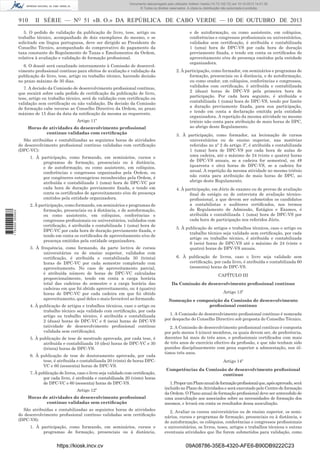 Documento descarregado pelo utilizador Adilson Varela (10.73.102.72) em 10-10-2013 14:01:30.
© Todos os direitos reservados. A cópia ou distribuição não autorizada é proibida.

910

II SÉRIE — NO 51 «B. O.» DA REPÚBLICA DE CABO VERDE — 10 DE OUTUBRO DE 2013

5. O pedido de validação da publicação de livro, tese, artigo ou
trabalho técnico, acompanhado de dois exemplares do mesmo, e se
solicitado em língua portuguesa, deve ser dirigido ao Presidente do
Conselho Técnico, acompanhado do comprovativo do pagamento da
taxa constante do Regulamento de Taxas e Emolumentos da Ordem,
relativa à avaliação e validação de formação proﬁssional.
6. O dossiê será canalizado internamente à Comissão de desenvolvimento proﬁssional contínuo para efeitos de avaliação e validação da
publicação do livro, tese, artigo ou trabalho técnico, havendo decisão
no prazo máximo de 30 dias.
7. A decisão da Comissão de desenvolvimento proﬁssional contínuo,
que recairá sobre cada pedido de certiﬁcação da publicação de livro,
tese, artigo ou trabalho técnico, será de validação com certiﬁcação ou
validação sem certiﬁcação ou não validação. Da decisão da Comissão
de formação cabe recurso ao Conselho Directivo da Ordem, no prazo
máximo de 15 dias da data da notiﬁcação da mesma ao requerente.
Artigo 11º
Horas de atividades do desenvolvimento proﬁssional
contínuo validadas com certiﬁcação
São atribuídas e contabilizadas as seguintes horas de atividades
do desenvolvimento proﬁssional contínuo validadas com certiﬁcação
(DPC-VC):

1 752000 005433

1. À participação, como formando, em seminários, cursos e
programas de formação, presenciais ou à distância,
e de autoformação, ou como assistente, em colóquios,
conferências e congressos organizados pela Ordem, ou
por congéneres estrangeiras reconhecidas pela Ordem, é
atribuída e contabilizada 1 (uma) hora de DPC-VC por
cada hora de duração previamente ﬁxada, e tendo em
conta os certiﬁcados de aproveitamento e/ou de presença
emitidos pela entidade organizadora.
2. À participação, como formando, em seminários e programas de
formação, presenciais ou à distância, e de autoformação,
ou como assistente, em colóquios, conferências e
congressos proﬁssionais ou universitários, validados com
certiﬁcação, é atribuída e contabilizada 1 (uma) hora de
DPC-VC por cada hora de duração previamente ﬁxada, e
tendo em conta os certiﬁcados de aproveitamento e/ou de
presença emitidos pela entidade organizadora.
3. À frequência, como formando, da parte lectiva de cursos
universitários ou de ensino superior, validados com
certiﬁcação, é atribuída e contabilizada 30 (trinta)
horas de DPC-VC por cada semestre completado com
aproveitamento. No caso de aproveitamento parcial,
é atribuída número de horas de DPC-VC calculadas
proporcionalmente, tendo em conta a carga horária
total das cadeiras do semestre e a carga horária das
cadeiras em que foi obtido aproveitamento, ou 4 (quatro)
horas de DPC-VC por cada cadeira em que foi obtido
aproveitamento, qual deles o mais favorável ao formando.
4. À publicação de artigos e trabalhos técnicos, caso o artigo ou
trabalho técnico seja validado com certiﬁcação, por cada
artigo ou trabalho técnico, é atribuída e contabilizada
2 (duas) horas de DPC-VC e 6 (seis) horas de DPC-VS
(atividade de desenvolvimento proﬁssional contínuo
validada sem certiﬁcação).
5. À publicação de tese de mestrado aprovada, por cada tese, é
atribuída e contabilizada 10 (dez) horas de DPC-VC e 30
(trinta) horas de DPC-VS.
6. À publicação de tese de doutoramento aprovada, por cada
tese, é atribuída e contabilizada 20 (vinte) de horas DPCVC e 60 (sessenta) horas de DPC-VS.
7. À publicação de livros, caso o livro seja validado com certiﬁcação,
por cada livro, é atribuída e contabilizada 20 (vinte) horas
de DPC-VC e 60 (sessenta) horas de DPC-VS.
Artigo 12º
Horas de atividades do desenvolvimento proﬁssional
contínuo validadas sem certiﬁcação
São atribuídas e contabilizadas as seguintes horas de atividades
do desenvolvimento proﬁssional contínuo validadas sem certiﬁcação
(DPC-VS):
1. À participação, como formando, em seminários, cursos e
programas de formação, presenciais ou à distância,

https://kiosk.incv.cv

e de autoformação, ou como assistente, em colóquios,
conferências e congressos proﬁssionais ou universitários,
validados sem certiﬁcação, é atribuída e contabilizada
1 (uma) hora de DPC-VS por cada hora de duração
previamente ﬁxada, e tendo em conta os certiﬁcados de
aproveitamento e/ou de presença emitidos pela entidade
organizadora.
2. À participação, como formador, em seminários e programas de
formação, presenciais ou à distância, e de autoformação,
ou como orador, em colóquios, conferências e congressos,
validados com certiﬁcação, é atribuída e contabilizada
2 (duas) horas de DPC-VS pela primeira hora de
participação. Por cada hora seguinte, é atribuída e
contabilizada 1 (uma) hora de DPC-VS, tendo por limite
a duração previamente ﬁxada, para sua participação,
e tendo em conta a declaração emitida pela entidade
organizadora. A repetição da mesma atividade no mesmo
triénio não conta para atribuição de mais horas de DPC,
ao abrigo deste Regulamento.
3. À participação, como formador, na lecionação de cursos
universitários ou de ensino superior, nas matérias
referidas no nº 2 do artigo 3º, é atribuída e contabilizada
1 (uma) hora de DPC-VS por cada hora de aulas de
uma cadeira, até o máximo de 24 (vinte e quatro) horas
de DPC-VS anuais, se a cadeira for semestral, ou 48
(quarenta e oito) horas de DPC-VS, se a cadeira for
anual. A repetição da mesma atividade no mesmo triénio
não conta para atribuição de mais horas de DPC, ao
abrigo deste Regulamento.
4. À participação, em Júris de exames ou de provas de avaliação
ﬁnal de estágio ou de entrevista de avaliação técnicoproﬁssional, a que devem ser submetidos os candidatos
a contabilistas e auditores certiﬁcados, nos termos
do Regulamento de Admissão, Estágios e Exames, é
atribuída e contabilizada 1 (uma) hora de DPC-VS por
cada hora de participação nos referidos Júris.
5. À publicação de artigos e trabalhos técnicos, caso o artigo ou
trabalho técnico seja validado sem certiﬁcação, por cada
artigo ou trabalho técnico, é atribuída e contabilizada
6 (seis) horas de DPC-VS até o máximo de 24 (vinte e
quatro) horas de DPV-VS anuais.
6. À publicação de livros, caso o livro seja validado sem
certiﬁcação, por cada livro, é atribuída e contabilizada 60
(sessenta) horas de DPC-VS.
CAPÍTULO III
Da Comissão de desenvolvimento proﬁssional contínuo
Artigo 13º
Nomeação e composição da Comissão de desenvolvimento
proﬁssional contínuo
1. A Comissão de desenvolvimento proﬁssional contínuo é nomeada
por despacho do Conselho Directivo sob proposta do Conselho Técnico.
2. A Comissão de desenvolvimento proﬁssional contínuo é composta
por pelo menos 5 (cinco) membros, os quais devem ser, de preferência,
docentes há mais de três anos, e proﬁssionais certiﬁcados com mais
de três anos de exercício efectivo da proﬁssão, e que não tenham sido
punidos disciplinarmente com pena superior a admoestação, nos últimos três anos.
Artigo 14º
Competências da Comissão de desenvolvimento proﬁssional
contínuo
1. Propor um Plano anual de formação proﬁssional que, após aprovado, será
incluído no Plano de Atividades e será executado pelo Centro de formação
da Ordem. O Plano anual de formação proﬁssional deve ser antecedido de
uma auscultação aos associados sobre as necessidades de formação dos
mesmos, e levará em conta os resultados dessa auscultação.
2. Avaliar os cursos universitários ou de ensino superior, os seminários, cursos e programas de formação, presenciais ou à distância, e
de autoformação, os colóquios, conferências e congressos proﬁssionais
e universitários, os livros, teses, artigos e trabalhos técnicos e outras
eventuais atividades que lhe forem submetidos para validação, como

09A08786-35E8-4320-AFE6-B90DB9222C23

 