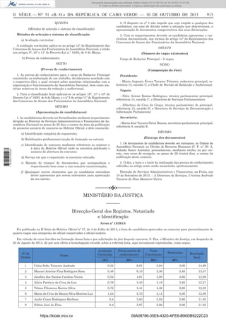 Documento descarregado pelo utilizador Adilson Varela (10.73.102.72) em 10-10-2013 14:01:30.
© Todos os direitos reservados. A cópia ou distribuição não autorizada é proibida.

II SÉRIE — NO 51 «B. O.» DA REPÚBLICA DE CABO VERDE — 10 DE OUTUBRO DE 2013

913

2. O disposto no nº 1 não impede que seja exigido a qualquer dos
candidatos, em caso de dúvida sobre a situação que descreveram, a
apresentação de documentos comprovativos das suas declarações.

QUINTO
(Métodos de selecção e sistema de classiﬁcação)
Métodos de selecção e sistema de classiﬁcação:
a) Avaliação curricular:
A avaliação curricular aplica-se ao artigo 13º do Regulamento dos
Concursos de Acesso dos Funcionários da Assembleia Nacional, e ainda
aos artigos 9º, 10º e 11º do Decreto-Lei n.º 10/93, de 8 de Março.

3. Com os requerimentos deverão os candidatos apresentar o curriculum documentado, nos termos do artigo 14º do Regulamento dos
Concursos de Acesso dos Funcionários da Assembleia Nacional.
OITAVO
(Número de vagas existentes)

b) Provas de conhecimento.

Cargo de Redactor Principal – 8 vagas.

SEXTO

NONO

(Provas de conhecimento)

(Composição do Júri)

1. As provas de conhecimento para o cargo de Redactor Principal
consistirão na elaboração de um trabalho, devidamente acordado com
o respectivo Júri, o qual versará sobre matérias relacionadas com a
organização e funcionamento da Assembleia Nacional, bem como matérias relativas às áreas da redacção e audiovisual.

- Maria Augusta Évora Tavares Teixeira, redactora principal, referência 15, escalão C, e Chefe de Divisão de Redacção e Audiovisual

2. Para a classiﬁcação ﬁnal aplicam-se os artigos 16º, 17º e 33º do
Decreto-Lei nº 10/93, de 8 de Março, e o nº 2 do artigo 11º do Regulamento
dos Concursos de Acesso dos Funcionários da Assembleia Nacional.

- Nilce Ariene Ramos Rodrigues, técnica parlamentar principal,
referência 15, escalão C, e Directora de Serviços Parlamentares

Presidente:

Vogais:

- Albertina da Cruz da Graça, técnica parlamentar de principal,
referência 15, escalão D, e Directora de Serviços de Documentação e
Informação Parlamentar

SÉTIMO
(Apresentação de candidaturas)
1. As candidaturas deverão ser formalizadas mediante requerimento
dirigido ao Director de Serviços Administrativos e Financeiros da Assembleia Nacional no prazo de 20 dias a contar da data da publicação
do presente anúncio de concurso no Boletim Oﬁcial, e dele constarão:

Secretária:
- Maria José Tavares Ortet Baessa, secretária parlamentar principal,
referência 9, escalão E.
DÉCIMO

a) Identiﬁcação completa do requerente;

(Entrega dos documentos)

1 752000 005433

b) Habilitações proﬁssionais (acção de formação ou outras);

d) Serviço em que o requerente se encontra colocado;

1. Os documentos de candidatura deverão ser entregues, no Palácio da
Assembleia Nacional, na Divisão de Recursos Humanos (C. P. n.º 20- A,
Achada Santo António), pessoalmente, mediante recibo, ou por correio, com aviso de recepção, no prazo de 20 (vinte) dias, a contar da
publicação deste anúncio.

e) Menção do número de documentos que acompanham o
requerimento bem como a sua sumária caracterização;

2. O dia, a hora e o local da realização das provas de conhecimento
referidas no artigo sexto serão anunciados oportunamente.

f) Quaisquer outros elementos que os candidatos entendam
dever apresentar por serem relevantes para apreciação
do seu mérito.

Direcção de Serviços Administrativos e Financeiros, na Praia, aos
18 de Setembro de 2013. – A Directora de Serviços, Cristina Andrade
Tavares de Pina Monteiro Vieira

c) Identiﬁcação do concurso mediante referência ao número e
à data do Boletim Oﬁcial onde se encontra publicado o
anúncio de abertura do concurso;

––––––o§o––––––
MINISTÉRIO DA JUSTIÇA
––––––
Direcção-Geral dos Registos, Notariado
e Identiﬁcação
Aviso nº 13/2013:
Foi publicada na II Série do Boletim Oﬁcial nº 37, de 4 de Julho de 2013, a lista de candidatos aprovados no concurso para preenchimento de
quatro vagas nas categorias de oﬁcial conservador e oﬁcial notário.
Em virtude de erros havidos na formação dessa lista e por solicitação do júri daquele concurso, S. Exa. o Ministro da Justiça, em despacho de
20 de Agosto de 2013, dá por sem efeito a homologação recaída sobre a referida lista, aqui novamente reproduzida, como segue:
Nº de
Ordem

Avaliação
Curricular

Prova escrita de
conhecimento

Teste
Psicotécnico

Entrevista

10%

Nome

50%

20%

20%

Resultado
ﬁnal

1

Cátia Soﬁa Teixeira Andrade

0,24

6,91

3,94

3,60

14,69

2

Manuel António Pina Rodrigues Rosa

0,48

6,13

3,36

3,40

13,37

3

Jandira dos Santos Cardoso Vieira

0,24

4,97

3,88

3,60

12,69

4

Alícia Patrícia da Cruz da Luz

0,76

5,43

3,18

3,20

12,57

5

Telma Filomena Barros Silva

0,72

5,41

3,36

2,80

12,29

6

Maria da Cruz da Moura Silva Moreira Luz

1,24

5,73

2,12

3,00

12,09

7

Andir César Rodrigues Barbosa

0,4

5,83

2,92

2,80

11,95

8

Nilton José de Pina

0,4

5,87

2,66

3,00

11,93

https://kiosk.incv.cv

09A08786-35E8-4320-AFE6-B90DB9222C23

 