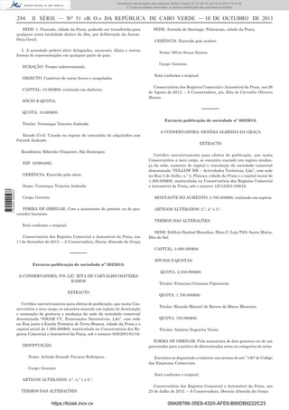 Documento descarregado pelo utilizador Adilson Varela (10.73.102.72) em 10-10-2013 14:01:30.
© Todos os direitos reservados. A cópia ou distribuição não autorizada é proibida.

294

II SÉRIE — NO 51 «B. O.» DA REPÚBLICA DE CABO VERDE — 10 DE OUTUBRO DE 2013

SEDE: 1. Fazenda, cidade da Praia, podendo ser transferida para
qualquer outra localidade dentro da ilha, por deliberação da Assembleia Geral.
2. A sociedade poderá abrir delegações, sucursais, ﬁliais e outras
formas de representações em qualquer parte do país.
DURAÇÃO: Tempo indeterminado.
OBJECTO: Comércio de carne fresco e congelados.
CAPITAL: 10.000$00, realizado em dinheiro.
SÓCIO E QUOTA:

SEDE: Avenida de Santiago, Palmarejo, cidade da Praia.
GERÊNCIA: Exercida pelo senhor:
Nome: Sílvio Sousa Santos.
Cargo: Gerente.
Está conforme o original.
Conservatória dos Registos Comercial e Automóvel da Praia, aos 26
de Agosto de 2013. – A Conservadora, p/s, Rita de Carvalho Oliveira
Ramos

––––––

QUOTA: 10.000$00.
Titular: Veronique Teixeira Andrade.
Estado Civil: Casada no regime de comunhão de adquiridos com
Patrick Andrade.
Residência: Ribeirão Chiqueiro, São Domingos.
NIF: 103994882.
GERÊNCIA: Exercida pela sócia:

1 752000 005433

Nome: Veronique Teixeira Andrade.
Cargo: Gerente.

Extracto publicação de sociedade nº 393/2013:
A CONSERVADORA: DENÍSIA ALMEIDA DA GRAÇA
EXTRACTO
Certiﬁco narrativamente para efeitos de publicação, que nesta
Conservatória a meu cargo, se encontra exarado um registo mudança da sede, aumento de capital e vinculação da sociedade comercial
denominada “FOLLOW ME – Actividades Turísticas, Lda”, com sede
na Rua 5 de Julho, n.º 3, Plateau, cidade da Praia e o capital social de
1.300.000$00, matriculada na Conservatória dos Registos Comercial
e Automóvel da Praia, sob o número 19712/2011/09/16.
MONTANTE DO AUMENTO: 3.700.000$00, realizado em espécie.

FORMA DE OBRIGAR: Com a assinatura do gerente ou do procurador bastante.

ARTIGOS ALTERADOS: 2.º, 4.º e 5.º.
TERMOS DAS ALTERAÇÕES:

Está conforme o original.
Conservatória dos Registos Comercial e Automóvel da Praia, aos
17 de Setembro de 2013. – A Conservadora, Denise Almeida da Graça

––––––
Extracto publicação de sociedade nº 392/2013:
A CONSERVADORA: P/S: LIC. RITA DE CARVALHO OLIVEIRA
RAMOS
EXTRACTO
Certiﬁco narrativamente para efeitos de publicação, que nesta Conservatória a meu cargo, se encontra exarado um registo de destituição
e nomeação da gerência e mudança da sede da sociedade comercial
denominada “SIRAM CV, Iluminações Decorativas, Lda”, com sede
na Rua junto à Escola Primária de Terra Branca, cidade da Praia e o
capital social de 1.000.000$00, matriculada na Conservatória dos Registos Comercial e Automóvel da Praia, sob o número 948/2001/01/16.
DESTITUIÇÃO:
Nome: Arlindo Semedo Tavares Rodrigues.

SEDE: Edifício Djadsal Moradias, Bloco C, Loja T0/8, Santa Maria,
Ilha do Sal.
CAPITAL: 5.000.000$00.
SÓCIOS E QUOTAS:
QUOTA: 2.550.000$00.
Titular: Francisco Guiomar Figueiredo
QUOTA: 1.700.000$00.
Titular: Ricardo Manuel de Barros de Matos Monteiro.
QUOTA: 750.000$00.
Titular: António Nogueira Vieira.
FORMA DE OBRIGAR: Pela assinatura de dois gerentes ou de um
procurador para a prática de determinados actos ou categorias de actos.
Encontra-se depositado o relatório nos termos do art.º 130º do Código
das Empresas Comerciais.

Cargo: Gerente.
Está conforme o original.
ARTIGOS ALTERADOS: 2.º, n.º 1 e 6.º.
TERMOS DAS ALTERAÇÕES:

https://kiosk.incv.cv

Conservatória dos Registos Comercial e Automóvel da Praia, aos
25 de Julho de 2013. – A Conservadora, Denísia Almeida da Graça

09A08786-35E8-4320-AFE6-B90DB9222C23

 