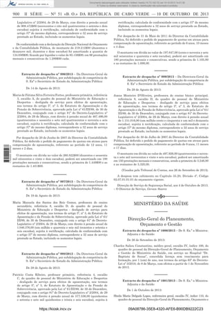 Documento descarregado pelo utilizador Adilson Varela (10.73.102.72) em 10-10-2013 14:01:30.
© Todos os direitos reservados. A cópia ou distribuição não autorizada é proibida.

900

II SÉRIE — NO 51 «B. O.» DA REPÚBLICA DE CABO VERDE — 10 DE OUTUBRO DE 2013

Legislativo nº 2/2004, de 29 de Março, com direito a pensão anual
de 908.472$00 (novecentos e oito mil quatrocentos e setenta e dois
escudos) sujeita à rectiﬁcação, calculada de conformidade com o
artigo 37º do mesmo diploma, correspondente a 32 anos de serviço
prestado ao Estado, incluindo os aumentos legais.
De conformidade com a declaração da Direcção Nacional do Orçamento
e da Contabilidade Pública, do montante de 219.212$00 (duzentos e
dezanove mil, duzentos e doze escudos) foi amortizado a quantia de
134.056$00, ﬁcando por liquidar o valor de 85.156$00, em 66 prestações
mensais e consecutivas de 1.289$00 cada.

––––––
Extracto de despacho nº 996/2013 – Da Directora-Geral da
Administração Pública, por subdelegação de competência de
S. Exª o Secretário de Estado da Administração Pública:
De 14 de Agosto de 2013:

rectiﬁcação, calculada de conformidade com o artigo 37º do mesmo
diploma, correspondente a 32 anos de serviço prestado ao Estado,
incluindo os aumentos legais.
Por despacho de 31 de Maio de 2011 do Director da Contabilidade
Pública, foi deferido o pedido de pagamento de quotas em atraso para
compensação de aposentação, referente ao período de 6 anos, 10 meses
e 4 dias.
O montante em dívida no valor de 197.647,00 (cento e noventa e sete
mil seiscentos e quarenta e sete escudos), poderá ser amortizado em
180 prestações mensais e consecutivas, sendo a primeira de 1.105,00
e as restantes de 1.098,00.

––––––
Extracto de despacho nº 999/2013 – Da Directora-Geral da
Administração Pública, por subdelegação de competência de
S. Exª o Secretário de Estado da Administração Pública:
De 29 de Agosto de 2013:

1 752000 005433

Maria de Fátima Silva Ferreira Fortes, professora primária, referência
3, escalão A, do quadro de pessoal do Ministério de Educação e
Desportos - desligada de serviço para efeitos de aposentação,
nos termos do artigo 5º, nº 3, do Estatuto de Aposentação e da
Pensão de Sobrevivência, aprovado pela Lei nº 61/III/89, de 30 de
Dezembro, conjugado com o artigo 81º do Decreto-Legislativo nº
2/2004, de 29 de Março, com direito à pensão anual de 467.496,00
(quatrocentos e sessenta e sete mil quatrocentos e noventa e seis
escudos), sujeita à rectiﬁcação, calculada de conformidade com o
artigo 37º do mesmo diploma, correspondente a 32 anos de serviço
prestado ao Estado, incluindo os aumentos legais.

Joana Monteiro D’Oliveira, professora do ensino básico principal,
referência 8, escalão D, do quadro de pessoal do Ministério
de Educação e Desportos - desligado de serviço para efeitos
de aposentação, nos termos do artigo 5º, nº 3, do Estatuto de
Aposentação e da Pensão de Sobrevivência, aprovado pela Lei nº 61/
III/89, de 30 de Dezembro, conjugado com o artigo 81º do DecretoLegislativo nº 2/2004, de 29 de Março, com direito à pensão anual
de 1.151.016,00 (um milhão cento e cinquenta e um mil e dezasseis
escudos), sujeita à rectiﬁcação, calculada de conformidade com o
artigo 37º do mesmo diploma, correspondente a 32 anos de serviço
prestado ao Estado, incluindo os aumentos legais.

Por despacho de 20 de Junho de 2007 do Director da Contabilidade
Pública, foi deferido o pedido de pagamento de quotas em atraso para
compensação de aposentação, referente ao período de 12 anos, 11
meses e 2 dias.

Por despacho de 30 de Julho de 2007 do Director da Contabilidade
Pública, foi deferido o pedido de pagamento de quotas em atraso para
compensação de aposentação, referente ao período de 8 anos, 11 meses
e 17 dias.

O montante em dívida no valor de 260.822$00 (duzentos e sessenta
mil oitocentos e vinte e dois escudos), poderá ser amortizado em 180
prestações mensais e consecutivas, sendo a primeira de 1.449$00 e as
restantes de 1.451$00.

––––––
Extracto de despacho nº 997/2013 – Da Directora-Geral da
Administração Pública, por subdelegação de competência de
S. Exª o Secretário de Estado da Administração Pública:
De 19 de Agosto de 2013:
Maria Manuela dos Santos dos Reis Gomes, professora do ensino
secundário, referência 8, escalão D, do quadro de pessoal do
Ministério de Educação e Desportos - desligado de serviço para
efeitos de aposentação, nos termos do artigo 5º, nº 3, do Estatuto de
Aposentação e da Pensão de Sobrevivência, aprovado pela Lei nº 61/
III/89, de 30 de Dezembro, conjugado com o artigo 81º do DecretoLegislativo nº 2/2004, de 29 de Março, com direito à pensão anual de
1.046.376,00 (um milhão e quarenta e seis mil trezentos e setenta e
seis escudos), sujeita à rectiﬁcação, calculada de conformidade com
o artigo 37º do mesmo diploma, correspondente a 32 anos de serviço
prestado ao Estado, incluindo os aumentos legais.

––––––
Extracto de despacho nº 998/2013 – Da Directora-Geral da
Administração Pública, por subdelegação de competência de
S. Exª o Secretário de Estado da Administração Pública:
De 29 de Agosto de 2013:
Patrício Costa Ribeiro, professor primário, referência 4, escalão
C, do quadro de pessoal do Ministério de Educação e Desportos
- desligado de serviço para efeitos de aposentação, nos termos
do artigo 5º, nº 3, do Estatuto de Aposentação e da Pensão de
Sobrevivência, aprovado pela Lei nº 61/III/89, de 30 de Dezembro,
conjugado com o artigo 81º do Decreto-Legislativo nº 2/2004, de 29
de Março, com direito à pensão anual de 577.536,00 (quinhentos
e setenta e sete mil quinhentos e trinta e seis escudos), sujeita à

https://kiosk.incv.cv

O montante em dívida no valor de 497.926,00 (quatrocentos e noventa e sete mil novecentos e vinte e seis escudos), poderá ser amortizado
em 150 prestações mensais e consecutivas, sendo a primeira de 3.246,00
e as restantes de 3.320,00.
(Visados pelo Tribunal de Contas, aos 26 de Setembro de 2013).
A despesa tem cabimento no Capítulo 35.20, Divisão 4º, Código
02.07.01.01.01 do orçamento vigente.
Direcção de Serviço de Segurança Social, aos 4 de Outubro de 2013.
– O Director de Serviço, Gerson Soares

––––––o§o––––––
MINISTÉRIO DA SAÚDE
––––––
Direcção-Geral do Planeamento,
Orçamento e Gestão
Extracto do despacho nº 1000/2013 – De S. Ex.ª a MinistraAdjunta e da Saúde:
De 26 de Setembro de 2013:
Charles Saliou Constantino, médico geral, escalão IV, índice 100, do
quadro de pessoal da Direcção-Geral de Planeamento, Orçamento
e Gestão do Ministério da Saúde, em serviço no Hospital “Dr.
Baptista de Sousa”, concedida licença sem vencimento para
formação, por 1 (um) de ano, nos termos do artigo 65º do DecretoLei nº 3/2010, de 8 de Março, com efeitos a partir de 1 de Novembro
de 2013.

––––––
Extracto do despacho nº 1001/2013 – De S. Ex.ª a MinistraAdjunta e da Saúde:
De 1 de Outubro de 2013:
Sheila Maria Delgado Lopes, enfermeira geral, escalão IV, índice 110, do
quadro de pessoal da Direcção-Geral do Planeamento, Orçamento e

09A08786-35E8-4320-AFE6-B90DB9222C23

 