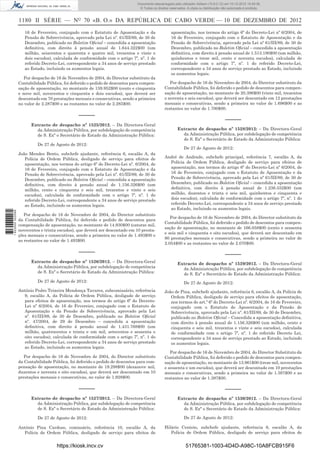 1180 II SÉRIE — NO
70 «B. O.» DA REPÚBLICA DE CABO VERDE — 10 DE DEZEMBRO DE 2012
16 de Fevereiro, conjugado com o Estatuto de Aposentação e da
Pensão de Sobrevivência, aprovado pela Lei nº. 61/III/89, de 30 de
Dezembro, publicado no Boletim Oﬁcial – concedida a aposentação
deﬁnitiva, com direito à pensão anual de 1.644.322$00 (um
milhão, seiscentos e quarenta e quatro mil, trezentos e vinte e
dois escudos), calculada de conformidade com o artigo 7º, nº. 1 do
referido Decreto-Lei, correspondente a 34 anos de serviço prestado
ao Estado, incluindo os aumentos legais.
Por despacho de 16 de Novembro de 2004, do Director substituto da
Contabilidade Pública, foi deferido o pedido de descontos para compen-
sação de aposentação, no montante de 159.952$00 (cento e cinquenta
e nove mil, novecentos e cinquenta e dois escudos), que deverá ser
descontado em 70 prestações mensais e consecutivas, sendo a primeira
no valor de 2.287$00 e as restantes no valor de 2.285$00.
–––––
Extracto de despacho nº 1525/2012. – Da Directora-Geral
da Administração Pública, por subdelegação de competência
de S. Exª o Secretário de Estado da Administração Pública:
De 27 de Agosto de 2012:
João Mendes Bento, subchefe ajudante, referência 6, escalão A, da
Polícia de Ordem Pública, desligado de serviço para efeitos de
aposentação, nos termos do artigo 6º do Decreto-Lei nº. 6/2004, de
16 de Fevereiro, conjugado com o Estatuto de Aposentação e da
Pensão de Sobrevivência, aprovado pela Lei nº. 61/III/89, de 30 de
Dezembro, publicado no Boletim Oﬁcial – concedida a aposentação
deﬁnitiva, com direito à pensão anual de 1.156.326$00 (um
milhão, cento e cinquenta e seis mil, trezentos e vinte e seis
escudos), calculada de conformidade com o artigo 7º, nº. 1 do
referido Decreto-Lei, correspondente a 34 anos de serviço prestado
ao Estado, incluindo os aumentos legais.
Por despacho de 16 de Novembro de 2004, do Director substituto
da Contabilidade Pública, foi deferido o pedido de descontos para
compensação de aposentação, no montante de 14.930$00 (catorze mil,
novecentos e trinta escudos), que deverá ser descontado em 10 presta-
ções mensais e consecutivas, sendo a primeira no valor de 1.493$00 e
as restantes no valor de 1.493$00.
–––––
Extracto de despacho nº 1526/2012. – Da Directora-Geral
da Administração Pública, por subdelegação de competência
de S. Exª o Secretário de Estado da Administração Pública:
De 27 de Agosto de 2012:
António Pedro Teixeira Mendonça Tavares, subcomissário, referência
9, escalão A, da Polícia de Ordem Pública, desligado de serviço
para efeitos de aposentação, nos termos do artigo 6º do Decreto-
Lei nº 6/2004, de 16 de Fevereiro, conjugado com o Estatuto de
Aposentação e da Pensão de Sobrevivência, aprovado pela Lei
nº. 61/III/89, de 30 de Dezembro, publicado no Boletim Oﬁcial
nº. 47/2004, de 29 de Dezembro – concedida a aposentação
deﬁnitiva, com direito à pensão anual de 1.431.768$00 (um
milhão, quatrocentos e trinta e um mil, setecentos e sessenta e
oito escudos), calculada de conformidade com o artigo 7º, nº. 1 do
referido Decreto-Lei, correspondente a 34 anos de serviço prestado
ao Estado, incluindo os aumentos legais.
Por despacho de 16 de Novembro de 2004, do Director substituto
da Contabilidade Pública, foi deferido o pedido de descontos para com-
pensação de aposentação, no montante de 19.298$00 (dezanove mil,
duzentos e noventa e oito escudos), que deverá ser descontado em 10
prestações mensais e consecutivas, no valor de 1.928$00.
–––––
Extracto de despacho nº 1527/2012. – Da Directora-Geral
da Administração Pública, por subdelegação de competência
de S. Exª o Secretário de Estado da Administração Pública:
De 27 de Agosto de 2012:
António Pina Cardoso, comissário, referência 10, escalão A, da
Polícia de Ordem Pública, desligado de serviço para efeitos de
aposentação, nos termos do artigo 6º do Decreto-Lei nº 6/2004, de
16 de Fevereiro, conjugado com o Estatuto de Aposentação e da
Pensão de Sobrevivência, aprovado pela Lei nº 61/III/89, de 30 de
Dezembro, publicado no Boletim Oﬁcial – concedida a aposentação
deﬁnitiva, com direito à pensão anual de 1.513.190$00 (um milhão,
quinhentos e treze mil, cento e noventa escudos), calculada de
conformidade com o artigo 7º, nº. 1 do referido Decreto-Lei,
correspondente a 34 anos de serviço prestado ao Estado, incluindo
os aumentos legais.
Por despacho de 16 de Novembro de 2004, do Director substituto da
Contabilidade Pública, foi deferido o pedido de descontos para compen-
sação de aposentação, no montante de 20.396$00 (vinte mil, trezentos
e noventa e seis escudos), que deverá ser descontado em 12 prestações
mensais e consecutivas, sendo a primeira no valor de 1.696$00 e as
restantes no valor de 1.700$00.
–––––
Extracto de despacho nº 1528/2012: – Da Directora-Geral
da Administração Pública, por subdelegação de competência
de S. Exª o Secretário de Estado da Administração Pública:
De 27 de Agosto de 2012:
André de Andrade, subchefe principal, referência 7, escalão A, da
Polícia de Ordem Pública, desligado de serviço para efeitos de
aposentação, nos termos do artigo 6º do Decreto-Lei nº 6/2004, de
16 de Fevereiro, conjugado com o Estatuto de Aposentação e da
Pensão de Sobrevivência, aprovado pela Lei nº 61/III/89, de 30 de
Dezembro, publicado no Boletim Oﬁcial – concedida a aposentação
deﬁnitiva, com direito à pensão anual de 1.236.552$00 (um
milhão, duzentos e trinta e seis mil, quinhentos e cinquenta e
dois escudos), calculada de conformidade com o artigo 7º, nº. 1 do
referido Decreto-Lei, correspondente a 34 anos de serviço prestado
ao Estado, incluindo os aumentos legais.
Por despacho de 16 de Novembro de 2004, do Director substituto da
Contabilidade Pública, foi deferido o pedido de descontos para compen-
sação de aposentação, no montante de 166.058$00 (cento e sessenta
e seis mil e cinquenta e oito escudos), que deverá ser descontado em
80 prestações mensais e consecutivas, sendo a primeira no valor de
2.054$00 e as restantes no valor de 2.070$00.
–––––
Extracto de despacho nº 1529/2012. – Da Directora-Geral
da Administração Pública, por subdelegação de competência
de S. Exª o Secretário de Estado da Administração Pública:
De 27 de Agosto de 2012:
João de Pina, subchefe ajudante, referência 6, escalão A, da Polícia de
Ordem Pública, desligado de serviço para efeitos de aposentação,
nos termos do art.º 6º do Decreto-Lei nº. 6/2004, de 16 de Fevereiro,
conjugado com o Estatuto de Aposentação e da Pensão de
Sobrevivência, aprovado pela Lei nº. 61/III/89, de 30 de Dezembro,
publicado no Boletim Oﬁcial – Concedida a aposentação deﬁnitiva,
com direito à pensão anual de 1.156.326$00 (um milhão, cento e
cinquenta e seis mil, trezentos e vinte e seis escudos), calculada
de conformidade com o artigo 7º, nº. 1 do referido Decreto Lei,
correspondente a 34 anos de serviço prestado ao Estado, incluindo
os aumentos legais.
Por despacho de 16 de Novembro de 2004, do Director Substituto da
Contabilidade Pública, foi deferido o pedido de descontos para compen-
sação de aposentação, no montante de 13.961$00 (treze mil, novecentos
e sessenta e um escudos), que deverá ser descontado em 10 prestações
mensais e consecutivas, sendo a primeira no valor de 1.397$00 e as
restantes no valor de 1.397$00.
–––––
Extracto de despacho nº 1530/2012. – Da Directora-Geral
da Administração Pública, por subdelegação de competência
de S. Exª o Secretário de Estado da Administração Pública:
De 27 de Agosto de 2012:
Hilário Centeio, subchefe ajudante, referência 6, escalão A, da
Polícia de Ordem Pública, desligado de serviço para efeitos de
https://kiosk.incv.cv 51765381-1003-4D4D-A98C-10A8FCB915F6
Documento descarregado pelo utilizador Adilson (10.8.0.12) em 10-12-2012 15:49:36.
© Todos os direitos reservados. A cópia ou distribuição não autorizada é proibida.
1623000002089
 