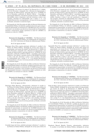 II SÉRIE — NO
70 «B. O.» DA REPÚBLICA DE CABO VERDE — 10 DE DEZEMBRO DE 2012 1181
aposentação, nos termos do artigo 6º do Decreto-Lei nº. 6/2004,
de 16 de Fevereiro, conjugado com o Estatuto de Aposentação e
da Pensão de Sobrevivência, aprovado pela Lei nº. 61/III/89, de
30 de Dezembro, publicado no Boletim Oﬁcial – Concedida a
aposentação deﬁnitiva, com direito à pensão anual de 1.156.326$00
(um milhão, cento e cinquenta e seis mil, trezentos e vinte e seis
escudos), calculada de conformidade com o artigo 7º, nº. 1 do
referido Decreto-Lei, correspondente a 34 anos de serviço prestado
ao Estado, incluindo os aumentos legais.
Por despacho de 16 de Novembro de 2004, do Director Substituto da
Contabilidade Pública, foi deferido o pedido de descontos para compen-
sação de aposentação, no montante de 13.961$00 (treze mil, novecentos
e sessenta e um escudos), que deverá ser descontado em 10 prestações
mensais e consecutivas, sendo a primeira no valor de 1.397$00 e as
restantes no valor de 1.396$00.
–––––
Extracto de despacho nº 1531/2012. – Da Directora-Geral
da Administração Pública, por subdelegação de competência
de S. Exª o Secretário de Estado da Administração Pública:
De 27 de Agosto de 2012:
Domingos Alves Silva, agente principal, referência 3, escalão A, da
Polícia de Ordem Pública, desligado de serviço para efeitos de
aposentação, nos termos do artigo 6º do Decreto-Lei nº. 6/2004, de
16 de Fevereiro, conjugado com o Estatuto de Aposentação e da
Pensão de Sobrevivência, aprovado pela Lei nº. 61/III/89, de 30 de
Dezembro, publicado no Boletim Oﬁcial – concedida a aposentação
deﬁnitiva, com direito à pensão anual de 828.825$00 (oitocentos
e vinte e oito mil, oitocentos e vinte e cinco escudos), calculada
de conformidade com o artigo 7º, nº. 1 do referido Decreto-Lei,
correspondente a 34 anos de serviço prestado ao Estado, incluindo
os aumentos legais.
Por despacho de 16 de Novembro de 2004, do Director Substituto
da Contabilidade Pública, foi deferido o pedido de descontos para com-
pensação de aposentação, no montante de 57.845$00 (cinquenta e sete
mil, oitocentos e quarenta e cinco escudos), que deverá ser descontado
em 30 prestações mensais e consecutivas, sendo a primeira no valor
de 1.933$00 e as restantes no valor de 1.928$00.
–––––
Extracto de despacho nº 1532/2012. – Da Directora-Geral
da Administração Pública, por subdelegação de competência
de S. Exª o Secretário de Estado da Administração Pública:
De 27 de Agosto de 2012:
Domingos Filipe Monteiro, subcomissário, referência 9, escalão A,
da Polícia de Ordem Pública, desligado de serviço para efeitos de
aposentação, nos termos do artigo 6º. do Decreto-Lei nº. 6/2004,
de 16 de Fevereiro, conjugado com o Estatuto de Aposentação e
da Pensão de Sobrevivência, aprovado pela Lei nº. 61/III/89, de
30 de Dezembro, publicado no Boletim Oﬁcial nº. 47/2004, de 29
de Dezembro – concedida a aposentação deﬁnitiva, com direito
à pensão anual de 1.431.767$00 (um milhão, quatrocentos e
trinta e um mil, setecentos e sessenta e sete escudos), calculada
de conformidade com o artigo 7º, nº. 1 do referido Decreto-Lei,
correspondente a 34 anos de serviço prestado ao Estado, incluindo
os aumentos legais.
Por despacho de 16 de Novembro de 2004, do Director Substituto
da Contabilidade Pública, foi deferido o pedido de descontos para com-
pensação de aposentação, no montante de 19.298$00 (dezanove mil,
duzentos e noventa e oito escudos), que deverá ser descontado em 10
prestações mensais e consecutivas, no valor de 1.928$00.
–––––
Extracto de despacho nº 1533/2012. – Da Directora-Geral
da Administração Pública, por subdelegação de competência
de S. Exª o Secretário de Estado da Administração Pública:
De 27 de Agosto de 2012:
Custódio Lopes da Costa, subchefe principal, referência 7, escalão A,
da Polícia de Ordem Pública, desligado de serviço para efeitos de
aposentação, nos termos do art.º 6º do Decreto-Lei nº. 6/2004, de
16 de Fevereiro, conjugado com o Estatuto de Aposentação e da
Pensão de Sobrevivência, aprovado pela Lei nº. 61/III/89, de 30 de
Dezembro, publicado no Boletim Oﬁcial – concedida a aposentação
deﬁnitiva, com direito à pensão anual de 1.236.553$00 (um
milhão, duzentos e trinta e seis mil, quinhentos e cinquenta e
três escudos), calculada de conformidade com o artigo 7º, nº. 1 do
referido Decreto Lei, correspondente a 34 anos e serviço prestado
ao Estado, incluindo os aumentos legais.
Por despacho de 16 de Novembro de 2004, do Director Substituto
da Contabilidade Pública, foi deferido o pedido de descontos para
compensação de aposentação, no montante de 14.930$00 (catorze mil,
novecentos e trinta escudos), que deverá ser descontado em 10 presta-
ções mensais e consecutivas, no valor de 1.493$00.
–––––
Extracto de despacho nº 1534/2012. – Da Directora-Geral
da Administração Pública, por subdelegação de competência
de S. Exª o Secretário de Estado da Administração Pública:
De 27 de Agosto de 2012:
Aguinaldo Pinto Vaz, subchefe principal, referência 7, escalão A, da
Polícia de Ordem Pública, desligado de serviço para efeitos de
aposentação, nos termos do art.º 6º do Decreto-Lei nº. 6/2004, de
16 de Fevereiro, conjugado com o Estatuto de Aposentação e da
Pensão de Sobrevivência, aprovado pela Lei nº. 61/III/89, de 30 de
Dezembro, publicado no Boletim Oﬁcial – concedida a aposentação
deﬁnitiva, com direito à pensão anual de 1.236.553$00 (um
milhão, duzentos e trinta e seis mil, quinhentos e cinquenta e
três escudos), calculada de conformidade com o artigo 7º, nº. 1 do
referido Decreto-Lei, correspondente a 34 anos de serviço prestado
ao Estado, incluindo os aumentos legais.
Por despacho de 16 de Novembro de 2004, do Director Substituto
da Contabilidade Pública, foi deferido o pedido de descontos para
compensação de aposentação, no montante de 14.930$00 (catorze mil,
novecentos e trinta escudos), que deverá ser descontado em 10 presta-
ções mensais e consecutivas, no valor de 1.493$00.
–––––
Extracto de despacho nº 1535/2012. – Da Directora-Geral
da Administração Pública, por subdelegação de competência
de S. Exª o Secretário de Estado da Administração Pública:
De 27 de Agosto de 2012:
Pedro da Silva, agente principal, referência 6, escalão A, da Polícia de
Ordem Pública, desligado de serviço para efeitos de aposentação,
nos termos do artigo 6º do Decreto-Lei nº. 6/2004, de 16 de
Fevereiro, conjugado com o Estatuto de Aposentação e da Pensão de
Sobrevivência, aprovado pela Lei nº. 61/III/89, de 30 de Dezembro,
publicado no Boletim Oﬁcial – concedida a aposentação deﬁnitiva,
com direito à pensão anual de 964.812$00 (novecentos e sessenta e
quatro mil, oitocentos e doze escudos), calculada de conformidade
com o artigo 7º, nº. 1 do referido Decreto-Lei, correspondente a 34
anos de serviço prestado ao Estado, incluindo os aumentos legais.
Por despacho de 16 de Novembro de 2004, do Director Substituto
da Contabilidade Pública, foi deferido o pedido de descontos para
compensação de aposentação, no montante de 347.687$00 (trezentos e
quarenta e sete mil, seiscentos e oitenta e sete escudos), que deverá ser
descontado em 120 prestações mensais e consecutivas, sendo a primeira
no valor de 2.944$00 e as restantes no valor de 2.897$00.
–––––
Extracto de despacho nº 1536/2012. – Da Directora-Geral
da Administração Pública, por subdelegação de competência
de S. Exª o Secretário de Estado da Administração Pública:
De 27 de Agosto de 2012:
Humberto Manuel Mendes Teixeira, subcomissário, referência
9, escalão A, da Polícia de Ordem Pública, desligado de serviço
https://kiosk.incv.cv 51765381-1003-4D4D-A98C-10A8FCB915F6
Documento descarregado pelo utilizador Adilson (10.8.0.12) em 10-12-2012 15:49:36.
© Todos os direitos reservados. A cópia ou distribuição não autorizada é proibida.
1623000002089
 