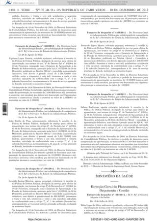 1186 II SÉRIE — NO
70 «B. O.» DA REPÚBLICA DE CABO VERDE — 10 DE DEZEMBRO DE 2012
milhão, duzentos e trinta e seis mil, quinhentos e quarenta
escudos), calculada de conformidade com o artigo 7º, nº. 1 do
referido Decreto-Lei, correspondente a 34 anos de serviço prestado
ao Estado, incluindo os aumentos legais.
Por despacho de 16 de Novembro de 2004, do Director Substituto
da Contabilidade Pública, foi deferido o pedido de descontos para
compensação de aposentação, no montante de 14.930$00 (catorze mil,
novecentos e trinta escudos), que deverá ser descontado em 10 presta-
ções mensais e consecutivas, de 1.493$00.
–––––
Extracto de despacho nº 1562/2012. – Da Directora-Geral
da Administração Pública, por subdelegação de competência
de S. Exª o Secretário de Estado da Administração Pública:
De 29 de Agosto de 2012:
Cipriano Lopes Correia, subchefe ajudante, referência 6, escalão A,
da Polícia de Ordem Pública, desligado de serviço para efeitos de
aposentação, nos termos do art.º 6º do Decreto-Lei nº. 6/2004, de
16 de Fevereiro, conjugado com o Estatuto de Aposentação e da
Pensão de Sobrevivência, aprovado pela Lei nº. 61/III/89, de 30 de
Dezembro, publicado no Boletim Oﬁcial – concedida a aposentação
deﬁnitiva, com direito à pensão anual de 1.156.326$00 (um
milhão, cento e cinquenta e seis mil, trezentos e vinte e seis
escudos), calculada de conformidade com o artigo 7º, nº. 1 do
referido Decreto-Lei, correspondente a 34 anos de serviço prestado
ao Estado, incluindo os aumentos legais.
Por despacho de 16 de Novembro de 2004, do Director Substituto da
Contabilidade Pública, foi deferido o pedido de descontos para compen-
sação de aposentação, no montante de 13.961$00 (treze mil, novecentos
e sessenta e um escudos), que deverá ser descontado em 10 prestações
mensais e consecutivas, sendo a primeira no valor de 1.397$00 e as
restantes no valor de 1.396$00.
–––––
Extracto de despacho nº 1563/2012. – Da Directora-Geral
da Administração Pública, por subdelegação de competência
de S. Exª o Secretário de Estado da Administração Pública:
De 29 de Agosto de 2012:
João Emílio de Pina, subcomissário, referência 9, escalão A, da
Polícia de Ordem Pública, desligado de serviço para efeitos de
aposentação, nos termos do artigo 6º. do Decreto-Lei nº. 6/2004,
de 16 de Fevereiro, conjugado com o Estatuto de Aposentação e da
Pensão de Sobrevivência, aprovado pela Lei nº. 61/III/89, de 30 de
Dezembro, publicado no Boletim Oﬁcial – concedida a aposentação
deﬁnitiva, com direito à pensão anual de 1.431.780$00 (um
milhão, quatrocentos e trinta e um mil, setecentos e oitenta
escudos), calculada de conformidade com o artigo 7º, nº. 1 do
referido Decreto-Lei, correspondente a 34 anos de serviço prestado
ao Estado, incluindo os aumentos legais.
Por despacho de 16 de Novembro de 2004, do Director Substituto
da Contabilidade Pública, foi deferido o pedido de descontos para com-
pensação de aposentação, no montante de 19.298$00 (dezanove mil,
duzentos e noventa e oito escudos), que deverá ser descontado em 10
prestações mensais e consecutivas, no valor de 1.928$00.
–––––
Extracto de despacho nº 1564/2012. – Da Directora-Geral
da Administração Pública, por subdelegação de competência
de S. Exª o Secretário de Estado da Administração Pública:
De 29 de Agosto de 2012:
Arnaldo Ramos Moreira, agente principal, referência 3, escalão A,
da Polícia de Ordem Pública, desligado de serviço para efeitos de
aposentação, nos termos do artigo 6º do Decreto-Lei nº. 6/2004, de
16 de Fevereiro, conjugado com o Estatuto de Aposentação e da
Pensão de Sobrevivência, aprovado pela Lei nº. 61/III/89, de 30 de
Dezembro, publicado no Boletim Oﬁcial – concedida a aposentação
deﬁnitiva, com direito à pensão anual de 828.828$00 (oitocentos
e vinte e oito mil, oitocentos e vinte e oito escudos), calculada
de conformidade com o artigo 7º, nº. 1 do referido Decreto-Lei,
correspondente a 34 anos de serviço prestado ao Estado, incluindo
os aumentos legais.
Por despacho de 16 de Novembro de 2004, do Director Substituto
da Contabilidade Pública, foi deferido o pedido de descontos para
compensação de aposentação, no montante de 10.007$00 (dez mil e
sete escudos), que deverá ser descontado em 10 prestações mensais e
consecutivas, sendo a primeira no valor de 1.667$00 e as restantes no
valor de 1.667$00.
–––––
Extracto de despacho nº 1565/2012. – Da Directora-Geral
da Administração Pública, por subdelegação de competência
de S. Exª o Secretário de Estado da Administração Pública:
De 29 de Agosto de 2012:
Fernando Lopes Afonso, subchefe principal, referência 7, escalão A,
da Polícia de Ordem Pública, desligado de serviço para efeitos de
aposentação, nos termos do artigo 6º do Decreto-Lei nº. 6/2004,
de 16 de Fevereiro, conjugado com o Estatuto de Aposentação e
da Pensão de Sobrevivência, aprovado pela Lei nº. 61/III/89, de
30 de Dezembro, publicado no Boletim Oﬁcial – Concedida a
aposentação deﬁnitiva, com direito à pensão anual de 1.236.553$00
(um milhão, duzentos e trinta e seis mil, quinhentos e cinquenta
e três escudos), calculada de conformidade com o artigo 7º, nº.
1 do referido Decreto-Lei , correspondente a 34 anos de serviço
prestado ao Estado, incluindo os aumentos legais.
Por despacho de 16 de Novembro de 2004, do Director Substituto
da Contabilidade Pública, foi deferido o pedido de descontos para
compensação de aposentação, no montante de 14.930$00 (catorze mil,
novecentos e trinta escudos), que deverá ser descontado em 10 presta-
ções mensais e consecutivas, no valor de 1.493$00.
–––––
Extracto de despacho nº 1566/2012. – Da Directora-Geral
da Administração Pública, por subdelegação de competência
de S. Exª o Secretário de Estado da Administração Pública:
De 29 de Agosto de 2012:
Sabino Rodrigues, agente principal, referência 3, escalão A, da
Polícia de Ordem Pública, desligado de serviço para efeitos de
aposentação, nos termos do artigo 6º. do Decreto-Lei nº. 6/2004,
de 16 de Fevereiro, conjugado com o Estatuto de Aposentação e da
Pensão de Sobrevivência, aprovado pela Lei nº. 61/III/89, de 30 de
Dezembro, publicado na II Série do Boletim Oﬁcial – concedida a
aposentação deﬁnitiva, com direito à pensão anual de 828.811$00
(oitocentos e vinte e oito mil, oitocentos e onze escudos), calculada
de conformidade com o artigo 7º, nº. 1 do referido Decreto-Lei,
correspondente a 34 anos de serviço prestado ao Estado, incluindo
os aumentos legais.
Por despacho de 16 de Novembro de 2004, do Director Substituto
da Contabilidade Pública, foi deferido o pedido de descontos para
compensação de aposentação, no montante de 347.687$00 (trezentos e
quarenta e sete mil, seiscentos e oitenta e sete escudos), que deverá ser
descontado em 120 prestações mensais e consecutivas, sendo a primeira
no valor de 2.944$00 e as restantes no valor de 2.897$00.
(Visados pelo Tribunal de Contas, em 8 de Novembro de 2012).
A despesa tem cabimento na dotação inscrita no Cap. 30.20, Div.
04, Cód. 03.05.03.01.01 do Orçamento vigente.
Direcção-Geral da Administração Pública, na Praia, aos 19 de Novembro
de 2012. – O Director de Serviço de Segurança Social, Gerson Soares
––––––o§o–––––––
MINISTÉRO DA SAÚDE
–––––
Direcção-Geral do Planeamento,
Orçamento e Gestão
Extracto do despacho nº 1567/2012. – De S. Exª a Ministra
Adjunta e da Saúde:
De 16 de Julho de 2012:
Edite Lopes da Silva, enfermeira graduada, referencia IV, índice 160,
em situação de licença sem vencimento para formação, autorizada
o regresso ao serviço ao abrigo do artigo nº 53º do Decreto-Lei nº
3/2010, de 8 de Março.
https://kiosk.incv.cv 51765381-1003-4D4D-A98C-10A8FCB915F6
Documento descarregado pelo utilizador Adilson (10.8.0.12) em 10-12-2012 15:49:36.
© Todos os direitos reservados. A cópia ou distribuição não autorizada é proibida.
1623000002089
 